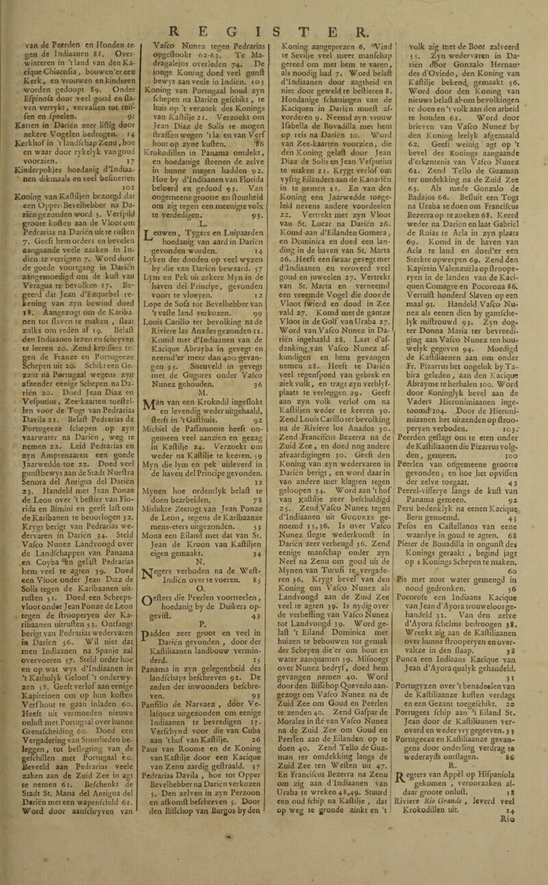 van de Pcerden en Honden te¬ gen de Indiaanen 88, Over¬ winteren in ’tland van den Ka- cíqueChiacoíia, bouwen’ereen Kerk, en vrouwen en kinderen worden gedoopt 89. Onder Efpinofa door veel goud en fla- ven verrykt, vervallen tot tuif- fen en fpeelen. Katten in Darien zeer liilig door zekere Vogelen bedrogen. 14 Kerkhof' in ’t landfchap Zenu , hoe en waar door rykelyk van goud voorzien. 3 7 Kinderpokjes hoedanig d’Indiaa- nen dikmaals en veel befmetten 102 Koning van Kaftiljen bezorgd dat een Oppcr-Bevelhebber na Da¬ rien gezonden word 5. Verfpild groote koften aan de Vloot om Pedrarias na Darien uit te ruften 7. Geeft hemorders en bevelen aangaande veele zaaken in In¬ dien te verrigten 7. Word door de goede voortgang in Darien aangemoedigd om de kuft van Veragua te bevolken 17. Be¬ geerd dat Jean d’Ezquebel re¬ kening van zvn bewind doed 18. Aangezogt om de Kariba- nen tot ilaven te maken , flaat zulks om reden af 19. Belaft den Indiaanen lezen en fchryven te leeren 20. Zend kruifièrs te¬ gen de Franze en Portugeeze Schepen uit 20. Schikt een Ge¬ zant na Portugaal wegens zyn afzender eenige Schepen na Da¬ rien 20. Doed Jean Diaz en Vefputius, Zee-kaarten toeftel- len voor de Togt van Pedrarias Davilazi. Belaft Pedrarias de Portugeeze fchepen op zyn vaarwater na Darien , weg te nemen 22. Leid Pedrarias en zyn Amptenaaren een goede Jaarwedde toe 22. Doed veel gunftbewys aan deStadt Nueftra Señora del Antigua del Darien 23. Handeld met Jean Ponze de Leon over ’t bellier van Flo¬ rida en Bimini en geeft laft om de Karibanen te beoorlogen 3 2. Krygt berigt van Pedrarias we¬ dervaren in Darien 34. Steld Vafeo Nunez Landvoogd over de Landfchappen van Panama en Coyba en gelift Pedrarias hem veel te agten 39. Doed een Vloot onder Jean Diaz de Solis tegen de Karibaanen uit¬ ruften 51. Doed een Scheeps¬ vloot ondar Jean Ponze de Leon . tegen de ftrooperyen der Ka¬ ribaanen uitruften 5 3. Ontfangt berigt van Pedrarias wedervaren in Darien 56. Wil niet dat men Indiaanen na Spanje zal overvoeren 57. Steld order hoe en op wat wys d’Indiaanen in ’t Katholyk Geloof ’t onderwy- zen 58. Geeft verlof aan eenige Kapiteinen om op hun koften Verfhout te gaan inladen 60. Heeft uit vermoeden nieuwe onluft met Portugaal over hunne Grensfcheiding 60. Doed een Vergadering van Stuurlieden be- Jeggen, tot beflegting van de gefchillen met Portugaal <5 o. Beveeld aan Pedrarias veele zaken aan de Zuid Zee in agt te nemen 61. Befchenkt de Stadt St. Mana del Antigua del Darien met een wapenfehild 62. Word door aanfchryven van REGISTER. Vafeo Nunez tegen Pedrarias opgeftookt 62-63. Te Ma- dragalejos overleden 74. De jonge Koning doed veel gunft bewys aan veele in Indien. 105 Koning van Portugaal houd zyn fchepen na Darien gefchikt, te huis op ’t verzoek des Konings van Kaftilje2i. Verzoekt om Jean Diaz de Solis te mogen ftraften wegen ’t la en van Verf hout op zyne kuften. 86 Krokodillen in Panama ontdekt, en hoedanige fteenen de zelve in hunne magen hadden 92. Hoe by d’Indiaanen van Florida beloerd en gedood 93. Van ongemeene grootte en ftoutheid om zig tegen een meenigte volx te verdedigen. 93. L. T euwen , Tygers en Luipaarden hoedanig van aard in Darien gevonden worden. 14 Lyken der dooden op veel wyzen by die van Darien bewaard. 57 Lym en Pek uit zekere Myn in de haven del Principe, gevonden voort te vloeyen. 12 Lope de Sofa tot Bevelhebber van ’tvafte land verkozen. 99 Louis Carillo ter bevolking na de Riviere las Anades gezonden 12. Komd met d’Indiaanen van de Kacique Abrayba in gevegt en neemd’er meer dan 400 gevan¬ gen 35. Sneuveld in met de Gugures Nunez gehouden. M. gevegt O (D onder Vafeo 36 Vfan van een Krokodil ingeflokt en levendig weder uitgehaald, fterft in’tGaflhuis. 92 Michiel de Paflamonte heeft on¬ gemeen veel aanzien en gezag in Kaftilje 24. Verzoekt om weder na Kaftilje te keeren. 59 Myn die lym en pek uitleverd in de haven del Principe gevonden. 12 Mynen hoe ordentlyk belaft te doen bearbeiden. 78 Mislukte Zeetogt van Jean Ponze de Leon, tegens de Karibaanze mens-eters uitgezonden. 53 Mona een Eiland met dat van Sr. Jean de Kroon van Kaftiljen eigen gemaakt. 34 N. verboden na de Weft- Indien over te voeren. 85 O. /Refters die Pcerlen voortteelen, hoedanig by de Duikers op- gevift. 43 P. zeer groot en veel in Darien gevonden , door der Kaftiliaanen landbouw vermin¬ derd. 15 Panama in zyn gelegentheid des landfehaps befchreven 92. De zeden der inwoonders befchre- N egers padden ven. 93 Panfilio de Narvaez , door Ve- lafquez uitgezonden om eenige Indiaanen te bevredigen 13. Verfchynd voor die van Cuba aan’t hof van Kaftilje. 26 Paus van Roome en de Koning van Kaftilje door een Kacique van Zenu aardig geftraald. 37 Pedrarias Davila , hoe tot Opper Bevelhebber na Darien verkozen 5. Den zelven in zyn Perzoon en afkomft befchreven 5. Door den Biflchop van Burgos by den Koning aangeprezen 6. 'Vind te Sevilje veel meer manfehap gereed om met hem te varen, als noodig had 7. Word belaft dTndiaanen door zagtheid en niet door geweld te bellieren 8. Hoedanige fchattingen van de Kaciquen in Darien moeft af¬ vorderen 9. Neemd zyn vrouw Ifabella de Bovadilla met hem op reis na Darien 10. Word van Zee-kaarten voorzien, die den Koning gelaft door Jean Diaz de Solis en Jean Vefputius te maken 21. Krygt verlof om vyftig Eilanders aan de Kanariën in te nemen 21. En van den Koning een Jaarwedde toege¬ leid nevens andere voordeelen 22. Vertrekt met zyn Vloot van St. Lucar na Darien 26. Komd^aan d’EilandenGomera, en Dominica en doed een lan¬ ding in de haven van St. Marta 26. Heeft een fwaar gevegt met d’Indiaanen en veroverd veel goud en juweelen 27. Vertrekt van St. Marta en verneemd een vreemde Vogel die door de Vloot fwierd en dood in Zee vald 27. Komd met de gantze Vloot in de Golf van Uraba 27. Word van Vafeo Nunez in Da¬ rien ingehaald 28. Laat d’af- danking.van Vafeo Nunez af- kundigen en hem gevangen nemen 28. Heeft te Darien veel tegenfpoed van gebrek en ziek volk, en tragt zyn verblyf- plaats te verleggen 29. Geeft aan zyn volk verlof om na Kaftiljen weder te keeren 30. Zend Louis Carillo ter bevolking na de Riviere los Anados 30. Zend Francifcus Bezerra na de Zuid Zee , en doed nog andere afvaardigingen 30. Geeft den Koning van zyn wedervaren in Darien berigt, en word daar in van andere met klagten tegen geloopen 34. Word aan ’t hof van Kaftilje zeer befchuldigd 25. Zend Vafeo Nunez tegen d’Indiaanen uit Gugures ge¬ noemd 3 5> 36. Is over Vafeo Nunez flegte wederkomft in Darien zeer verheugd 36. Zend eenige manfehap onder zyn Neef na Zenit om goud uit de Mynen van Turufi te vergade- ren 36. Krygt bevel van den Koning om Vafeo Nunez als Landvoogd aan de Zuid Zee veel te agten 39. Is nydigover de verheffing van Vafeo Nunez tot Landvoogd 39. Word ge¬ laft ’t Eiland Dominica met huizen te bebouwen tot gemak der Schepen die’er om hout en water aanquamen 39. Mifnoegt over Nunez bedryf, doed hem gevangen nemen 40. Word door den Biflchop Quevedo aan¬ gezogt om Vafeo Nunez na de Zuid Zee om Goud en Peerlen te zenden 40. Zend Gafparde Morales in fté van Vafeo Nunez na de Zuid Zee om Goud en Peerlen aan de Eilanden op te doen 40. Zend Tello deGuz- man ter ontdekking langs de Zuid Zee ten Weften uit 47. En Francifcus Bezerra na Zenu om zig aan d’Indiaanen van Uraba te wreken48,49. Stuurd een oud fchip na Kaftilje , dat op weg te gronde zinkt en ’t volk zig met de Boot zalveerd 5 5. Zyn wedervaren in Da¬ rien cT&or Gonzalo Hernan- des d’Oviedo, den Koning van Kaftilje bekend, gemaakt 56. Word door den Koning van nieuws belaft al-om bevolkingen tc doen en ’t volk aan den arbeid te houden 61. Word door brieven van Vafeo NuneZ by den Koning leelyk afgemaaid 62. Geeft weinig agt op ’t bevel des Konings aangaande d’erkentenis van Vafeo Ñunez 62. Zend Tello de Guzman ter ontdekking na de Zuid Zee 63. Als mede Gonzalo de Badajos 66. Beiluit een Togt na Uraba te doen om Francifcus Bezerraop tezoeken68. Kcerd weder na Darien en laat Gabriel de Roias te Acia in zyn plaats 69. Komd in de haven van Acia te land en doed’er een Sterkte opwerpen 69. Zend den Kapitein Valenzuëla op ftroope¬ ryen in de landen van de Kaci¬ quen Comagre cn Pocoroza 86. Vertuift honderd Slaven opeen maal 91. Handeld Vafeo Nu¬ nez als eenen dien hy gantfche- lyk miftrouwd 93. Zyn dog- ter Donna Maria ter bevreedi- ging aan Vafeo Nunez ten hou- welyk gegeven 94. Moedigd de Kaftiliaenen aan om onder Fr. Pizarrushet ongeluk byTa- bira geleden, aan den Kacique Abrayme te herbalen 100. Word door Koninglyk bevel aan de Vaders Hieronimiaanen inge¬ toomd 104. Door de Hieroni¬ miaanen het uitzenden op ftroo¬ peryen verboden. J03.' Peerden geflagt om te eten onder de Kaftiliaanen die Pizarrus volg¬ den , gemeen. 100 Peerlen van ongemeene grootte gevonden; en hoe het opviflen der zelve toegaat. 4 3 Peerel-viflerye langs de kuft van Panama gemeen. 92 Peru bedenklyk na eenen Kacique Beru genoemd. 45 Pefos en Caftellanos van eene waardye in goud te agten. 68 Pieter de Bouadilla in ongunft des Konings geraakt , begind jagt op s Konings Schepen te maken. 60 Pis met zout water gemengd in nood gedronken. 56 Pocorofe een Indiaans Kacique van Jean d’Ayora trouweloos ge¬ handeld 31. Van den zelve d’Ayora fchelins bedroogen 38. Wreekt zig aan de Kaftiliaanen over hunne ftrooperyen enover- valtze in den flaap. 3 8 Ponca een Indiaans Kacique van Jean d’Ayora qualyk gehandeld. 31 Portugyzen over ’t benadeelen van de Kaftiliaanze kuften verdagt en een Gezant toegefchikt. 2c Portugees fchip aan ’t Eiland St. Jean door de Kaftiliaanen ver¬ overd en weder vrygegeeven. 3 3 Portugeeze en Kaftiliaanze gevan¬ gens door onderling verdrag ta wederzyds ontllagen. 86 R. D egters van Appèl op Hifpaniola gekomen , veroorzaken al¬ daar groote onluft. j s Riviere Rio Grande , leverd veel Krokodillen uit. 14 Rio •A