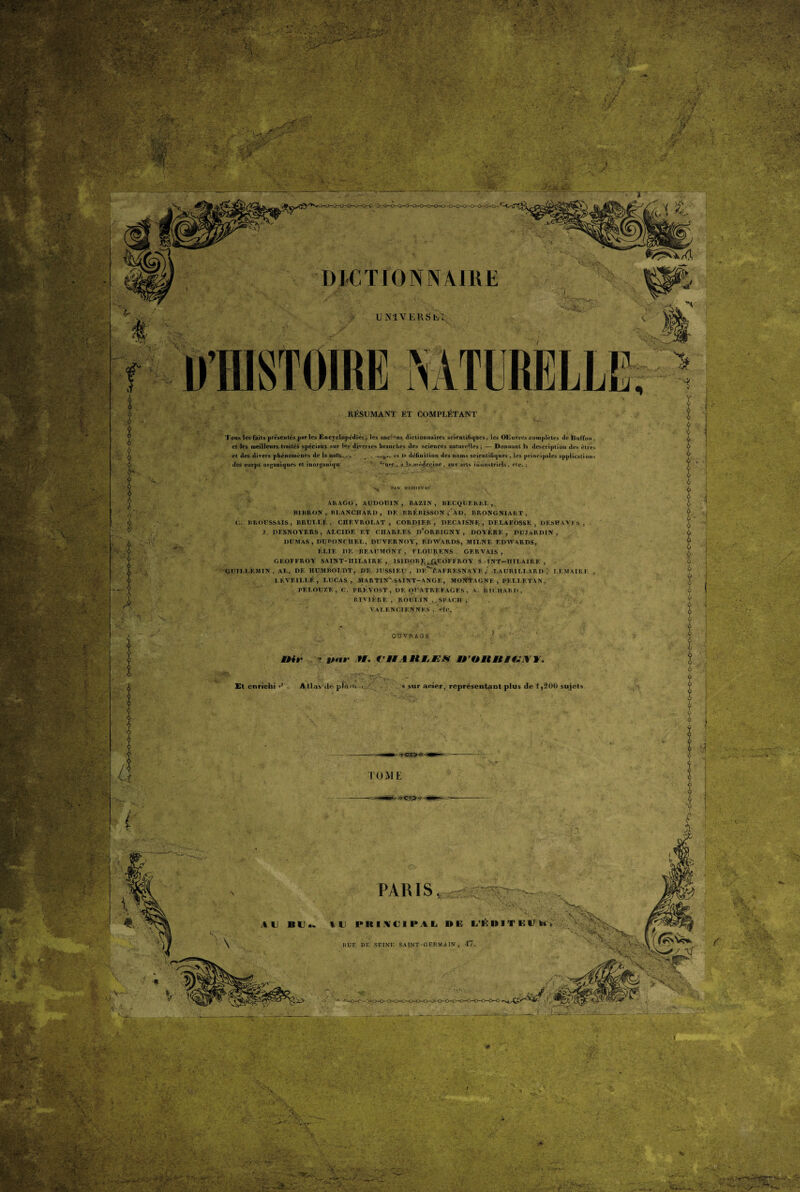 i . ■ '-w'- r , :■ : .V. • •; •■■••• « HISTOIRE NATURELLE » •» s ÿ '•,/ I-'V : • ■ •- > S r. DICTIONNAIRE universl: RÉSUMANT ET COMPLÉTANT Tous les faits présents par les Encyclopédies* les ancrons dictionnaires scientifiques , les OEuvres complètes de ltulfou , et les meilleurs traités spéciaux sur les diverses branches des sciences naturelles; -— Donnant la description des êtres et des divers phénomènes de la natu... , % -^o*v cl ,:l définition des noms scientifiques , les principales applications des corps organiques et inorganiqu v ^ttre ,, il ..h*..t»VdcjÇjne , aut arts inuustriels * etc.; P,Ut MESSIEURS ARAGO, AUDOUIN , BAZIN, BECQUEREL, BIBRON , BLANCHARD , DF. BRFBISSON ,'ÀD. BRONGNIART , C. BROUSSAIS, BRULLÉ , CHEVROLAT , CORDIF.R , DECAISNF, , DELAFOSSE , DESHAVFS , J. PESNOYERS, ALCIDE ET CHARLES D’ORBIGNY, DOYÈBE, DUJARDIN, DUMAS, DUPONCnEL, DltVERNOV, EDWARDS, MILNE EDWARDS, ÉLIE DE BEAUMONT . FI.OURENS GERVAIS , GEOFFROY SAINT-HILAIRE, lSIDORft .&EOFFROY S ' INT—HILAIRE , UUTLLF.MIN, AL. DE HUMBOLDT, DE JUSSIF.U , DK**‘T,AFR ESNAA'E ,. LAUR1LLARI),' LEMAIRE LKVEILLÉ, LUCAS , MARTINA-SATNT-ANGE, MONTAGNE , PF.LI.ETAN, PELOUZF., G. PRÉVOST, PF. OUATREFACF.S , A. RICHARD, RIVIÈRE , ROUI.IN SPACH , VALENCIENNES , *>lc. 0 U V R A G h. MHr • V»' W. VHAK WjKS Mt'OIt tti0m.Y Y. ' ' < - • Et enrichi Atl.isde plaît, , «. sur aeier, représentant plus de f |2()(t sujets l'OME PARIS Bps m 0 i2v ; K ■ ■ ■ '\ ';X. tU B U a» tU I* Il I \ C I I* A I. UK U’KHITKUk*. KUF DF. SEINE SAINT-GERMAIN, 47 f ' Pÿï. .i . : M >v .*» Ù K \ • »; /■ . * •y ■ ■ LV‘V- ;V. '■'fl ■V*?: , ... **«. ■  • V3fï$£ . yv;. : : ; :. . .. j . ••• ' - * ' A L \ ,:y ... • ■f v' \ A-, .. Ir .>