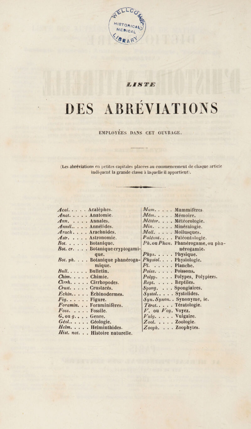 DES ÆfJSTÆ ABRÉVIATIONS EMPLOYEES DANS CET OUVRAGE. (Les abréviations en petites capitales placées au commencement de chaque article indiquent la grande classe à laquelle il appartient). Acal.Acalèphes. Anat.Anatomie. Ann.Annales. Annél.Annélides. Arach. . . . Arachnides. Astr.Astronomie. Sot.Botanique. Sot. cr. . . . Botanique cryptogami- que. Sot. ph. . . . Botanique phanéroga- mique. Sull.Bulletin. Oiirn. .... Chimie. drrh.Cirrhopodes. Crust.Crustacés. - • Echin.Echinodermes. Fig.Figure. Foramin. . . Foraminifères. Foss.Fossile. G» ou g.. . . Genre. Géol.. .... Géologie. Helm.Helminthides. Hist. nat. . . Histoire naturelle. Mam. .... Mammifères. Mèm. .... Mémoire. Météor. . . . Météorologie. Min.Minéralogie. Moll.Mollusques. Paléont. . . . Paléontologie. Ph.ou Phan. Phanérogame, ou pha~ nérogamie. Phys.Physique. Physiol. . . . Physiologie. PI.Planche. Poiss.Poissons. Polyp. . . . Polypes, Polypiers. Rept.Reptiles. Spong. . . . Spongiaires. Systol.Systolides. Syn.Synon. . Synonyme, ie. Téral.Tératologie. V. ou Foy. Voyez. Vulg.Vulgaire. Zool.Zoologie. Zooph. . . . Zoophytes.