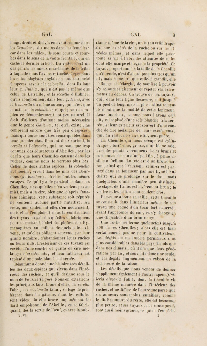 longs, droitfe et dirigés en avant coinnie dans les Orambus, du moins dans les remclles; car dans les mâles, ils sont courts et cour¬ bés dans le sens de la voûte frontale, ciui en cache le dernier article. Du reste, c’est un des genr.es les mieux caractérisés de la tribu à laquelle nous l’avons rattacbé. Cependant les entomologistes anglais en ont retranché 2 espèces, savoir ; la colonella , dont ils font leur g. Ilythia, qui n’est pas le même que celui de Latreille, et la sociella d’Hubner, qu’ils comprennent dans leur g. Melia, avec la trïbunella du môme auteur, qui n’est que le mâle de la colonellà ; ce qui prouve com¬ bien ce démembrement est peu naturel. Il était d’ailleurs d’autant moins nécessaire que le genre Galleria , tel qu’il existe, ne comprend encore que très peu d’espèces , mais qui toutes sont très remarquables dans leur premier état. 11 en est deux surtout, la cerella et Valvearia, qui ne sont que trop connues des éducateurs d’Abeilles, par les dégâts que leurs Chenilles causent dans les ruches, comme nous le verrons plus bas. Celles de deux autres espèces, la colonella et Vanella , vivent dans les nids des Bour¬ dons (g. Bomhus), où elles font les mêmes ravages. Ce qu’il y a de particulier dans ces Chenilles, c’est qu’elles n’en veulent pas au miel, mais à la cire, bien que, d’après l’ana¬ lyse chimique, cette substance soit réputée ne contenir aucune partie nutritive. Au reste, non seulement elles s’en nourrissent, mais elles l’emploient dans la construction des tuyaux ou galeries qu’elles se fabriquent pour se mettre à l’abri des piqûres des Hy¬ ménoptères au milieu desquels elles vi¬ vent, et qu’elles obligent souvent, par leur grand nombre, d’abandonner leurs ruches ou leurs nids. L’extérieur de ces tuyaux est revêtu d’une couche de grains de cire mé¬ langés d’excréments, et leur intérieur est tapissé d’une soie blanche et serrée. Réaumur a donné une histoire très détail¬ lée des deux espèces qui vivent dans l’inté¬ rieur des ruches , et qu’il désigne sous le nom de Fausses Teignes. Nous en extrairons les principaux faits. L’une d’elles, la cerella Fabr., ou mellonella Linn., se loge de pré¬ férence dans les gâteaux dont les cellules sont vides; là elle brave impunément Ic' dard empoisonné de l’Abeille , en se fabri¬ quant, dès la sortie de l’œuf, et avec la sub- T. VI. stance même de la cire, un tuyau cylindrique fixé sur les côtés de la ruche ou sur les al¬ véoles mêmes, et dans lequel elle passe toute sa vie à l’abri des atteintes de celles dont elle usurpe et dégrade la propriété. Ce tuyau, proportionné à la taille de la Chenille qu’il recèle, n’est d’abord pas plus gros qu’un fil ; mais à mesure que celle-ci grandit, elle l’allonge et l’élargit, de manière à pouvoir s’y retourner aisément et rejeter ses excré¬ ments au dehors. On trouve de ces tuyaux, qui, dans leur ligne flexueuse, ont Jusqu’à un pied de long; mais le plus ordinairement ils n’ont que la moitié de cette longueur. Leur intérieur, comme nous l’avons déjà dit, est tapissé d’une soie blanche très ser¬ rée , et leur extérieur est couvert d’une cou¬ che de cire mélangée de leurs excréments, qui, au reste, ne s’en distinguent guère. La Chenille qui nous occupe est cylin¬ drique , fusiforme, grosse, d’un blanc sale, avec des points verruqueux isolés bruns et surmontés chacun d’un poil fin , à peine vi¬ sible à l’œil nu. La tête est d’un brun-mar¬ ron , ainsi que l’écusson ; celui-ci est par¬ tagé dans sa longueur par une ligne blan¬ châtre qui se prolonge sur le dos, mais quelquefois d’une manière peu distincte. Le clapet de l’anus est légèrement brun ; le ventre et les pattes sont couleur d’os. Parvenue à toute sa taille, cette Chenille se construit dans l’intérieur même de son tuyau une coque d’un tissu fort et serré, ayant l’apparence du cuir, et s’y change en une chrysalide d’un brun rouge. Une ruche renferme quelquefois jusqu’à 300 de ces Chenilles ; alors elle est bien certainement perdue pour le cultivateur. Les dégâts de cet insecte pernicieux sont plus considérables dans les pays chauds que dans nos climats, où il n’a que deux géné¬ rations par an , et souvent même une seule, et ces dégâts augmentent en raison de la sécheresse de la saison. Les détails que nous venons de donner s’appliquent également à l’autre espèce (Gcd- leria alvearia Fab.), dont la Chenille vit de la même manière dans l’intérieur des ruches, et ne diffère de l’autre que parce que ses anneaux sont moins entaillés , comme le dit Réaumur ; du reste, elle est beaucoup plus petite, et ses tuyaux, par conséquent, sont aussi moins grands, ce qui ne l’empêche 2