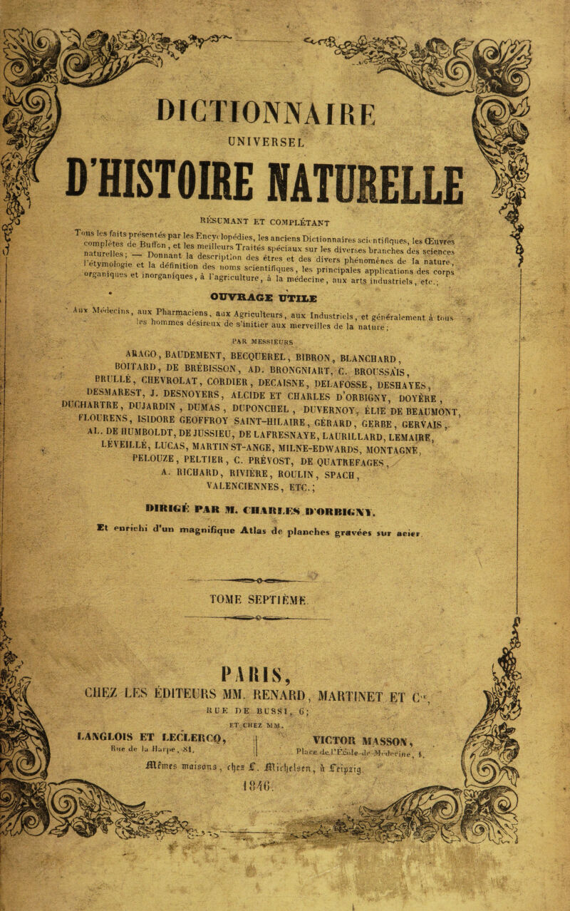 DICTIONNAIRE UNIVERSEL D HISTOIRE HATURELIE rkscmant et complétant ‘‘“î 'opMies, les a„ciens Dictionnaires scientifiques, les Œuïtà I éSolTt fa défin t phénomènes de la nature, oreaninn“S et inoraaniones ■ oms scientifiques, les principales applications des corps r„ niqn.s et inorganiques, a 1 agriculture, à la médecine, aux arts industriels, etc.; OWRAGi: UTIIiE ' ''•■'''•■‘i anx Pharmaciens, aux Agriçulteurs, aux Industriels, et généralement à ton» les nommes désireux de s’initier aux merveilles de la nature; PAR MESSIEURS ARAGO, BAUDEMENT, BECQUEREL, BIBRON, BLANCHARD, BOITARD, DE BRÉBISSON, AD. BRONGNIART, C. BROüSSA'IS, BRULLÉ, CHEVROLAT, CORDIER, DECAISNE, DE LA FOSSE, DESHAYESa DESMAREST, J. DESNOYERS, ALCIDE ET CHARLES d’oRBIGNY, DOYÈRE DUCHARTRE, DUJARDIN , DUMAS, DUPONCHEL , DUVERNOY, ÉLTE DE BEAUMONT FLOURENS, ISIDORE GEOFFROY SAINT-HILAIRE, GÉRARD, GERBE, GERVAÎS ^ AL. DE HUMBOLDT, DE JUSSIEU, DE LAFRESNAYE, LAURILLARD, LEMAIRE, LEVEILLE, LUCAS, MARTIN ST-ANGE, MILNE-EDWARDS, MONTAGNE, PELOUZE , PELTIER , C. PRÉVOST, DE QUATREFAGES , A. RICHARD, RIVIÈRE, BOULIN, SPACH, VALENCIENNES, ETC.; DIRIGÉ PAR M. CRARLFS irORRlG!VT. Et enrichi d un magnifique Atlas de planches gravées sur acier. TOME SEPTIÈME. ■I PARIS, CHEZ LES ÉDITEURS MM. RENARD, MARTINET ET C% UÜE DE BÜSSI, 6; ET CHEZ MM. LAXGLOIS ET LECLERCQ, Rue de lu Harpe, SI. VÏCtTOU MASSOIE, Placï;de.J’É£.t.)-ie-de Mc-ih’eine, i. iîtfinfs maisons, dje* £, Ülidjelsen, h iTftfsia. '