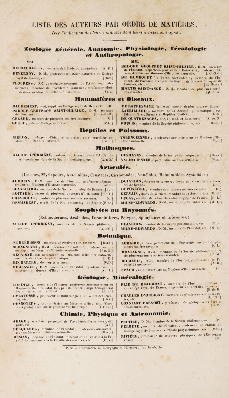 LISTE DES AUTEURS PAR ORDRE DE MATIÈRES, Avfc l’indicalion des letlres initialcti dont leurs articles sont sijnés. %oc»lo)y^le |ÿéiiéi*ale, Anatomie, Pliysiologle, Tëi*atolo$^ie et Antïiropologie. ■WM. OUPOiXÇHEIj (ils , médecin de l’École polytechnique. [A. D ] DUVERSOY, D.-M., professeur d’iiistoiie naturelle au Collège royal de France, etc. [Duv.l KLOUREl^S,- D.-M,, secrétaire perpétuel de l’Acad. royale des Sciences, membre de l’Académie française, piofesscur-admi- nlstiatpur au Muséum d’Histoirc naturelle. [Fi,.s.| MM. ISIDORE GEOFFROY SAIMT-HILAIRE, D.-M., membre de l'Institut, inspecteur-général de l’Université, professeur ad¬ ministrateur au Muséum d’Histoire naturelle. [1. G.-S.-!l| DE HIJAIBOLDT ( le baron Alexandre ) , membre de l’In¬ stitut, de l’Académie royale de Berlin, de la Société royale de Londres, etc., etc. [de Humb.J MARTlüi SAIMT-AISGE , D.-M , membre de plusieurs socié¬ tés savantes. [y. s.-A.] niai lifères et Oiseaux. îîAUDE.ME.AT, prof, suppl. au Collège royal de Henri IV. [B.] ISIDORE GEOFFROY SAIMT-HILAIRE , D .-M., membre (ie l’Institut, etc. (1. G.-S.-II.J GÉRARD, membre de plusieuis sociétés savantes. [ G ] GERBE, aideau Collège de France. [Z.G.) DE IiAFRESYAYE (le baron), memb. déplus soc. sav. [Lafk ] LAURIELARD , membre de la Société pliilornatique , etc (Mammifères, Oiseaux et Reptiles fossiles.) [L..d.| DE QUATREFAGES, doc. en méd. et ès-scieiices. [A. de Q.l ROUIAAl, membre de la Société philomatique, etc. [Roul.I Reptiles et Poissons. BlBRO^ü, professeur d’Iiistoire naturelle , aide-naturaliste an Muséum d’Hl-itoire naturelle [G. 15.] VAliElUCIENüIES , professeur-administrateur au Muséum d’ilis toire naturelle. ['' * i- 1 ]?Iollusf|tieSi ALCIDE D’ORBIGIXY, auteur du Voyage dans l’Amérique méridionale, membre (le la Soc. philomatique, etc. [A.d’O.] DESHAYES, membre de la Soc. philomatique, etc. VALENGlËAiniES , prof.-adm. au Mus. il’Hist. nat. [Desu ] [Val.i Articulés. (iusectes, Myriapodes, Arachnides, Crnstacés, Cirrltopodes, Anuélides, Helrniutliide.s, Systolide.s.) ALDOl lY , D.-M., membre de l’Institut, professeur-adiniius- trateur au Muséum d’Ilistoire naturelle. [Aud.J BL AAfill ARD ^ membre de la Soc. entomolog. de France. (Bl.] BOITARD , auteur de plusieurs ouvrages d’iiist. natur. [ Boit.] CHEVROLAT, membre de plusieurs sociétés savantes. [G ] DESM.AREST, secrét. de la Soc. entomolog. de France.[E D.) DUJARDim, docteur ès-scienres , doyen de la Faculté de ces de Rennes. Dt’PONCHEL, membre de plusieurs sociétés savantes GERVAIS , dort, ès-scienres, membre de la Soc. pliilom. LL'CA'S, membre de la Société entomologique <le France. Ml LAIE-EDWARDS, D.-M., membre de l’Institut, etc. s SCIt'U- [Dcj.] fD.'i [I’.'g 1 [H. L.) [M E.] Zoopliytes ou Rayonnés. (Échinoderiiies, Acalèphes, Foraminifères, Polypes, Spongiaires et Infusoires,) ALCIDE D’ORBIGAiY, membre de ta Société philomati¬ que. etc. [A. d’O.] DUJABDlAiy membre de la Soricté pliilomatiiiue, etc. [Duj. MILAIE-EDW'ARDS , D.-M., membre de l’Institut, etc. [M. L Rotailique. DE BRÉBlSSOAi , membre de plusieurs soc. savantes. [ Buér.] lîUOAiGAilART , D.-M., membre de rlustitut, professeiir-adini- nistratciii au Muséum d’Ilistidre naturelle. [.\d. B.] DECAISAE, aiile-naturali.ste au Muséum d’Ilislcire naturelle, (nombre do la Sociidé philomatique. [,1. D.] DL'CIl ARTRE , docteur ès-sciences. C’-D.] I>E JUSSIEU, D.-M., moinbiede l’Institut, pi ofesscur-admi- iiistrateur au Muséum d’Ilistoire naturelle. [Ad. J.] LEMAIRE .ancien professeur de l’Université, membre de plu¬ sieurs sociétés savantes. J MOiYTAGNE, D.-M., membre de la Société philomatique et de plusieurs autres sociétés savantes. [U. M] RICHARD, D.-M., membre de l’Institut, professeur à la la- culté de médecine. L'A- J SPACH , aide-naturaliste au Muséum d’ilist. naturelle. [Sp ] Oéoloi^ie 9 minéralogie. UOKDIER , membre de l’Institut, professeui-administrateur au Muséum d’ilistoire naturelle , pair de France , inspecteui-géiiéral des mines , conseiller d’Etat. [L. (5.] DELAFOSSE , professeur de minéralogie à la Farulté des scien¬ ces, etc. [Del] DESSOYERS , bibliotliécaire au M uséum d’ilist. nat. (Ques¬ tions géologiques sons le iioiiit de vue historique.) [.I. Desm.] ÉLIE DE BEAUMOIXT , membre de rlustitut, piole,s3eor au Collège royal de France, ingénieur en chef des mmes,^<qc^ CHARLES D’ORRIGKY, membre de plusieurs sociétés savau ^ 1 vj . l) L/. I tes, etc. ^ COYSTAKT PRÉVOST , professeur de géologie à la Fafulte [G. des sciences, etc. Cliiiiiie^ Physique et Astronomie. ARAGO , ,sc( rélaiCc perpétuel de l’Académie des sciences, dé¬ puté, etc. [A R ] BECQUEREL, membre de l’institut , piofesseur-administra- teur au Musenm d’ilistoire naturelle. ,[Becq.] DUMAS, membre de l’Institut, professeur de rbimie à la Fa¬ culté de médecine et a la Faculté des sciences, etc. [Dcm.] PELTIER, D.-M.. membre de la Société philomatique. [P ] PELOUZE , membre de l’Institut , professeur de clnnne au Collège royal de France et à l’École polytechnique, etc. [Pel.] RIVIÈRE, professeur de sciences physiques, de l’Université rovale. „ Paris — Imprimerie de Bourgogne et Martinet , rue .lacob, 3o-