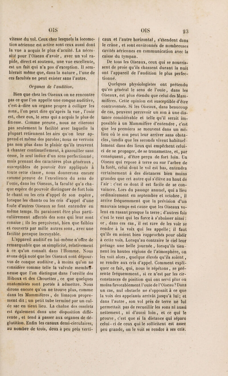 vitesse du vol. Ceux chez lesquels la locomo¬ tion aérienne est active sont ceux aussi dont la vue a acquis le plus d’acuité. La néces ¬ sité pour l’Oiseau d’avoir, avec un vol ra¬ pide, direct et soutenu, une vue excellente, est un fait qui n’a pas d’exception. Il sem¬ blerait même que, dans la nature , l’une de ces facultés ne peut exister sans l’autre. Organes de l’audition. Bien que chez les Oiseaux on ne rencontre pas ce que l’on appelle une conque auditive, c’est-à-dire un organe propre à colliger les sons, l’on peut dire qu’après la vue , l'ouïe est, chez eux, le sens qui a acquis le plus de finesse. Comme preuve, nous ne citerons pas seulement la facilité avec laquelle la plupart retiennent les airs qu’on leur ap¬ prend et même des paroles ; nous ne verrons pas non plus dans le plaisir qu’ils trouvent à chanter continuellement, à gazouiller sans cesse, le seul indice d’un sens perfectionné; mais prenant des caractères plus généraux , susceptibles de pouvoir être appliqués à toute cette classe, nous donnerons encore comme preuve de l’excellence du sens de l’ouïe, dans les Oiseaux, la faculté qu’a cha¬ que espèce de pouvoir distinguer de fort loin le chant ou les cris d’appel de son espèce , lorsque les chants ou les cris d’appel d’une foule d’autres Oiseaux se font entendre en même temps. Ils paraissent être plus parti¬ culièrement affectés des sons qui leur sont connue ; ils les perçoivent, bien que faibles et couverts par mille autres sons , avec une facilité presque incroyable. L’appareil auditif en lui-même n’offre de remarquable que sa simplicité, relativement à ce qu’on connaît dans l'Homme. Nous avons déjà noté que les Oiseaux sont dépour¬ vus de conque auditive , à moins qu’on ne considère comme telle la valvule membra¬ neuse que l’on distingue dans l’oreille des Hiboux et des Chouettes , ce que quelques anatomistes sont portés à admettre. Nous dirons encore qu’on ne trouve plus, comme dans les Mammifères , de limaçon propre¬ ment dit ; un petit tube terminé par un cul- de sac en tient lieu. La chaîne des osselets est également dans une disposition diffé¬ rente , et tend à passer aux organes de dé¬ glutition. Enfin les canaux demi-circulaires, au nombre de trois, deux à peu près verti¬ caux et l’autre horizontal, s’étendent dans le crâne, et sont environnés de nombreuses cavités aériennes en communication avec la caisse du tympan. De tous les Oiseaux, ceux qui se nourris¬ sent de proie qu’ils chassent durant la nuit ont l’appareil de l’audition le plus perfec¬ tionné. Quelques physiologistes ont prétendu qu’en général le sens de l’ouïe, dans les Oiseaux, est plus étendu que celui des Mam¬ mifères. Cette opinion est susceptible d’être controversée. Si les Oiseaux, dans beaucoup de cas, peuvent percevoir un son à une dis¬ tance considérable et telle qu’il serait im¬ possible à un Mammifère d’entendre , c’est que les premiers se meuvent dans un mi¬ lieu où le son peut leur arriver sans obsta¬ cles , tandis que les seconds vivent habituel • lement dans des lieux qui empêchent celui- ci de se propager, de se transmettre, et, par conséquent, d’être perçu de fort loin. Un Oiseau qui repose à terre ou sur l’arbre de la forêt, celui dont le vol est bas, entendra certainement à des distances bien moins grandes que cet autre qui s’élève au haut de l’air : c’est ce dont il est facile de se con¬ vaincre. Lors du passage annuel, qui a lieu ordinairement en septembre et octobre, il arrive fréquemment que la prévision d’un mauvais temps est cause que les Oiseaux vo¬ lent en rasant presque la terre; d’autres fois c’est le vent qui les force à s’abaisser ainsi : or, dans ces cas, il est rare de les voir se rendre à la voix qui les appelle ; il faut qu’ils en soient bien rapprochés pour obéir à cette voix. Lorsqu’au contraire le ciel leur présage une belle journée , lorsqu’ils tien¬ nent les hautes régions de l’atmosphère, on les voit alors, quelque élevés qu’ils soient, se rendre aux cris d’appel. Comment expli¬ quer ce fait, qui, nous le répétons, se pré¬ sente fréquemment, si ce n’est par les cir¬ constances de position qui ont servi plus ou moins favorablement l’ouïe de l’Oiseau ? Dans un cas, nul obstacle ne s’opposait à ce que la voix des appelants arrivât jusqu’à lui; et dans l’autre , son vol près de terre ne lui permettait pas de recueillir les sons ni aussi nettement, ni d’aussi loin, et ce qui le prouve, c’est que si la distance qui sépare celui-ci de ceux qui le sollicitent est assez peu grande, on le voit se rendre à ses cris.