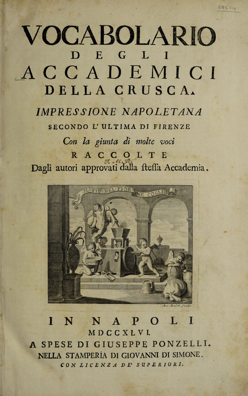 VOCABOLARIO DEGLI ACCADEMICI DELLA CRUSCA* IMPRESSIONE NAPOLETANA SECONDO L’ ULTIMA DI FIRENZE Con la giunta di molte voci RACCOLTE Dagli autori approvati dalla ftella Accademia. T3 ut ■ IN NAPOLI MDCCXLVI. A SPESE DI GIUSEPPE PONZELLE NELLA STAMPERIA DI GIOVANNI DI SIMONE. CON LICENZA DE' SUPERIORI.