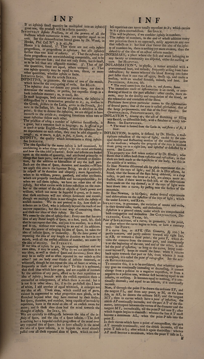 xiimjELY Mmte Praams, or all the powers of all the fraaom whole numerator is one, are together equal to an HooW,SemeMNft3:r«7!SiV'n b*°r- W00d> in Hence lt is deduced, ^ That> there arc not on]y . llJZ5' °r Pi0gIefll0n® in mfinitutn > but alfo infinitely fin te nr^ re “ °fmfinitT . That the infinitely d brought ^leffionsrare notwithftanding computable, and to be fAtoKf r ?nC fum 5 and that not only finite> but finall, s to be lefs than any aflignable number. 30. That of infi mu quantities, feme are equal, others ungual. 4° That one tnfimte quantity may be equal to two, Jhree, or more other quantities, whether infinite or finite! INFTNTTtv?’- See the articIe Series. / m grammar, the name of one of the moods, which ferye for the conjugating of verbs. See Mood. determ'ilTTh ^ precife timc’ nor does »t fi number’ or Perfon> but expreffes things in a loofe indefinite manner; as, to teach, &c. in molt languages, both ancient and modern, the infinitive is diftinguilhed by a termination peculiar to it; as, rvorhu in the Greek, fenbere in the Latin, ecrire in the French, fieri- •vere m the Italian fcfr. but the Englifh is deleave in this point; fo that to denote the infinitive, we are obliged to have recour e to t e article to; excepting fometimes when two or more infinitives follow each other. The practice of ufing a number of infinitives fucceffively, is a great, but a common fault in language; as, he offered to go to teach to write Englifh—Indeed, where the infinitives have no dependance on each other, they may be ufed elegantly e- TNrarijrrv^ mourn, tofigh, to fink, tofiwoon, to die. IJNr 1M11 Y, the quality which denominates a thing infinite. See Infinite. j The idea fignified by the name infinity is bell examined, by conhdenng to what things infinity is by the mind attributed, and how the idea itfelf is framed : finite and infinite are looked upon as the modes of quantity, and attributed primarily to things that have parts, and are capable of increafe or diminu¬ tion, by the addition or fubtra&ion of any the leaft part. Such are the ideas of Ipace, duration and number.—When we apply this idea to the fupreme Being, we do it primarily in refpe£t of its duration and ubiquity; more figuratively, when to his wifdom, power, goodnefs, and other attributes, which are properly inexhauftible and incomprehenfible; for when we call them infinite, we have no other idea of this infinity, but what carries with it lome reflexion on the num¬ ber or the extent of the adls or objects of God’s power and wifdom, which can never be fuppofed fo great, or lo many, that thefe attributes will not always furmount and exceed, though we multiply them in our thoughts with the infinity of endlefs number. We do not pretend to lay, howthefe at¬ tributes are in God, who is infinitely beyond the reach of our narrow capacities; but this is our way of conceiving them, and thefe our ideas of their infinity. See God. W’e come by the idea of infinity thus: Every one that has any idea of ally Hated length of fpace, as a foot, yard, &c. finds that he can repeat that idea, and join it to another, to a third, and fo on, without ever coming to an end of his additions. From this power of enlarging his idea of fpace, he takes the idea of infinite fpace, or immenfity. By the fame power of repeating the idea of any length or duration we have in our minds, with all the endlels addition of number, we come by the idea of eternity. See Eternity. If our idea of infinity be got, by repeating without end our own ideas, it may be asked. Why do we not attribute it to our ideas, as well as thole of Ipace and duration; fince they may be as eafily and as Often repeated in our minds as the other ? yet no body ever thinks of infinite fweetnefs, or whitenefs, though he can repeat the idea of fweet or white, as frequently as thofe of yard or day? To this it is anfwered, that thole ideas which have parts, and are capable of increafe by the addition of any parts, afford us by their repetition an idea of infinity ; becaufe with the endlefs repetition there is connected an enlargement, of which there is no end: but it is not fo in other ideas ; for, if to the pei fedteft idea I have of white, I add another of equal whitenels, it enlarges not my idea at all. Thofe ideas, which confifl: not of parts, cannot be augmented to what proportion men pleafe, or be Hretched beyond what they have received by their fenfes; but fpace, duration, and number, being capable of increafe by repetition, leave in the mind an idea of an endlefs room for more; and fo thole ideas alone lead the mind towards the thought of infinity. See Idea, iffc. We are carefully to diftinguifh between the idea of the in¬ finity of fpace, and the idea of a fpace infinite.—The firlf is nothing but a fuppofed endlefs progrelfion of the mind over any repeated idea of fpace: but to have actually in the mind the idea of a fpace infinite, is to fuppofe the mind already palled over all thofe repeated ideas of fpace, which an end- INF lefs repetition can never totally reprefent to it; which carries in it a plain contradiction. See Space. This will be plainer, if we confider infinity in numbers. The infinity of numbers, to the end of whofe addition every one perceives there is no approach, eafily appears to any one that reflects on it: but how clear foever this idea of the infini- be, there is nothing yet more evident, than the ^b'brdity of the idea of an adtual infinite number, INFIRMARY, a place where the fick and weak belonging to any focietyor community are difpofed, either for nurfing or cure. See Hospital. ° INFLAMMATION *, in phyfic, a tumor attended with a r5atUra Lheat’ and rednefs > frequently arifing from fome obftruflion; by means whereof the blood flowing into fome part fafter than it can run off again, fwells up, and caufes a tenfion, with an unufual forenefs, rednefs, and heat. See Phlegmon, Abscess, &c. * The word comes from the Latin in, and flamma, flame 1 he immediate caufe of inflammations is an excefi, or over¬ flowing of blood in the part affe&ed ; other caufes, more re¬ mote, may be the denfity and coagulation of the blood or the relaxation and contufion of the fibres. * Phyficians have given particular names to the inflammations of feyeral parts; that of the eyes is called ophthalmia, that of the lungs peripneumonia, and that of the liver hepatites See Ophthalmia, Peripneumony, &c. INFLATION* blowing up; the adt of ftretching or filling any flaccid, or diftendible body, with a flatulent or windy fub- ltance. See Emphysema. ' * bTow W°rd “ f°rmed fr°m the Latin in' andfiatusi of1 INFLECTION, in optics, is defined, by Dr. Hooke, a mul- tiplicate refradhon of the rays of light, caufed by the une¬ qual denfity and fluduating motion of the confident parts of the medium ; whereby the progrefs of the rays is hindred from going on in a right line, and infleaed ordefledled by a curve. See Light. ' A Sir Ifaac Newton difeovered alfo by plain exDer.W^ • of the rays of light; and M. de la Hire affures he found, that the beams of the liars being obferved, in a deep valley to pals near the brow of a hill, are always more re- Faded, than if there were no fuch hill, or the obfervatioL were made on the top thereof; as if the rays of light were bent down into a curve, by palling near the furface of the mountain. c Sir Raac Newton, in his Optics, makes feveral experiments and observations on the infleaion of the rays of light; which fee under Light, and Rays. 6 Inflection, in grammar, the variation of nouns and verbs m their feveral cafes, tenfes, and declenfions. * Inflation \s a general name, under which are comprehended both conjugation and declenfion .See Conjugation De¬ clension, Case, Ten^e, &c. Point /Inflection, of a Curve, in geometry, is the point, or place where the curve begins to bend, or turn a contra™ way. See Point. / If a curve line, as AFK {Tab. Geometr/, if. IOO ; l, partly concave, and partly convex towards ani right 'line wd^L~rtmfirec^ 77;/ H? is at the beginning of the one, and end of the otherTs^ led the pom■ of,njka„r. as long as the curve, being cont- nued beyond F, keeps its courfe the fame: when it returns back again towards that part or fide, from whence it took its original, it ,s called the point of rarogr'f&n. See the ani cle Retrogression. To conceive this, it is to beconfidered, that whatever ouan tity goes on continually inertafing or decreafing, it c^not change from a pofitlve to a negative expreffion” or from a negative to a pcfitive one, without firft becoming equal to an infinite, or nothing. It becomes equal to nothing, if it con .usually decreafe; and equal to an infinite, if it continually Now, if through the point F be drawn the ordinate E F and the tangent FL, and from any point, as M, on thefame fide, as AF, be drawn the ordinate MP and fht» t-? MT; then in curves which have a ?Z’of abfcifs AP continually increafes, and the part AT of the dia6 s&'iss-ts'srx'fsrrir poh°t E. AL’ when the P°“t P ftlls into the In thofe curves which have a point of retrogreffion, the part AT increafes continually, a,,d ,he abfcifs increafes, tillT A°pnt /) ,! '1,1 j ’ after. which it again diminilhes: whence A r mult become a maximum, when the point T falls in L