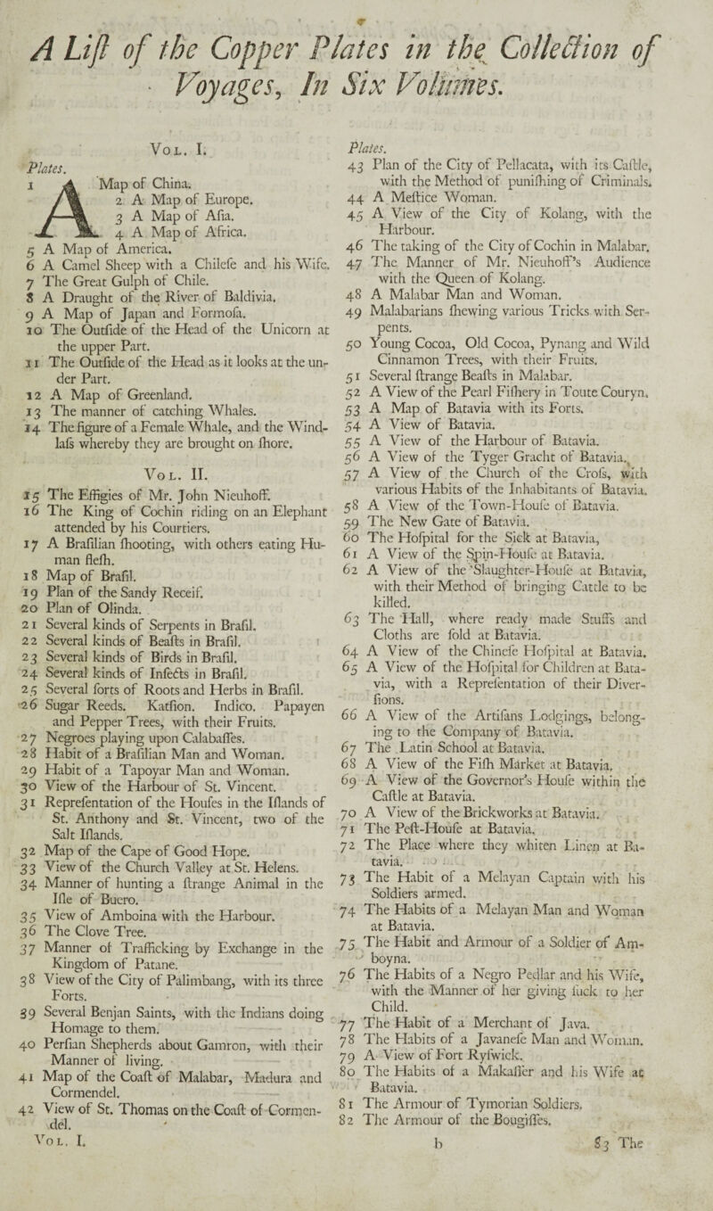 A Lift of the Copper Plates in the Collection of ■ Voyages, In Six Vo limes. VOL. I. Plates. Map of China. 2 A Map of Europe. 3 A Map of Afia. 4 A Map of Africa. 5 A Map of America. 6 A Camel Sheep with a Chilefe and his Wife. 7 The Great Gulph of Chile. 8 A Draught of the River of Baldivia. 9 A Map of Japan and Formofa. 10 The Outfide of the Head of the Unicorn at the upper Part. 11 The Outfide of the Head as it looks at the un¬ der Part. 12 A Map of Greenland. 13 The manner of catching Whales. 14 The figure of a Female Whale, and the Wind- lafs whereby they are brought on fhore. VOL. II. 15 The Effigies of Mr. John Nieuhoff. 16 The King of Cochin riding on an Elephant attended by his Courtiers. 17 A Brafilian fhooting, with others eating Hu¬ man fleffi. 18 Map of Brafil. 19 Plan of the Sandy Receif. 20 Plan of Olinda. 21 Several kinds of Serpents in Brafil. 2 2 Several kinds of Beafts in Brafil. 23 Several kinds of Birds in Brafil. 24 Several kinds of Infers in Brafil. 25 Several forts of Roots and Herbs in Brafil. 26 Sugar Reeds. Katfion. Indico. Papayen and Pepper Trees, with their Fruits. 2 7 Negroes playing upon Calabafies. 28 Habit of a Brafilian Man and Woman. 29 Habit of a Tapoyar Man and Woman. 30 View of the Harbour of St. Vincent. 31 Reprefentation of the Houfes in the Ifiands of St. Anthony and St. Vincent, two of the Salt Ifiands. 32 Map of the Cape of Good Hope. 33 View of the Church Valley at St. Helens. 34 Manner of hunting a flrange Animal in the Ifle of Buero. 3 5 View of Amboina with the Harbour. 36 The Clove Tree. 37 Manner of Trafficking by Exchange in the Kingdom of Patane. 38 View of the City of Palimbang, with its three Forts. 39 Several Benjan Saints, with the Indians doing Homage to them. 40 Perfian Shepherds about Garnron, with their Manner of living. 41 Map of the Coaft of Malabar, Madura and Cormendel. 42 View of St. Thomas on the Coaft of Cormen- del. Plates. 43 Plan of the City of Pellacata, with its Caftle, with the Method of punifhing of Criminals. 44 A Meftice Woman. 45 A View of the City of Kolang, with the Harbour. 46 The taking of the City of Cochin in Malabar. 47 The Manner of Mr. Nieuhoff’s Audience with the Queen of Kolang. 48 A Malabar Man and Woman. 49 Malabarians fhewing various Tricks with Ser¬ pents. 50 Young Cocoa, Old Cocoa, Pynang and Wild Cinnamon Trees, with their Fruits. 51 Several flrange Beafts in Malabar. 52 A View of the Pearl Fifhery in Toute Couryn, 53 A Map of Batavia with its Forts. 54 A View of Batavia. 55 A View of the Harbour of Batavia. 56 A View of the Tyger Gracht of Batavia,( 57 A View of the Church of the Crofs, with various Habits of the Inhabitants of Batavia. 58 A View of the Town-Houfe of Batavia. 59 The New Gate of Batavia. 60 The Hofpital for the Sick at Batavia, 61 A View of the Spin-FIoufe at Batavia. 62 A View of the'Slaughter-Houfe at Batavia, with their Method of bringing Cattle to be killed. 63 The Hall, where ready made Stuffs and Cloths are fold at Batavia. 64 A View of the Chinefe Hofpital at Batavia. 65 A View of the Hofpital for Children at Bata¬ via, with a Reprelentation of their Diver- fions. 66 A View of the Artiians Lodgings, belong¬ ing to the Company of Batavia. 67 The Latin School at Batavia. 68 A View of the Fifh Market at Batavia. 69 A View of the Governor’s Houfe within the Caftle at Batavia. 70 A View of the Brickworks at Batavia. 71 The Peft-Houfe at Batavia, 72 The Place where they whiten Linen at Ba¬ tavia. ■ ) : . 73 The Habit of a Melayan Captain with his Soldiers armed. 74 The Habits of a Melayan Man and Woman at Batavia. 75 The Habit and Armour of a Soldier of Am- boyna. 76 The Habits of a Negro Pedlar and his Wife, with the Manner of her giving fuck to her Child. 77 The Habit of a Merchant of Java. 78 The Habits of a Javanefe Man and Woman. 79 A View of Fort Rylwick. 80 The Habits of a Makaller and his Wife at Batavia. 81 The Armour of Tymorian Soldiers. 82 The Armour of the Bougifies.