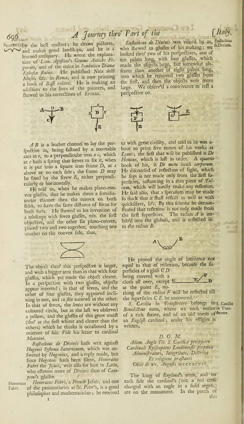 SKipi’ONiby the beft mailers •, he draws pictures, and makes good landfkips, and he is a learned antiquary. He wrote the explana¬ tion of Leon. Agoftino’s Gemme Antiche Fi- gurate, and of the coins in Symbolica Dianne Ephefix Jlatua. He publifhed Not a delli Mufei, (Ac. in Roma, and is now printing a book of Bajfi relievi. He is making an addition to the lives of the painters, and fhewed us his corrections of Erizzo. Eujlatbius de Divinis was vifited by us, Eutfathms who fhewed us glafies of his making : we deUlvinM‘ looked thro5 two of his perfpeCtives, one of ten palms long, with four glafies, which made the objeCls large, but fomewhat ob- lcurer than another of eight palms long, into which he removed two glafies from the firft, and then the objeCts were more large. We obferv’d a contrivance to reft a perfpeCtive on. A B is a leather channel to lay the per¬ fpeCtive in, being faftned by a moveable axis at o, to a perpendicular iron 0 c, which at c hath a fpring that ferves to fix it, when it is put into a iquare iron frame D, at s above or on each fide •, the frame D may be fixed by the fcrew E, either perpendi¬ cularly or horizontally. He told us, when he makes plano-con¬ vex glafies, that he makes them a femidia- meter thinner then the convex on both fides, to have the fame diftance of focus for both forts. He fhewed us his invention of a telefcope with feven glafies, viz. the firft objective, and the other fix plano-convex, placed two and two together, touching one another on the convex fide, thus, The objeCl thro’ this perfpeCtive is. larger, and with a bigger area than in that with four glafies, which yet made the objeCl clearer. In a perfpeCtive with two glafies, objeCls appear inverted •, in that of feven, and the other of four glafies, they appeared incli¬ ning in one, and in fitu naturali in the other. In that of feven, the lentes are without any coloured circle, but in the laft we obferved a yellow, and the glafies of this grow moift (tho’ at the firft whiter and clearer than the others) which he thinks is occafioned by a mixture of fait. Vide his letter to cardinal Manzini. Eujlatbius de Divinis hath writ againft Hugenii Syftema Saturninum, which was an- fwered by Hugenius, and a reply made, but fince Hugenius hath been filent, Honoratus Fabri the Jefuit, writ alfo for him in Latin, who efteems more of Divinis than of Cam¬ panil glafies. S Honoratus llonoratus Fabri, a French Jefuit, and one Fabri. of the penitentiaries at St. Peter’s, is a good philofopher and mathematician •, he received 1 us with great civility, and told us he was a- bout to print five tomes of his works at Lyons i the firft that will be publifhed is De Homine, which is laft in order. A quarto book of his, is De motu locali corporum. He difcourfed of refleClion of light, which he fays is not made only from the firft fu- perficies, inftancing in a thin piece of Tal¬ cum, which will hardly make any reflexion. He faid alfo, that a fpeculum may be made fo thick that it fhall refieCl as well as with quickfilver, (Ac. By this fcheme he demon- ftrated that reflexion is not only made from the firft fuperficies. The radius A is im¬ bib’d into the globuli, and is reflected in¬ to the radius B. a\*/B He proved the angle of incidence not equal to that of reflexion, becaufe the fu¬ perficies of a glafs C D being covered with a ^ cloth all over, except S'— -S——D at the point E, no¬ thing of the radius F will be refleCled till the fuperficies C E be uncovered. S. Cecilia in Fra nft ever e belongs tos. Caecilia Benedifiine nuns, where we took notice in Tran- of a rich fhrine, and of an old tomb offtevere- an Englijh cardinal i under his effigies is written, D. 0. M. Adam. Anglo Fit. S. C<ecilia? presbytero Cardinali Epifcopatus Londinenfis pcrpetv.o Adminijlratori, Integritate, Do Arina Et religione pr<ejlanti Obiit di xv. Augujli mcccxcvii. The king of England’s arms, and on each fide the cardinal’s (viz. a red crols charged with an eagle in a field argeftt) are on the monument. In the porch of this