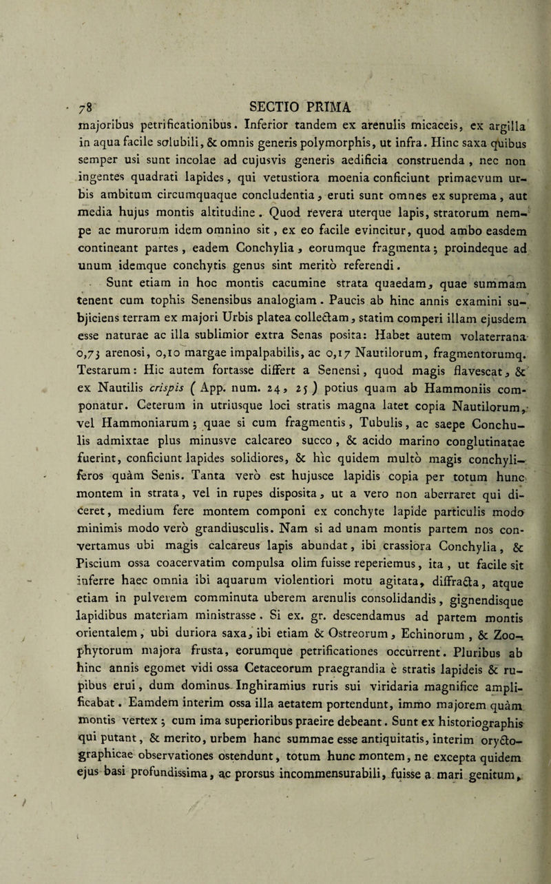 majoribus petrificationibus. Inferior tandem ex arenulis micaceis, ex argilla in aqua facile solubili, &amp; omnis generis polymorphis, ut infra. Hinc saxa quibus semper usi sunt incolae ad cujusvis generis aedificia construenda , nec non ingentes quadrati lapides, qui vetustiora moenia conficiunt primaevum ur- bis ambitum circumquaque concludentia, eruti sunt omnes ex suprema, aut media hujus montis altitudine . Quod revera uterque lapis, stratorum nem¬ pe ac murorum idem omnino sit, ex eo facile evincitur, quod ambo easdem contineant partes, eadem Conchylia , eorumque fragmenta; proindeque ad unum idemque conchytis genus sint merito referendi. Sunt etiam in hoc montis cacumine strata quaedam, quae summam tenent cum tophis Senensibus analogiam. Paucis ab hinc annis examini su¬ bjiciens terram ex majori Urbis platea colle&amp;am, statim comperi illam ejusdem esse naturae ac illa sublimior extra Senas posita: Habet autem Volaterrana 0,73 arenosi, 0,10 margae impalpabilis, ac 0,17 Nautilorum, fragmentorumq. Testarum: Hic autem fortasse differt a Senensi, quod magis flavescat. St' ex Nautilis crispis ( App. num. 24, 25) potius quam ab Hammoniis com¬ ponatur. Ceterum in utriusque loci stratis magna latet copia Nautilorum, vel Hammoniarum 3 quae si cum fragmentis, Tubulis, ac saepe Conchu¬ lis admixtae plus minusve calcareo succo , &amp; acido marino conglutinatae fuerint, conficiunt lapides solidiores, &amp; hic quidem multo magis conchyli- feros quam Senis. Tanta vero est hujusce lapidis copia per totum hunc montem in strata, vel in rupes disposita, ut a vero non aberraret qui di¬ ceret , medium fere montem componi ex conchyte lapide particulis modo minimis modo vero grandiusculis. Nam si ad unam montis partem nos con¬ vertamus ubi magis calcareus lapis abundat, ibi crassiora Conchylia, &amp; Piscium ossa coacervatim compulsa olim fuisse reperiemus, ita , ut facile sit inferre haec omnia ibi aquarum violentiori motu agitata, diffra&amp;a, atque etiam in pulverem comminuta uberem arenulis consolidandis, gignendisque lapidibus materiam ministrasse . Si ex. gr. descendamus ad partem montis orientalem, ubi duriora saxa, ibi etiam &amp; Ostreorum, Echinorum , &amp; Zoo- phytorum majora frusta, eorumque petrificationes occurrent. Pluribus ab hinc annis egomet vidi ossa Cetaceorum praegrandia e stratis lapideis &amp; ru¬ pibus erui, dum dominum Inghiramius ruris sui viridaria magnifice ampli¬ ficabat . Eamdem interim ossa illa aetatem portendunt, immo majorem quam montis vertex 3 cum ima superioribus praeire debeant. Sunt ex historiographis qui putant, &amp; merito, urbem hanc summae esse antiquitatis, interim ory£lo- graphicae observationes ostendunt, totum hunc montem, ne excepta quidem ejus basi profundissima, ac prorsus incommensurabili, fuisse a mari genitum. i 1