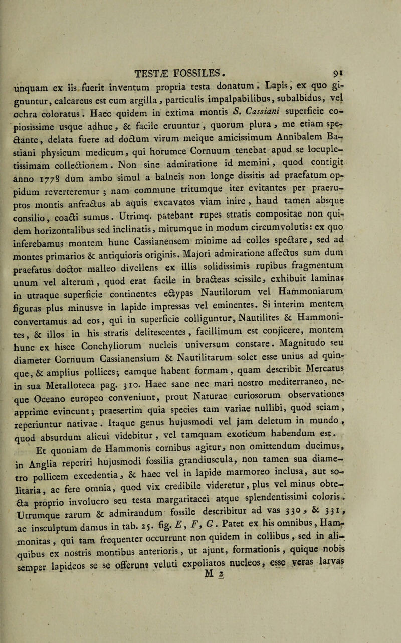 unquam ex iis fuerit inventum propria testa donatum . Lapis, ex quo gi¬ gnuntur, calcareus est cum argilla * particulis impalpabilibus, subalbidus, vel ochra coloratus. Haec quidem in extima montis S. Cassiani superficie co¬ piosissime usque adhuc , facile eruuntur , quorum plura , me etiam spe¬ rante , delata fuere ad doftum virum meique amicissimum Annibalem Ba- stiani physicum medicum , qui horumce Cornuum tenebat apud se locuple¬ tissimam collectionem • Non sine admiratione id memini, quod contigit anno 1778 dum ambo simul a balneis non longe dissitis ad praefatum op¬ pidum reverteremur ; nam commune tritumque iter evitantes per praeru¬ ptos montis anfraCtus ab aquis excavatos viam inire , haud tamen absque consilio, coaCti sumus. Utrimq. patebant rupes stratis compositae non qui¬ dem horizontalibus sed inclinatis, mirumque in modum circumvolutis: ex quo inferebamus montem hunc Cassianensem minime ad colles speftare, sed ad montes primarios antiquioris originis. Majori admiratione affeCtus sum dum praefatus dodor malleo divellens ex illis solidissimis rupibus fragmentum unum vel alterum, quod erat facile in brafteas scissile, exhibuit laminas in utraque superficie continentes e&ypas Nautilorum vel Hammoniaruni figuras plus minusve in lapide impressas vel eminentes. Si interim mentem convertamus ad eos, qui in superficie colliguntur, Nautilites & Hammom- tes, & illos in his stratis delitescentes, facillimum est conjicere, montem hunc ex hisce Conchyliorum nucleis universum constare. Magnitudo seu diameter Cornuum Cassianensium & Nautilitarum solet esse unius ad quin¬ que^ amplius pollices; eamque habent formam, quam describit Mercatus in sua Metalloteca pag. 310. Haec sane nec mari nostro mediterraneo, ne¬ que Oceano europeo conveniunt, prout Naturae curiosorum observationes apprime evincunt; praesertim quia species tam variae nullibi, quod sciam, reperiuntur nativae . Itaque genus hujusmodi vel jam deletum in mundo , quod absurdum alicui videbitur, vel tamquam exoticum habendum est. Et quoniam de Hammonis cornibus agitur, non omittendum ducimus, in Anglia reperiri hujusmodi fossilia grandiuscula, non tamen sua diame¬ tro pollicem excedentia, & haec vel in lapide marmoreo inclusa, aut so¬ litaria, ac fere omnia, quod vix credibile videretur, plus vel minus obte- aa proprio involucro seu testa margaritacei atque splendentissimi coloris . Utrumque rarum & admirandum fossile describitur ad vas 330, &: 331, ac insculptum damus in tab. 25. G. Patet ex hisomnibus, Ham- monitas, qui tam frequenter occurrunt non quidem in collibus, sed m ali¬ quibus ex nostris montibus anterioris, ut ajunt, formationis, quique nobis semper lapideos se se offerunt veluti expohatos nucleos, esse veras larvas
