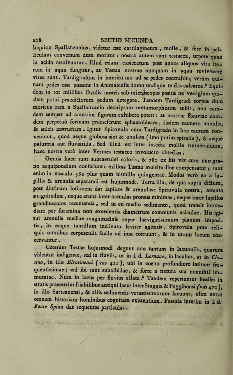 loquitur Spallanzanius, videtur esse cartilagineum , molle, &amp; fere in pel¬ liculam conversum dum moritur: nostra autem sunt testacea, utpote quae in acido resolvuntur. Illud etiam exsiccatum post annos aliquos vita ite¬ rum in aqua fungitur; at Testae nostrae nunquam in aqua reviviscere visae sunt. Tardigradum in interitu suo ad sepedes contrahit; verum qui¬ nam pedes esse possunt in Animalculis domo undique te dis calcarea ? Equi¬ dem in tot millibus Ovulis nostris sub mi crdscopio positis ne* vestigium qui¬ dem potui praedi&amp;orum pedum detegere. Tandem Tardigradi corpus dum moriens eam a Spallanzanio descriptam metamorphosim subit, non eam- dem semper ad amussim figuram exhibere potest: at nostrae Exuviae eam- dem perpetuo formam praeseferunt sphaeroideam, iisdem numero annulis, &amp; sulcis instrudam * Igitur Spirovula cum Tardigrado in hoc tantum con¬ veniunt, quod aeque globosa sint &amp; anulata (imo potius spiralia ), &amp; aeque palustria aut fluviatilia. Sed illud est inter inseda mollia numerandum, haec nostra vero inter Vermes testaceo involucro obtedos. Omnia haec sunt subcaerulei coloris, &amp; 780 ex his vix cum uno gra¬ no aequipondium conficiunt: exilitas Testae multitudine compensatur; sunt enim in vasculo 382 plus quam bismille quingentae. Modus vero ea a la¬ pillis &amp; arenulis separandi est hujusmodi. Terra illa, de qua supra didum, post diutinam lotionem dat lapillos &amp; arenulas: Spirovula nostra, attenta magnitudine, neque erunt inter arenulas prorsus minimas, neque inter lapillos grandiusculos recensenda y sed in eo medio sedimento, quod transit imme¬ diate per foramina non excedentia diametrum communis aciculae. His igi¬ tur arenulis mediae magnitudinis super laevigatissimum planum imposi¬ tis , in eoque tantillum inclinato leviter agitatis, Spirovula prae reli¬ quis omnibus corpusculis facile ad ima corruunt &gt; &amp; in unum locum coa¬ cervantur . . % Ceterum Testae hujusmodi degunt non tantum in lacunulis, quarum videntur indigenae, sed in fluviis, ut in 1. d. Lornanoy in lacubus, ut in Clu~ sinot in illo Blentinensi (vas 421 ubi in coeno profundiore latitant fre— quentissimae; sed ibi sunt subalbidae, &amp; forte a natura sua nonnihil im¬ mutatae . Num in lacus per fluvios allate ? Tandem reperiuntur fossiles ia stratis praesertim friabilibus antiqui lacus inter Staggia &amp;Poggibonsi (vas 470), in illo Sarteanensi 9 &amp; aliis sedimentis vetustissimorum lacuum, olim extra omnem historiam hominibus cognitam existentium. Fossula iaterim in 1. d. Fonte Spina dat sequentes particulas.