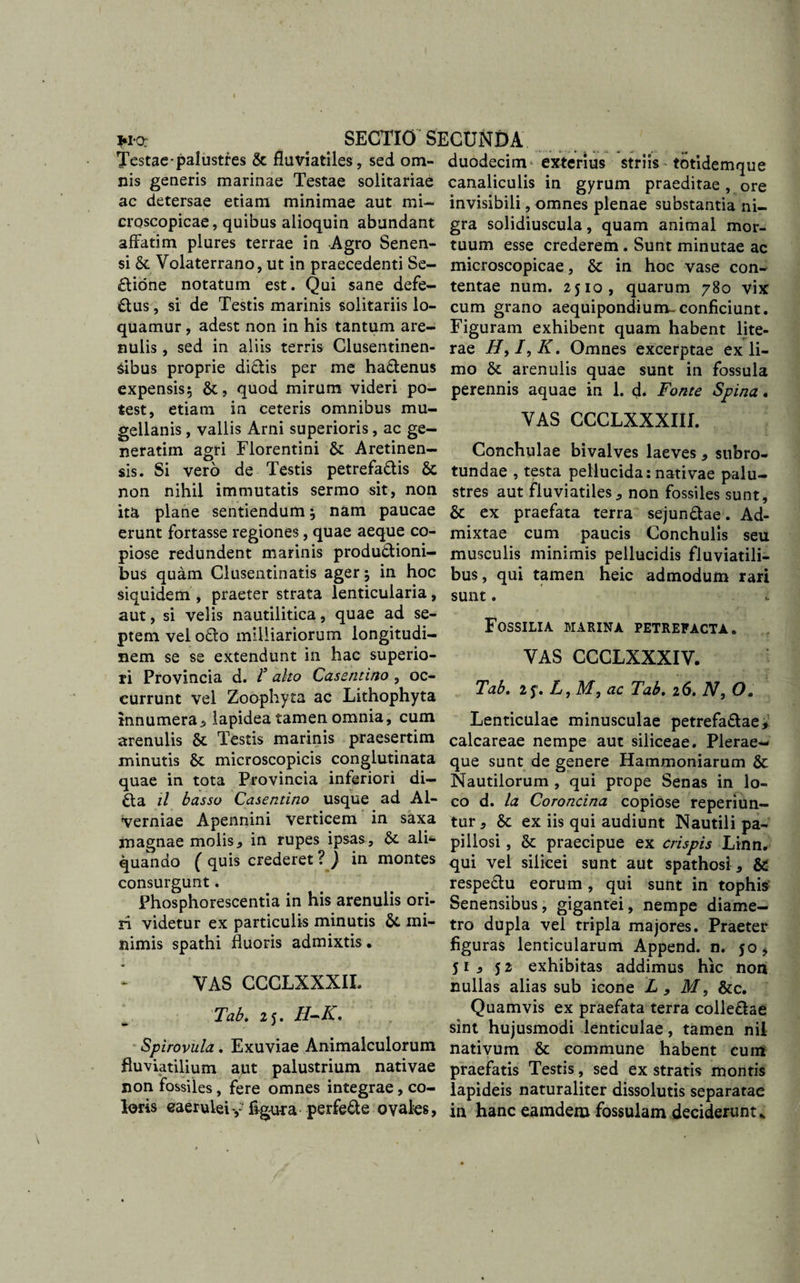 Testae-palustres &amp; fluviatiles , sed om¬ nis generis marinae Testae solitariae ac detersae etiam minimae aut mi- croscopicae, quibus alioquin abundant affatim plures terrae in Agro Senen¬ si &amp; Volaterrano, ut in praecedenti Se¬ ctione notatum est. Qui sane defe- dus, si de Testis marinis solitariis lo¬ quamur , adest non in his tantum are¬ nulis , sed in aliis terris Clusentinen- Sibus proprie didis per me hadenus expensis 5 &amp;, quod mirum videri po¬ test, etiam in ceteris omnibus mu- gellanis, vallis Arni superioris, ac ge- neratim agri Florentini &amp;: Aretinen- sis. Si vero de Testis petrefadis 6c non nihil immutatis sermo sit, non ita plane sentiendum; nam paucae erunt fortasse regiones, quae aeque co¬ piose redundent marinis produdioni- bus quam Clusentinatis ager 5 in hoc siquidem , praeter strata lenticularia, aut, si velis nautilitica, quae ad se¬ ptem vel odo milliariorum longitudi¬ nem se se extendunt in hac superio¬ ri Provincia d. V alto Casentirto , oc¬ currunt vel Zoophyta ac Lithophyta innumera5 lapidea tamen omnia, cum arenulis St Testis marinis praesertim minutis St microscopicis conglutinata quae in tota Provincia inferiori di- da il basso Casentino usque ad Al- verniae Apennini verticem in saxa magnae molis, in rupes ipsas, St ali^ quando ( quis crederet ? j in montes consurgunt. Phosphorescentia in his arenulis ori¬ ri videtur ex particulis minutis St mi¬ nimis spathi fluoris admixtis • VAS CCCLXXXIL Tab. 25. H~K. Spirovula. Exuviae Animalculorum fluviatilium aut palustrium nativae non fossiles, fere omnes integrae, co¬ loris caerulei y figura perfede ovales, duodecim exterius striis totidemque canaliculis in gyrum praeditae , ore invisibili, omnes plenae substantia ni¬ gra solidiuscula, quam animal mor¬ tuum esse crederem . Sunt minutae ac microscopicae, St in hoc vase con¬ tentae num. 2510, quarum 780 vix cum grano aequipondium^ conficiunt. Figuram exhibent quam habent lite- rae HfI,K. Omnes excerptae ex li¬ mo St arenulis quae sunt in fossula perennis aquae in 1. d. Fonte Spina. VAS CCCLXXXIII. Conchulae bivalves laeves, subro¬ tundae , testa pellucida: nativae palu¬ stres aut fluviatiles, non fossiles sunt. St ex praefata terra sejundae. Ad¬ mixtae cum paucis Conchulis seu musculis minimis pellucidis fluviatili¬ bus , qui tamen heic admodum rari sunt. Fossilia marina petrefacta. VAS CCCLXXXIV. Tab. 2 L, M, ac Tab. 26. N, O. Lenticulae minusculae petrefadae, calcareae nempe aut siliceae. Plerae- que sunt de genere Hammoniarum St Nautilorum , qui prope Senas in lo¬ co d. Ia Coroncina copiose reperiun- tur , St ex iis qui audiunt Nautili pa- pillosi, St praecipue ex crispis Linn. qui vel silicei sunt aut spathosi , &amp; respedu eorum, qui sunt in tophis1 Senensibus, gigantei, nempe diame¬ tro dupla vel tripla majores. Praeter figuras lenticularum Append. n. 50 &gt; 51, 52 exhibitas addimus hic non nullas alias sub icone L , M, &amp;c. Quamvis ex praefata terra colledae sint hujusmodi lenticulae, tamen nil nativum St commune habent cum praefatis Testis, sed ex stratis montis lapideis naturaliter dissolutis separatae in hanc eamdero fossulam deciderunt*