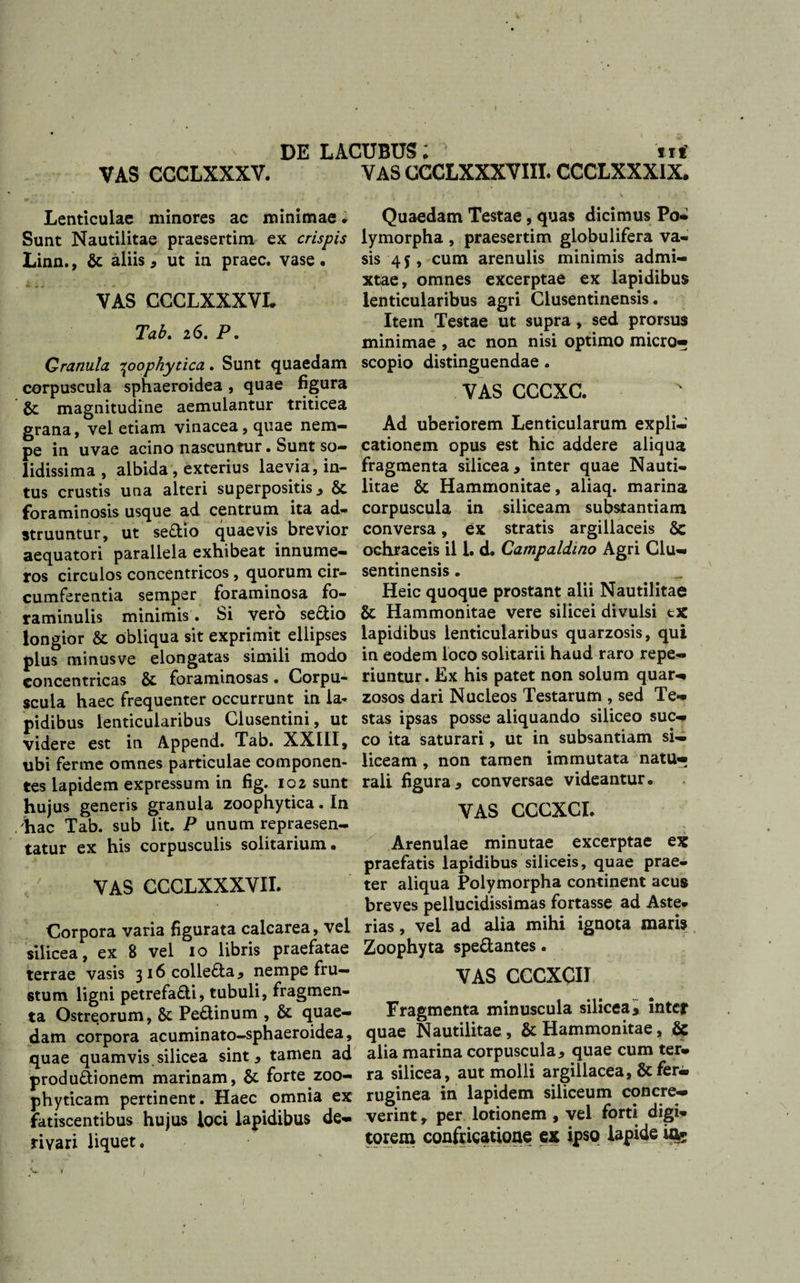DE LACUBUS; * tii VAS CGCLXXXV. Lenticulae minores ac minimae # Sunt Nautilitae praesertim ex crispis Linn., &amp; aliis, ut in praec. vase • VAS CCCLXXXVL Tab. 16. P. Cranula \oophytica. Sunt quaedam corpuscula sphaeroidea , quae figura &amp; magnitudine aemulantur triticea grana, vel etiam vinacea, quae nem¬ pe in uvae acino nascuntur. Sunt so¬ lidissima , albida, exterius laevia, in¬ tus crustis una alteri superpositis , &amp;. foraminosis usque ad centrum ita ad- struuntur, ut seftio quaevis brevior aequatori parallela exhibeat innume¬ ros circulos concentricos, quorum cir¬ cumferentia semper foraminosa fo- raminulis minimis , bi vero seftio longior &amp; obliqua sit exprimit ellipses plus minusve elongatas simili modo concentricas &amp; foraminosas. Corpu¬ scula haec frequenter occurrunt in la¬ pidibus lenticularibus Clusentini, ut videre est in Append. Tab. XXIII, ubi ferme omnes particulae componen¬ tes lapidem expressum in fig. 102 sunt hujus generis granula zoophytica. In /hac Tab. sub iit. P unum repraesen¬ tatur ex his corpusculis solitarium. VAS CCCLXXXVII. Corpora varia figurata calcarea, vel silicea, ex 8 vel 10 libris praefatae terrae vasis 316 colle&amp;a , nempe fru¬ stum ligni petrefa&amp;i, tubuli, fragmen¬ ta Ostreorum, &amp; Pe£tinum , &amp; quae¬ dam corpora acuminato-sphaeroidea, quae quamvis silicea sint, tamen ad produ&amp;ionem marinam, &amp; forte zoo- phyticam pertinent. Haec omnia ex fatiscentibus hujus loci lapidibus de¬ rivari liquet. VAS CCCLXXXVIIL CCCLXXXIX. Quaedam Testae, quas dicimus Po¬ lymorpha , praesertim globulifera va¬ sis 45, cum arenulis minimis admi¬ xtae, omnes excerptae ex lapidibus lenticularibus agri Clusentinensis. Item Testae ut supra , sed prorsus minimae , ac non nisi optimo micro- scopio distinguendae . VAS CCCXC. Ad uberiorem Lenticularum expli¬ cationem opus est hic addere aliqua fragmenta silicea, inter quae Nauti¬ litae &amp; Hammonitae, aliaq. marina corpuscula in siliceam substantiam conversa, ex stratis argillaceis Sc ochraceis il i. d. Campaldino Agri Clu¬ sentinensis . Heic quoque prostant alii Nautilitae &amp; Hammonitae vere silicei divulsi tX lapidibus lenticularibus quarzosis, qui in eodem loco solitarii haud raro repe- riuntur. Ex his patet non solum quar- zosos dari Nucleos Testarum , sed Te¬ stas ipsas posse aliquando siliceo suc¬ co ita saturari, ut in subsantiam si¬ liceam , non tamen immutata natu¬ rali figura, conversae videantur. VAS CCCXCI. Arenulae minutae excerptae ex praefatis lapidibus siliceis, quae prae¬ ter aliqua Polymorpha continent acus breves pellucidissimas fortasse ad Aste* rias, vel ad alia mihi ignota maris Zoophyta spe&amp;antes. VAS CCCXCII Fragmenta minuscula silicea, inter quae Nautilitae, &amp; Hammonitae, &amp; alia marina corpuscula, quae cum ter¬ ra silicea, aut molli argillacea, &amp; fer¬ ruginea in lapidem siliceum concre¬ verint , per lotionem , vel forti digi- torem confricatione ex ipso lapide ia?