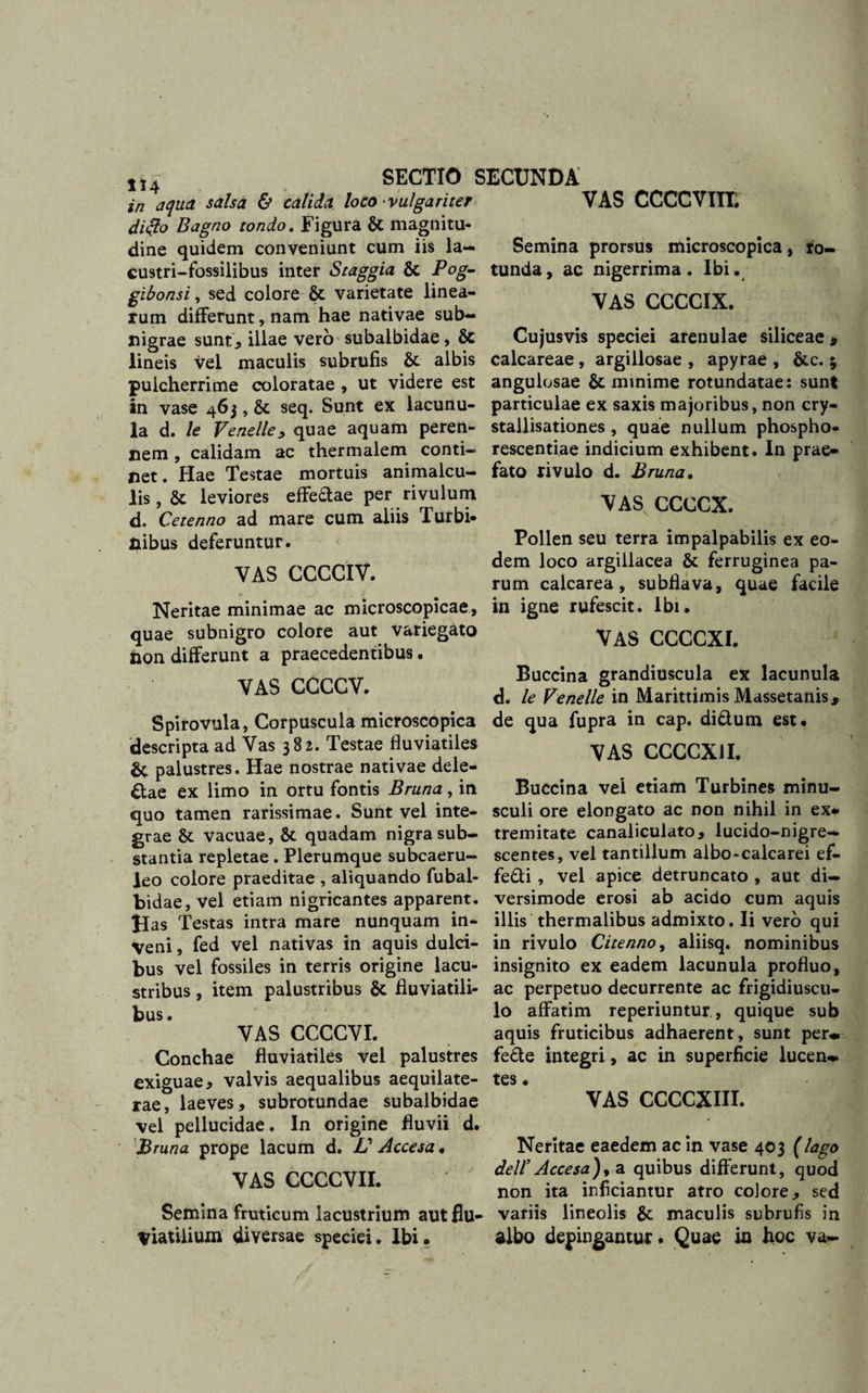 in aqua salsa &amp; calida loco‘Vulgariter dicio Bagno tondo. Figura &amp; magnitu¬ dine quidem conveniunt cum iis la- custri-fiossilibus inter Staggia 6c Pog- gibonsi, sed colore 6t varietate linea¬ rum differunt, nam hae nativae sub¬ nigrae sunt, illae vero subalbidae, 6c lineis vel maculis subrufis 6t albis pulcherrime coloratae , ut videre est in vase 463,6«; seq. Sunt ex lacunu- la d. le Venelle, quae aquam peren¬ nem , calidam ac thermalem conti¬ net. Hae Testae mortuis animalcu- lis,&amp; leviores efferae per rivulum d. Cetenno ad mare cum aliis Turbi* VAS CCCCVIIL Semina prorsus microscopica, ro¬ tunda , ac nigerrima. Ibi. VAS CCCCIX. Cujusvis speciei arenulae siliceae, calcareae , argillosae , apyrae , &amp;c. ; angulosae &amp; minime rotundatae: sunt particulae ex saxis majoribus, non cry- stallisationes , quae nullum phospho- rescentiae indicium exhibent. In prae¬ fato rivulo d. Bruna, VAS CCCCX. nibus deferuntur. VAS CCCCIV. Neritae minimae ac microscopicae, quae subnigro colore aut variegato non differunt a praecedentibus. VAS CCCCV. Spirovula, Corpuscula microscopica descripta ad Vas 382. Testae fluviatiles palustres. Hae nostrae nativae dele- dae ex limo in ortu fontis Bruna, in quo tamen rarissimae. Sunt vel inte¬ grae 61 vacuae, quadam nigra sub¬ stantia repletae. Plerumque subcaeru¬ leo colore praeditae , aliquando fubal- bidae, vel etiam nigricantes apparent. Has Testas intra mare nunquam in¬ veni , fed vel nativas in aquis dulci¬ bus vel fossiles in terris origine lacu- stribus, item palustribus 6t fluviatili¬ bus. VAS CCCCVI. Conchae fluviatiles vel palustres exiguae, valvis aequalibus aequilate- rae, laeves, subrotundae subalbidae vel pellucidae. In origine fluvii d. Bruna prope lacum d. V Accesa, VAS CCCCVII. Semina fruticum lacustrium aut flu¬ viatilium diversae speciei • Ibi • Pollen seu terra impalpabilis ex eo¬ dem loco argillacea &amp; ferruginea pa¬ rum calcarea, subflava, quae facile in igne rufescit. Ibi. VAS CCCCXI. Buccina grandiuscula ex lacunula d. le Venelle in Marittimis Massetanis, de qua fupra in cap. di&amp;um est. VAS CCCCXII. Buccina vel etiam Turbines minu¬ sculi ore elongato ac non nihil in ex¬ tremitate canaliculato, lucido-nigre- scentes, vel tantillum albo-calcarei ef- fe&amp;i , vel apice detruncato , aut di¬ versimode erosi ab acido cum aquis illis thermalibus admixto. Ii vero qui in rivulo Citenno, aliisq. nominibus insignito ex eadem lacunula profluo, ac perpetuo decurrente ac frigidiuscu¬ lo affatim reperiuntur, quique sub aquis fruticibus adhaerent, sunt per*, fe&amp;e integri, ac in superficie lucen¬ tes . VAS CCCCXIII. Neritae eaedem ac in vase 403 (lago deir Accesa)9 a quibus differunt, quod non ita inficiantur atro colore, sed variis lineolis 6c maculis subrufis in albo depingantur* Quae in hoc va-