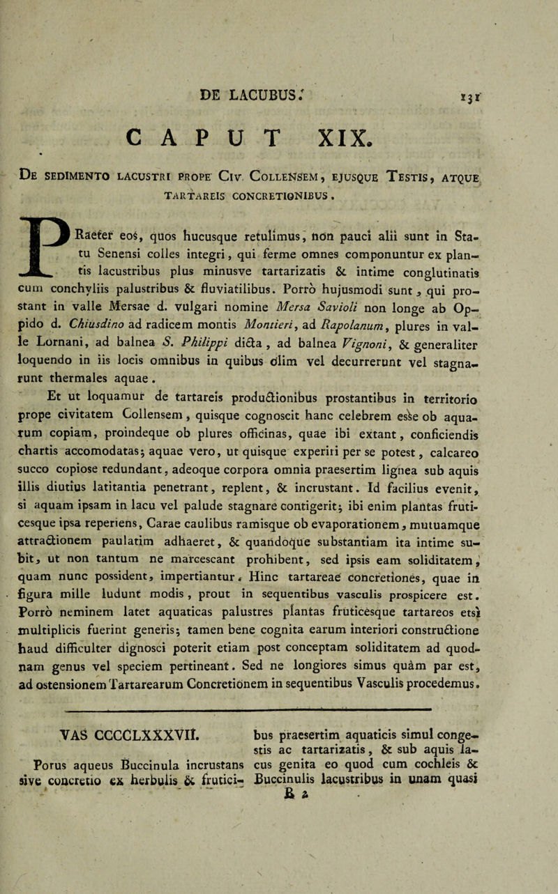 CAPUT XIX. Db SEDIMENTO LACUSTRI PROPE ClV, CoLLENSEM , EJUSQUE TESTIS 5 ATQUE TARTAREIS CONCRETIONIBUS . PRaeter eo$, quos hucusque retulimus, non pauci alii sunt in Sta« tu Senensi colles integri, qui ferme omnes componuntur ex plan¬ tis lacustribus plus minusve tartarizatis &amp;. intime conglutinatis cum conchyliis palustribus &amp;; fluviatilibus. Porro hujusmodi sunt, qui pro¬ stant in valle Mersae d. vulgari nomine Mersa Savioli non longe ab Op¬ pido d. Chiusdino ad radicem montis Montieri, ad Rapolanum, plures in val¬ le Lornani, ad balnea S, Philippi di£ta , ad balnea Vignoni, &amp; generaliter loquendo in iis locis omnibus in quibus dlim vel decurrerunt vel stagna¬ runt thermales aquae . Et ut loquamur de tartareis produnionibus prostantibus in territorio prope civitatem Gollensem, quisque cognoscit hanc celebrem esfce ob aqua¬ rum copiam, proindeque ob plures offitinas, quae ibi extant, conficiendis chartis accomodatas; aquae vero, ut quisque experiri per se potest, calcareo succo copiose redundant, adeoque corpora omnia praesertim lignea sub aquis illis diutius latitantia penetrant, replent, &amp; incrustant. Id facilius evenit, si aquam ipsam in lacu vel palude stagnare contigerit; ibi enim plantas fruti¬ cesque ipsa reperiens, Carae caulibus ramisque ob evaporationem, mutuamque attra&amp;ionem paulatim adhaeret, &amp; quandoque substantiam ita intime su¬ bit, ut non tantum ne marcescant prohibent, sed ipsis eam soliditatem, quam nunc possident, impertiantur • Hinc tartareae Concretiones, quae in figura mille ludunt modis, prout in sequentibus vasculis prospicere est. Porro neminem latet aquaticas palustres plantas fruticesque tartareos etsi multiplicis fuerint generis; tamen bene cognita earum interiori construdione haud difficulter dignosci poterit etiam post conceptam soliditatem ad quod¬ nam genus vel speciem pertineant. Sed ne longiores simus quam par est, ad ostensionem Tartarearum Concretionem in sequentibus Vasculis procedemus. VAS CCCCLXXXVII. bus praesertim aquaticis simul conge¬ stis ac tartarizatis, &amp; sub aquis ia- Porus aqueus Buccinula incrustans cus genita eo quod cum cochleis &amp; sive concretio ex herbulis &amp; frutici- JBuccinulis lacustribus in unam quasi ' - - ~ Ea