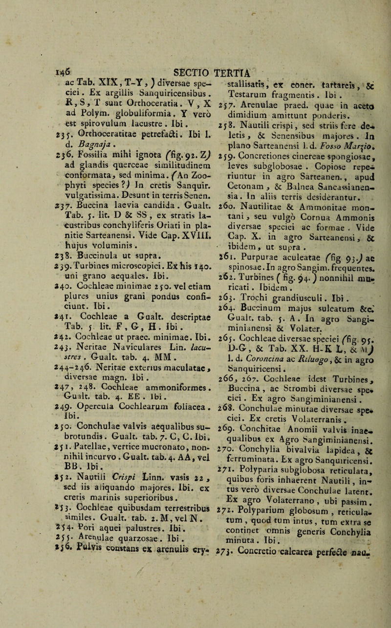 i*6 SECTIO TEftTIA ac Tab. XIX, T-Y, ) diversae spe¬ ciei . Ex argillis Sanquiricensibus . B, S , T sunt Orthoceratia. V, X ad Polym. globuliformia. Y vero est spirovulum lacustre . Ibi. 23 J* Orthoceratitae petrefa&amp;i. Ibi 1. d. Bagnaja . 2)6. Fossilia mihi ignota {fig.g2.Zj ad glandis querceae similitudinem conformata, sed minima. (An Zoo- phyti species?,) In cretis Sanquir. vulgatissima. Desunt in terris Senen. 2)7. Buccina laevia candida. Gualt. Tab. j. Iit. D &amp; SS , ex stratis la- custribus conchyliferis Oriati in pla¬ nitie Sarteanensi. Vide Cap.XVIlI. hujus voluminis . 238. Buccinula ut supra. 2 3 9. Turbines microscopici. Ex his 140. uni grano aequales. Ibi. 340. Cochleae minimae 2 $0. vel etiam plures unius grani pondus confi¬ ciunt. Ibi. 341. Cochleae a Gualt. descriptae Tab. 5 iit. F , G, H . Ibi. 342. Cochleae ut praec. minimae. Ibi. 243. Neritae Naviculares Lin. lacu¬ stre s . Gualt. tab. 4. MM . 244-246. Neritae exterius maculatae » diversae magn. Ibi. 247» 248. Cochleae ammoniformes. Gualt. tab. 4. EE . Ibi. 249. Opercula Cochlearum foliacea • Ibi. 250. Conchulae valvis aequalibus su¬ brotundis . Gualt. tab. 7. C, C. Ibi* 251. Patellae, vertice mucronato, non¬ nihil incurvo. Gualt. tab. 4. AA, vei BB. Ibi. ; 252. Nautili Crispi Linn. vasis 22, sed iis aliquando majores. Ibi. ex cretis marinis superioribus. 253. Cochleae quibusdam terrestribus similes. Gualt. tab. 2.M,velN. 2 54« Pori aquei palustres. Ibi. 255. Arenulae quarzosae. Ibi. »j6. Pulvis constans ex arenulis cry* stallisatis, ex coner. tartareis, &amp; Testarum fragmentis . Ibi . 257. Arenulae praed. quae in aceto dimidium amittunt ponderis. 258. Nautili crispi, sed striis fere de-* letis, &amp; Senensibus majores. In plano Sarteanensi Ld, Fosso Marcio. 259. Concretiones cinereae spongiosae, leves subglobosae . Copiose repe— riuntur in agro Sarteanen., apud Cetonam , &amp; Balnea Sancassimen- sia. In aliis terris desiderantur. 260. Nautilitae &amp; Ammonitae mon¬ tani , seu vulgo Cornua Ammonis diversae speciei ac formae . Vide Cap. X. in agro Sarteanensi, St ibidem , ut supra . 261. Purpurae aculeatae ffig 93.^ ac spinosae.In agroSangim. frequentes. 262. Turbines ( fig. 94. ) nonnihil mu¬ ricati . Ibidem . 263. Trochi grandiusculi. Ibi. 264. Buccinum majus sulcatum &amp;cj Gualt. tab. j. A. In agro Sangi— minianensi &amp; Volater. 265. Cochleae diversae speciei /'fig oc. D-G, &amp; Tab. XX. H-K L, 6l VI) 1. d. Coroncina ac Riluogo, 6c in agro Sanquiricensi. 266. 267. Cochleae idest Turbines, Buccina, ac Strombi diversae spe¬ ciei . Ex agro Sangiminianensi. 268. Conchulae minutae diversae spe¬ ciei. Ex cretis Volaterranis. 269. Conchitae Anomii valvis inae¬ qualibus ex Agro Sangiminianensi. 270. Conchylia bivalvia lapidea, &amp; ferruminata. Ex agro Sanquiricensi. 171. Polyparia subglobosa reticulata, quibus foris inhaerent Nautili, in¬ tus vero diversae Conchulae latent. Ex agro Volaterrano , ubi passim. 272. Polyparium globosum , reticula, tum , quod tum intus , tum extra se continet omnis generis Conchylia minuta. Ibi. 273. Concretio calcarea perfefle nau.