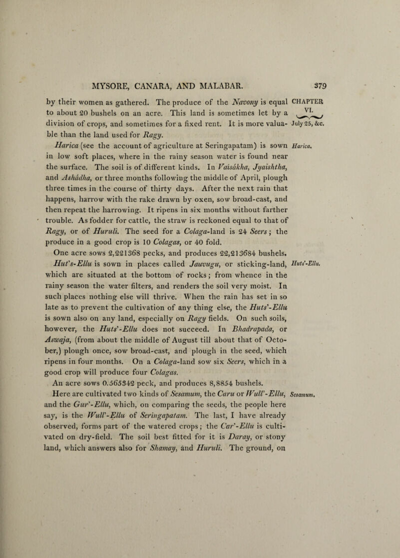 by their women as gathered. The produce of the Navony is equal CHAPTER to about 20 bushels on an acre. This land is sometimes let by a division of crops, and sometimes for a fixed rent. It is more valua- July 25, &c. ble than the land used for Ragy. Harica (see the account of agriculture at Seringapatam) is sown Harica. in low soft places, where in the rainy season water is found near the surface. The soil is of different kinds. In Vaisdkha, Jyaishtha, and Ashadha, or three months following the middle of April, plough three times in the course of thirty days. After the next rain that happens, harrow with the rake drawn by oxen, sow broad-cast, and then repeat the harrowing. It ripens in six months without farther ' trouble. As fodder for cattle, the straw is reckoned equal to that of Ragy, or of Huruli. The seed for a Colaga-land is 24 Seers; the produce in a good crop is 10 Colagas, or 40 fold. One acre sows 2,221368 pecks, and produces 22,213684 bushels. Hut's-Ellu is sown in places called Jauvugu, or sticking-land, Huts'-Ellu. which are situated at the bottom of rocks; from whence in the rainy season the water filters, and renders the soil very moist. In such places nothing else will thrive. When the rain has set in so late as to prevent the cultivation of any thing else, the Huts'-Ellu is sown also on any land, especially on Ragy fields. On such soils, however, the Huts'-Ellu does not succeed. In Bhadrapada, or Aswaja, (from about the middle of August till about that of Octo¬ ber,) plough once, sow broad-cast, and plough in the seed, which ripens in four months. On a Colaga-land sow six Seers, which in a good crop will produce four Colagas. An acre sows 0.565342 peck, and produces 8,8854 bushels. Here are cultivated two kinds of Sesamum, the Caru or JVuU'-Ellu, Sesamum. and the Gur'-Ellu, which, on comparing the seeds, the people here say, is the JVull'-Ellu of Seringapatam. The last, I have already observed, forms part of the watered crops; the Car'-Ellu is culti¬ vated on dry-field. The soil best fitted for it is Daray, or stony land, which answers also for Shamay, and Huruli. The ground, on