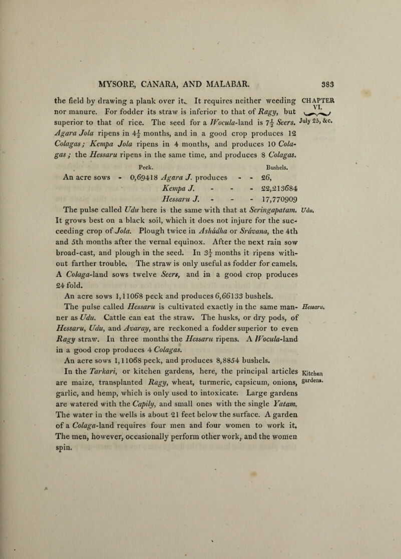 the field by drawing a plank over it,. It requires neither weeding* CHAPTER nor manure. For fodder its straw is inferior to that of Ragy, but superior to that of rice. The seed for a Wocula-land is 7j Seers. 25>&c* Agava Jola ripens in 4\ months, and in a good crop produces 12 Colagas ; Kempa Jola ripens in 4 months, and produces 10 Cola- gas ; the Hessaru ripens in the same time, and produces 8 Colagas. Peck. Bushels. An acre sows - 0,59418 Agara J. produces - - 26, Kempa J. - - - 22,213684 Hessaru J. - 17,770909 The pulse called Udu here is the same with that at Seringapatam. Udu. It grows best on a black soil, which it does not injure for the suc¬ ceeding crop of Jola. Plough twice in Ashadha or Srdvana, the 4th and 5th months after the vernal equinox. After the next rain sow broad-cast, and plough in the seed. In 3| months it ripens with¬ out farther trouble. The straw is only useful as fodder for camels. A Colaga-land sows twelve Seers, and in a good crop produces 24 fold. An acre sows 1,11068 peck and produces 6,66133 bushels. The pulse called Hessaru is cultivated exactly in the same man- Hessaru. ner as Udu. Cattle can eat the straw. The husks, or dry pods, of Hessaru, Udu, and Avaray, are reckoned a fodder superior to even Ragy straw. In three months the Hessaru ripens. A lVocula-\a.nd in a good crop produces 4 Colagas. An acre sows 1,11068 peck, and produces 8,8854 bushels. In the Tarkari, or kitchen gardens, here, the principal articles Kitchen are maize, transplanted Ragy, wheat, turmeric, capsicum, onions, §arden*' garlic, and hemp, which is only used to intoxicate. Large gardens are watered with the Capily, and small ones with the single Yatam. The water in the wells is about 21 feet below the surface. A garden of a Colaga-land requires four men and four women to work it. The men, however, occasionally perform other work, and the women spin.