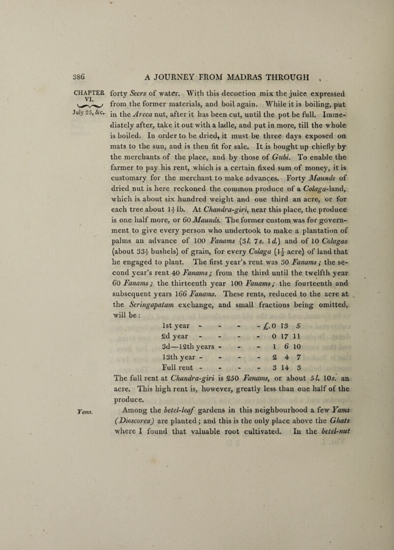 CHAPTER forty Seers of water. With this decoction mix the juice expressed from the former materials, and boil again. While it is boiling, put July 25, &c. jn t|ie Areca nut, after it has been cut, until the pot be full. Imme¬ diately after, take it out with a ladle, and put in more, till the whole is boiled. In order to be dried, it must be three days exposed on mats to the sun, and is then fit for sale. It is bought up chiefly by the merchants of the place, and by those of Gubi. To enable the farmer to pay his rent, which is a certain fixed sum of money, it is customary for the merchant to make advances. Forty Maunds of dried nut is here reckoned the common produce of a Colaga-land, which is about six hundred weight and one third an acre, or for each tree about 1-J-lb. At Chandra-giri, near this place, the produce is one half more, or 60 Maunds. The former custom was for govern¬ ment to give every person who undertook to make a plantation of palms an advance of 100 Fanams (3/. 7s. Id.) and of 10 Colagas (about 33-f bushels) of grain, for every Colaga (l^ acre) of land that he engaged to plant. The first year’s rent was 30 Fanams ; the se¬ cond year’s rent 40 Fanams; from the third until the twelfth year 60 Fanams; the thirteenth year 100 Fanams; the fourteenth and subsequent years 166 Fanams. These rents, reduced to the acre at the Seringapatam exchange, and small fractions being omitted, will be: 1st year - - - -£.013 5 2d year - - - - 0 17 11 3d—12th years - - . - 1 6 10 13th year - - - 2 4 7 Full rent - - - 3 14 3 The full rent at Chandra-giri is 250 Fanams, or about 5l. 10s. an acre. This high rent is, however, greatly less than one half of the produce. Yams. Among the betel-leaf gardens in this neighbourhood a few Yams (Dioscorea) are planted ; and this is the only place above the Ghats where I found that valuable root cultivated. In the betel-nut
