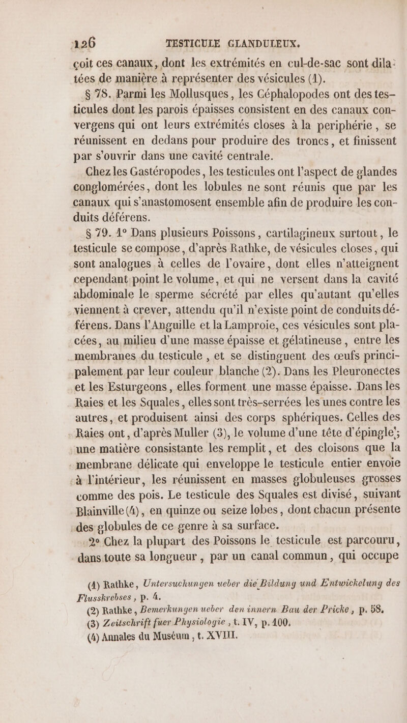 çoit ces canaux, dont les extrémités en cul-de-sac sont dila: tées de manière à représenter des vésicules (1). $ 78. Parmi les Mollusques , les Céphalopodes ont des tes- ticules dont les parois épaisses consistent en des canaux con- vergens qui ont leurs extrémités closes à la periphérie, se réunissent en dedans pour produire des troncs, et finissent par s'ouvrir dans une cavité centrale. Chez les Gastéropodes, les testicules ont l'aspect de glandes conglomérées, dont les lobules ne sont réunis que par les canaux qui s’anastomosent ensemble afin de produire les con- duits déférens. $ 79. 4° Dans plusieurs Poissons, cartilagineux surtout , le testicule se compose, d’après Rathke, de vésicules closes, qui sont analogues à celles de l'ovaire, dont elles n’atteignent cependant point le volume, et qui ne versent dans la cavité abdominale le sperme sécrété par elles qu'autant qu'elles viennent à crever, attendu qu'il n'existe point de conduits dé- férens. Dans l’Anguille et la Lamproie, ces vésicules sont pla- cées, au. milieu d’une masse épaisse et gélatineuse, entre les membranes du testicule , et se distinguent des œufs princi- palement par leur couleur blanche (2). Dans les Pleuronectes et les Esturgeons, elles forment une masse épaisse. Dans les Raies et les Squales, elles sont très-serrées les unes contre les autres, et produisent ainsi des corps sphériques. Celles des . Raies ont, d’après Muller (3), le volume d’une tête d’épingle’; “une matière consistante les remplit, et des cloisons que Ja - membrane délicate qui enveloppe le testicule entier envoie -à l'intérieur, les réunissent en masses globuleuses grosses comme des pois. Le testicule des Squales est divisé, suivant Blainville (4), en quinze ou seize lobes, dont chacun présente -des globules de ce genre à sa surface. 2° Chez la plupart des Poissons le testicule est parcouru, dans toute sa longueur , par un canal commun, qui occupe (4) Rathke, Untersuchungen ueber die Bildung und Entwickelung des Flusskrebses , p. 4. (2) Rathke, Bemerkungen ueber den innern Bau der Priche, p. 58, (3) Zeitschrift fuer Physiologie , &amp;. IV, p.400,