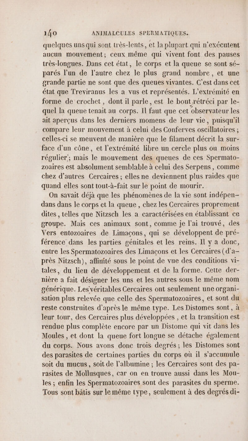 quelques uns qui sont très-lents, et la plupart qui n'exécutent aucun mouvement; ceux même qui vivent font des pauses très-longues. Dans cet état, le corps et la queue se sont sé- parés l’un de l’autre chez le plus grand nombre, et une grande partie ne sont que des queues vivantes. C’est dans cet état que Treviranus les à vus et représentés. L’extrémité en forme de crochet, dont il parle, est le bout rétréci par le- quel la queue tenait au corps. Il faut que cet observateur les ait aperçus dans les derniers momens de leur vie, puisqu'il compare leur mouvement à celui des Conferves oscillatoires ; celles-ci se meuvent de manière que le filament décrit la sur- face d’un cône, et l'extrémité libre un cercle plus ou moins régulier‘; mais le mouvement des queues de ces Spermato- zoaires est absolument semblable à celui des Serpens, comme chez d’autres Cercaires ; elles ne deviennent plus raides que quand elles sont tout-à-fait sur le point de mourir. On savait déjà que les phénomènes de la vie sont indépen- dans dans le corps et la queue , chez les Cercaires proprement dites , telles que Nitzsch les a caractérisées en établissant ce groupe. Mais ces animaux sont, comme je l'ai trouvé, des Vers entozoaires de Limaçons, qui se développent de pré- férence dans les parties génitales et les reins. Il y a donc, entre les Spermatozoaires des Limacons et les Cercaires (d’a- près Nitzsch), affinité sous le point de vue des conditions vi- tales, du lieu de développement et de la forme. Cette der- nière a fait désigner les uns et les autres sous le même nom générique. Les véritables Cercaires ont seulement une organi- sation plus relevée que celle des Spermatozoaires, et sont du reste construites d'après le même type. Les Distomes sont, à leur tour, des Cercaires plus développées , et la transition est rendue plus complète encore par un Distome qui vit dans les Moules , et dont la queue fort longue se détache également du corps. Nous avons donc trois degrés ; les Distomes sont des parasites de certaines parties du corps où il s’accumule soit du mucus, soit de l’albumine ; les Cercaires sont des pa- rasites de Mollusques, car on en trouve aussi dans les Mou- les ; enfin les Spermatozoaires sont des parasites du sperme. Tous sont bâtis sur le même tvpe, seulement à des degrés di-