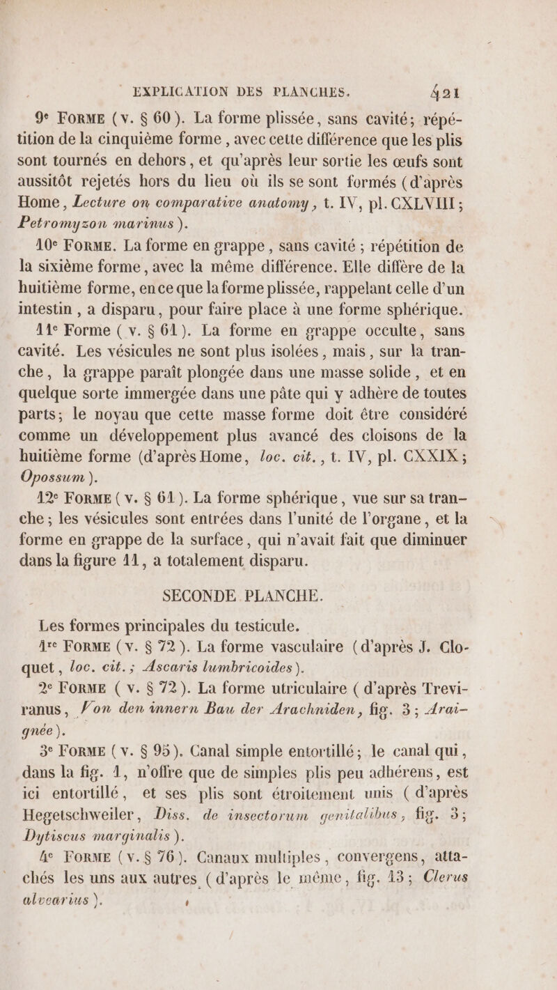 9% FoRME (v. $ 60). La forme plissée, sans cavité; répé- tition de la cinquième forme , avec cette différence que les plis sont tournés en dehors , et qu'après leur sortie les œufs sont aussitôt rejetés hors du lieu où ils se sont formés (d'après Home, Lecture on comparative anatomy , t. IV, pi. CXLVIL ; Petromyzon marinus ). 10° Forme. La forme en grappe , sans cavité ; répétition de la sixième forme , avec la même différence. Elle diffère de la huitième forme, en ce que la forme plissée, rappelant celle d’un Intestin , à disparu, pour faire place à une forme sphérique. 11e Forme ( v. $ 61). La forme en grappe occulte, sans cavité. Les vésicules ne sont plus isolées, mais, sur la tran- che, la grappe paraît plongée dans une masse solide, et en quelque sorte immergée dans une pâte qui y adhère de toutes parts; le noyau que cette masse forme doit être considéré comme un développement plus avancé des cloisons de la huitième forme (d’après Home, loc. cit. , t. IV, pl. CXXIX ; Opossum ). 12° FORME ( v. $ 61). La forme sphérique, vue sur sa tran- che ; les vésicules sont entrées dans l'unité de l'organe, et la forme en grappe de la surface, qui n’avait fait que diminuer dans la figure 11, à totalement disparu. SECONDE PLANCHE. Les formes principales du testicule. îre FORME (v. $ 72). La forme vasculaire (d’après J. Clo- quet, loc. cit.; Ascaris lumbricoides ). 2° FORME ( v. $ 72). La forme utriculaire ( d’après Trevi- ranus, on den innern Bauw der Arachniden, fig. 3 ; Arai- gnee ). 3° FORME ( v. $ 95). Canal simple entortillé; le canal qui, dans la fig. 1, n'offre que de simples plis peu adhérens, est ici entortillé, et ses plis sont étroitement unis ( d’après Hegetschweiïler, Diss. de insectorum genitalibus ; fig. 3; Dytiscus marginalis ). he FORME (v.$ 76). Canaux multiples, convergens, atta- chés les uns aux autres (d’après le même, fig. 13; Clerus alvearius ). ;