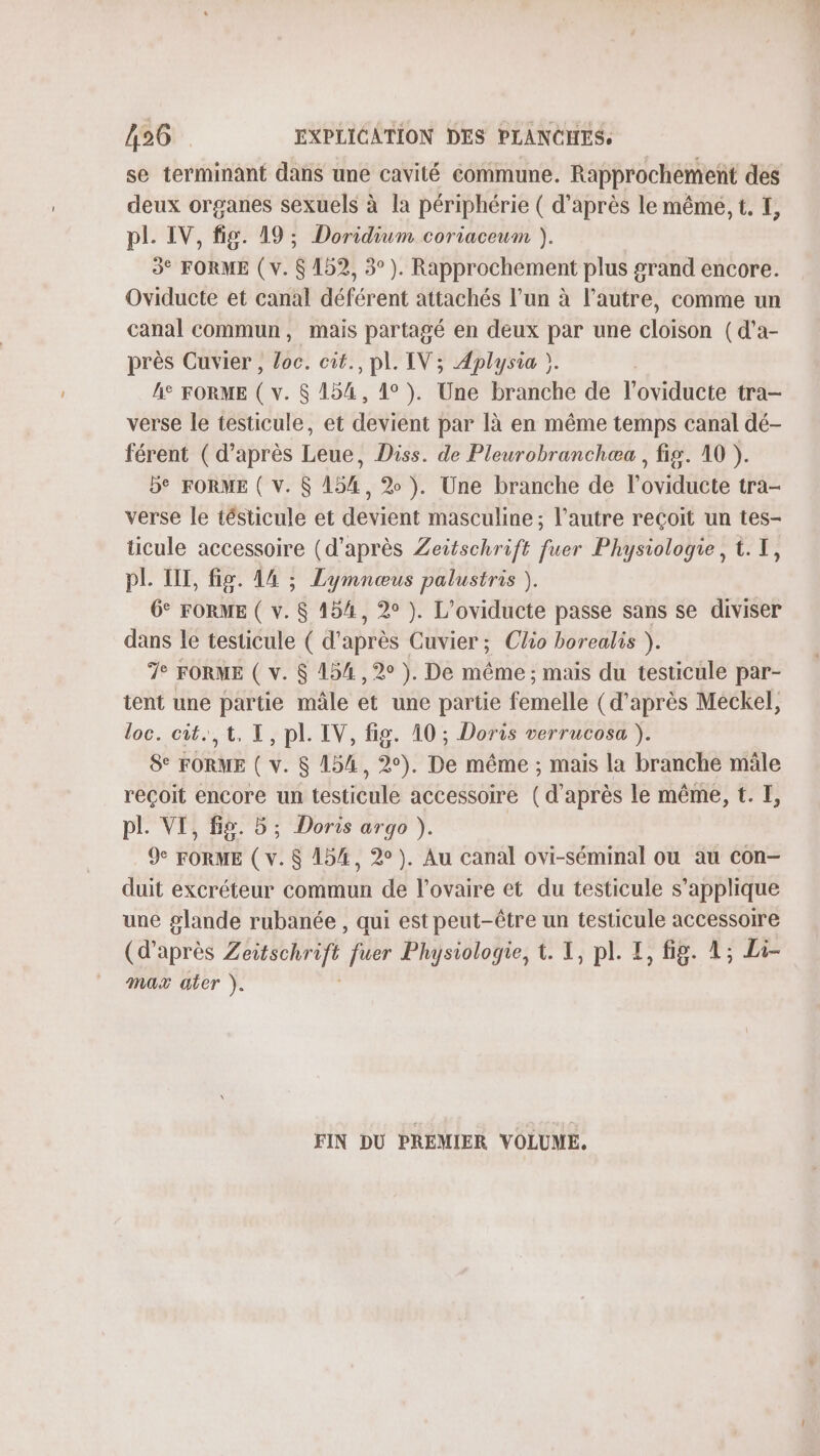 se terminant dans une cavité commune. Rapprochement des deux organes sexuels à la périphérie ( d’après le même, t. E, pl. IV, fig. 19; Doridium coriaceum ). 3° FORME ( v. $ 152, 3°). Rapprochement plus grand encore. Oviducte et canal déférent attachés l’un à l’autre, comme un canal commun, mais partagé en deux par une cloison (d’a- près Cuvier , loc. cit. pl. IV; Aplysia ). ° FORME é. &amp; 154, 1°). Une branche de l'oviducte tra— verse le testicule, et dévrént par là en même temps canal dé- férent (d’après Leue, Diss. de Pleurobranchæa , fig. 10 ). 5° FORME ( V. $ 154, 2 ). Une branche de l’oviducte tra- verse le tésticule et devient masculine; l’autre recoit un tes- ticule accessoire (d’après Zeitschrift fuer Physiologie, t.T, pl. IT, fig. 44 ; Lymnœus palustris ). 6° FORME ( v. $ 154, 2° ). L’oviducte passe sans se diviser dans le testicule ( d'après Cuvier; Clio borealis ). 7° FORME ( v. $ 154 ,2° ). De même; mais du testicule par- tent une partie mâle et une partie femelle (d’après Meckel, loc. cit, t, T, pl. IV, fig. 10 ; Doris verrucosa ). 8e FORME ( v. 8 154, 2°). De même ; mais la branche mâle reçoit encore un testicule accessoire (d'aprée le même, t. I, pl. VI, fig. 5; Doris argo ). 9e FOR (v.$ 154, 2). Au canal ovi-séminal où au con- duit excréteur commun de l'ovaire et du testicule s'applique une glande rubanée , qui est peut-être un testicule accessoire (d'après Zeitschr De fuer Physiologie, 1. À, pl. £, fig. 1; Li- max aber ). FIN DU PREMIER VOLUME.