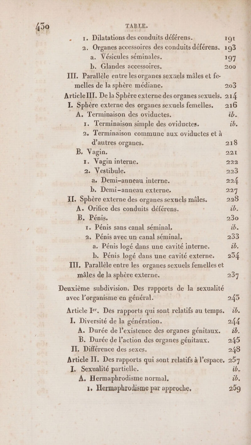 : re à . «1. Dilatations des conduits déférens. 1OT 2. Organes accessoires des conduits déférens. 193 a. Vésicules séminales. 197 b. Glandes accessoires. 200 IT. Parallèle entre les organes sexuels mâles et fe- melles de la sphère médiane. 203 Article IIT. De la Sphère externe des organes sexuels. 214 I. Sphère externe des organes sexuels femelles. 216 À. Terminaison des oviductes. ib. 1. Terminaison simple des oviductes. 1b. 2 Terminaison commune aux oviductes et à d’autres organes. 218 B. Vagin. 291 I. Vagin interne. 222 2. Vestibule. 993 a Demi-anneau interne. 224 b. Demi-anneau externe. 227 11. Sphère externe des organes sexuels mâles. 228 A. Orifice des conduits déférens. 1b. B. Pénis. 230 T. Pénis sans canal séminal. tb. 2, Pénis avec un canal séminal. 233 a. Pénis logé dans une cavité interne. 1b. b. Pénis logé dans une cavité externe. 254 IT. Parallèle entre les organes sexuels femelles et mâles de la sphère externe. 237 Deuxième subdivision. Des rapports de la sexualité avec l’organisme en général. 243 Article Ie. Dés rapports qui sont relatifs au temps. 1. TL Diversité de la génération. 244 A. Durée de l’existence des organes génitaux. 5. B. Durée de l’action des organes génitaux. 245 IT. Différence des sexes. 2/8 Article IT. Des rapports qui sont relatifs à l’espace, 257 I. Sexualité partielle. ib. À. Hermaphrodisme normal, cb, 1. Hermaphrodisme par approche, 259