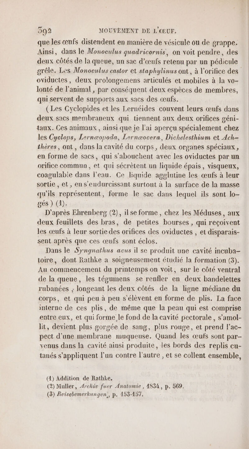 que les œufs distendent en manière de vésicule ou de grappe. Ainsi, dans le Monoculus quadricornis, on voit pendre, des deux côtés de la queue, un sac d’œufs retenu par un pédicule grêle. Les Monoculus castor et staphylinus ont, à l’orifice des oviductes, deux prolongemens articulés et mobiles à la vo- lonté de l'animal , par conséquent deux espèces de membres, qui servent de supports aux sacs des œufs. (Les Cyclopides et les Lernéides couvent leurs œufs dans deux sacs membraneux qui tiennent aux deux orifices géni- taux. Ces animaux , ainsi que je l'ai aperçu spécialement chez les Cyclops, Lernæopoda, Lernæocera, Dichelesthium et Ach- thères, ont, dans la cavité du corps , deux organes spéciaux , en forme de sacs, qui s’abouchent avec les oviductes par un orifice commun, et qui sécrètent un liquide épais, visqueux, coagulable dans l’eau. Ce liquide agglutine les œufs à leur sortie , et, en s’endurcissant surtout à la surface de la masse qu'ils représentent, forme le sac dans lequel ils sont lo- gés ) (1). D'après Ehrenberg (2), ilse forme, chez les Méduses, aux deux feuillets des bras, de petites bourses , qui reçoivent les œufs à leur sortie des orifices des oviductes , et disparais- sent après que ces œufs sont éclos. Dans le Syngnathus acus il se produit une cavité mcuba- toire, dont Rathke a soigneusement étudié la formation (3). Au commencement du printemps on voit, sur le côté ventral de la queue, les tégumens se renfler en deux bandelettes rubanées ; longeant les deux côtés de la ligne médiane du corps, et qui peu à peu s'élèvent en forme de plis. La face interne de ces plis, de même que la peau qui est comprise entre eux, et qui forme le fond de la cavité pectorale , s’amol- lit, devient plus gorgée de sang, plus rouge, et prend l’ac- pect d’une membrane muqueuse. Quand les œufs sont par- venus dans la cavité ainsi produite, les bords des replis cu- tanés s'appliquent l'un contre l’autre , et se collent ensemble, (4) Addition de Ratbke, (2) Muller, Archiv fuer Anatomie , 4834, p. 569. (3) Reisebemerkungen;, p. 153-157,