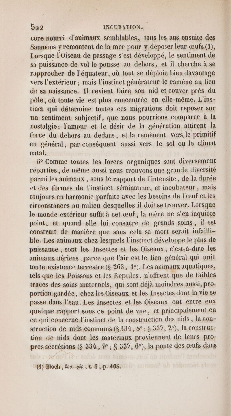 core nourri d'animaux semblables, tous les ans ensuite des Saumons y remontent de la mer pour y déposer leur œufs(1), Lorsque l'Oiseau de passage s’est développé, le sentiment de sa puissance de vol le pousse au dehors, et il cherche à se rapprocher de l'équateur, où tout se déploie bien davantage vers l'extérieur ; mais l'instinct générateur le ramène au lieu de sa naissance. Il revient faire son nid et couver près du pôle, où toute vie est plus concentrée en elle-même. L'ins- tinct qui détermine toutes ces migrations doit reposer sur un sentiment subjectif, que nous pourrions comparer à la nostalgie; l'amour et le désir de la génération attirent la force du dehors au dedans, et la remènent vers le primitif en général, par conséquent aussi vers le sol ou le climat natal, 5° Comme toutes les forces organiques sont diversement réparties, de même aussi nous trouvons une grande diversité parmi les animaux , sous le rapport de l'intensité, de la durée et des formes de l'instinct séminateur, et inoubateur, mais toujours en harmonie parfaite avec les besoins de l'œuf et les circonstances au milieu desquelles il doit se trouver. Lorsque le monde extérieur suffit à cet œuf, la mère ne s’en inquiète point, et quand elle lui consacre de grands soins, 1 est construit de manière que sans cela sa mort serait infailli- ble. Les animaux chez lesquels l'instinct développe le plus de puissance , sont les Insectes et les Oiseaux, c’est-à-dire les animaux aériens , parce que l'air est le lien général qui unit toute existence terrestre ($ 263, 1e). Les animaux aquatiques, tels que les Poissons et les Reptiles, n'offrent que de faibles traces des soins maternels, qui sont déjà moindres aussi, pro- portion gardée, chez les Oiseaux et les Insectes dont la vie se passe dans l’eau. Les Insectes et les Oiseaux ont entre eux quelque rapport sous ce point de vue, et principalement en ce qui concerne l'instinct de la construction des nids , la con- struction de nids.communs ($ 334, 8° ; $ 337, 2°), la construc- tion de nids dont les matériaux proviennent de leurs pro- pres sécrétions ($ 334, ® ; $ 337, 6°), la ponte des œufs dans di (1) Bloch , loc. cit, E , p. 465.