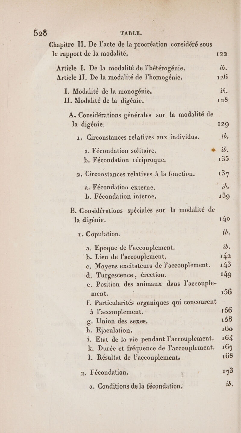 562$ TABLE. Chapitre IT. De l’acte de la procréation considéré sous le rapport de la modalité. | Article I. De la modalité de l’hétérogénie. Article IT. De la modalité de l’homogénie. I. Modalité de la monogénie, IT. Modalité de la digénie. A. Considérations générales sur la modalité de la digénie. 1. Circonstances relatives aux individus. b. Fécondation réciproque. 2, Circonstances relatives à la fonction. a. Fécondation externe. b. Fécondation interne. B. Considérations spéciales sur la modalité de la digénie. Le Copulation. a. Epoque de l’accouplement. b. Lieu de l’accouplement. c. Moyens excitateurs de l’accouplement. d. Turgescence, érection. e. Position des animaux dans l’accouple- ment. f. Particularités organiques qui concourent à l’accouplement. g. Union des sexes. h. Ejaculation. i. Etat de la vie pendant l’accouplement. k. Durée et fréquence de l’accouplement. 1. Résultat de l’accouplement. 2. Fécondation. ï a, Conditions de la fécondation.