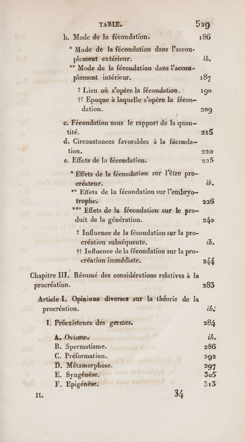 créateur, tb. ** Effets de la fécondation sur l’embrÿo- trophe, 226 *** Effets de la fécondation sur le pro- duit de la génération. 240 Influence de la fécondation sur la pro- création subséquente. ib. tt Influence de la fécondation sur la pro- | création immédiate. 244 Chapitre III. Résumé des considérations relatives à la procréation. 283 Article I. Opinions: diverses sur: la théorie de la procréation. ib T. Préexistence des germes. 284 À. -Ovisme. ib. B. Spermatisme. | 286 C. Préformation. 292 D. Métamorphose. 297 E. Syngénèse. 505 F. Epigénèse. mr. 513 Il, TABLE. D29 b. Mode de la fécondation. 186 * Modé dé la fécondation dans laccou- plemient extérieur. ib. ** Mode de la fécondation dans l’aecou- plement intérieur. 107 Lieu où s’opère la fécondation. 100 t Epoque à laquelle s'opère la fécon- dation. 209 c. Fécondation sous le rapport de la quan- tité. 215 d. Circonstances favorables à la féconda- tion. 220 e. Effets de la fécondation. 225 * Effets de la fécondation sur l'être pro- 34