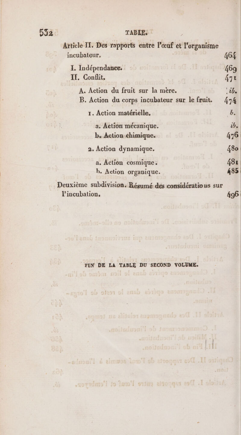 Article TI. Des rapports entre l’œuf ét l'organisme incubateur. 464 I. Indépendance. 46g IT. Conflit. 47 A. Action du fruit sur la mère. lib. B. Action du corps incubateur sur le fruit. 474 1. Action matérielle. _B. a. Action mécanique. 1h. b.. Action chimique. 476 2. Action dynamique, 480 a, Action cosmique. ATE bh. Action organique. 485 Deuxième subdivision. Résumé des considérations sur l'incubation, 406 FIN DE LA TABLE DU SECOND VOLUME.