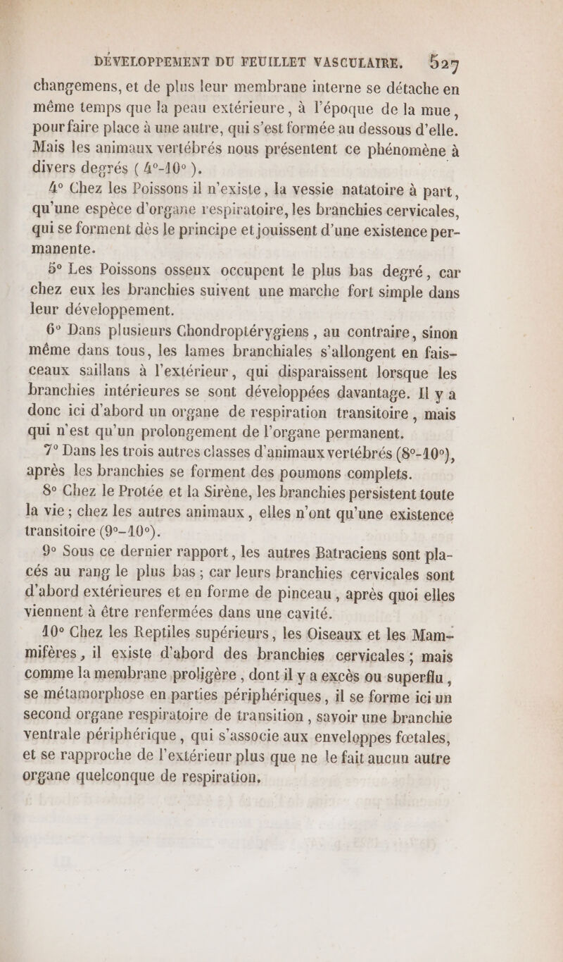 changemens, et de plus leur membrane interne se détache en même temps que la peau extérieure, à l’époque de la mue, pour faire place à une autre, qui s’est formée au dessous d'elle. Mais les animaux vertébrés nous présentent ce phénomène à divers degrés ( 4°-10° ). | 4° Chez les Poissons il n'existe, la vessie natatoire à part, qu'une espèce d'organe respiratoire, les branchies cervicales, qui se forment dès le principe et jouissent d’une existence per- manente. 5° Les Poissons osseux occupent le plus bas degré, car chez eux les branchies suivent une marche fort simple dans leur développement. 6° Dans plusieurs Ghondroptérygiens , au contraire, sinon même dans tous, les lames branchiales s’allongent en fais- ceaux Ssallans à l'extérieur, qui disparaissent lorsque les branchies intérieures se sont développées davantage. Il y a donc ici d'abord un organe de respiration transitoire , mais qui n’est qu'un prolongement de l'organe permanent. 7° Dans les trois autres classes d'animaux vertébrés (8°-10c), après les branchies se forment des poumons complets. 8° Chez le Protée et la Sirène, les branchies persistent toute la vie ; chez les autres animaux , elles n’ont qu'une existence transitoire (9-10). 9° Sous ce dernier rapport, les autres Batraciens sont pla- cés au rang le plus bas ; car leurs branchies cervicales sont d'abord extérieures et en forme de pinceau , après quoi elles viennent à être renfermées dans une cavité. 10° Chez les Reptiles supérieurs, les Oiseaux et les Mam= mifères , il existe d'abord des branchies cervicales ; mais . comme la membrane proligère , dont il y a excès ou superflu , se métamorphose en parties périphériques, il se forme ici un second organe respiratoire de transition , savoir une branchie ventrale périphérique , qui s'associe aux enveloppes fœtales, et se rapproche de l'extérieur plus que ne le fait aucun autre organe quelconque de respiration,