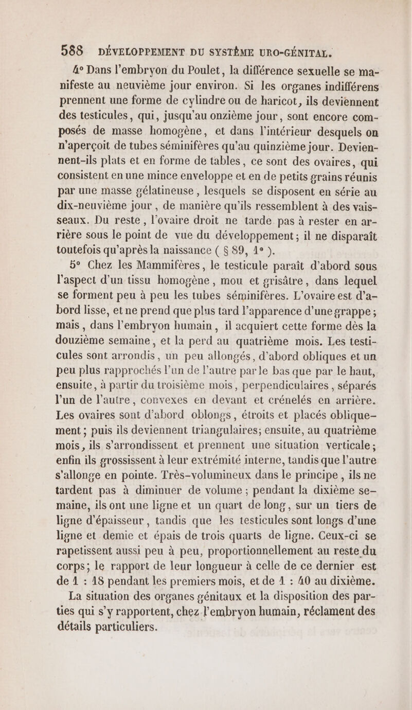 4° Dans l'embryon du Poulet, la différence sexuelle se ma- nifeste au neuvième jour environ. Si les organes indifférens prennent une forme de cylindre ou de haricot, ils deviennent des testicules, qui, jusqu’au onzième jour, sont encore com- posés de masse homogène, et dans l'intérieur desquels on n'aperçoit de tubes séminifères qu’au quinzième jour. Devien- _ nent-ils plats et en forme de tables, ce sont des ovaires, qui consistent en une mince enveloppe et en de petits grains réunis par une masse gélatineuse , lesquels se disposent en série au dix-neuvième jour , de manière qu'ils ressemblent à des vais- seaux. Du reste, l'ovaire droit ne tarde pas à rester en ar- rière sous le point de vue du développement; il ne disparaît toutefois qu'après la naissance ( 8 89, 1e ). 5° Chez les Mammifères, le testicule paraît d’abord sous l'aspect d’un tissu homogène, mou et grisâtre, dans lequel se forment peu à peu les tubes séminifères. L’ovaire est d’a- bord lisse, et ne prend que plus tard l’apparence d’une grappe ; mais , dans l'embryon humain, il acquiert cette forme dès la douzième semaine, et la perd au quatrième mois. Les testi- cules sont arrondis, un peu allongés, d’abord obliques et un peu plus rapprochés l’un de l'autre par le bas que par le haut, ensuite, à partir du troisième mois, perpendiculaires , séparés l’un de l’autre, convexes en devant et crénelés en arrière. Les ovaires sont d’abord oblongs, étroits et placés oblique- ment ; puis ils deviennent triangulaires; ensuite, au quatrième mois , ils s’arrondissent et prennent une situation verticale ; enfin ils grossissent à leur extrémité interne, tandis que l’autre s'allonse en pointe. Très-volumineux dans le principe , ils ne tardent pas à diminuer de volume ; pendant la dixième se- maine, ils ont une ligne et un quart de long, sur un tiers de ligne d'épaisseur, tandis que les testicules sont longs d’une ligne et demie et épais de trois quarts de ligne. Ceux-ci se rapetissent aussi peu à peu, proportionnellement au reste du corps; le rapport de leur longueur à celle de ce dernier est de 1 : 18 pendant les premiers mois, et de 1 : 40 au dixième. La situation des organes génitaux et la disposition des par- ties qui s’y rapportent, chez l'embryon humain, réclament des détails particuliers.