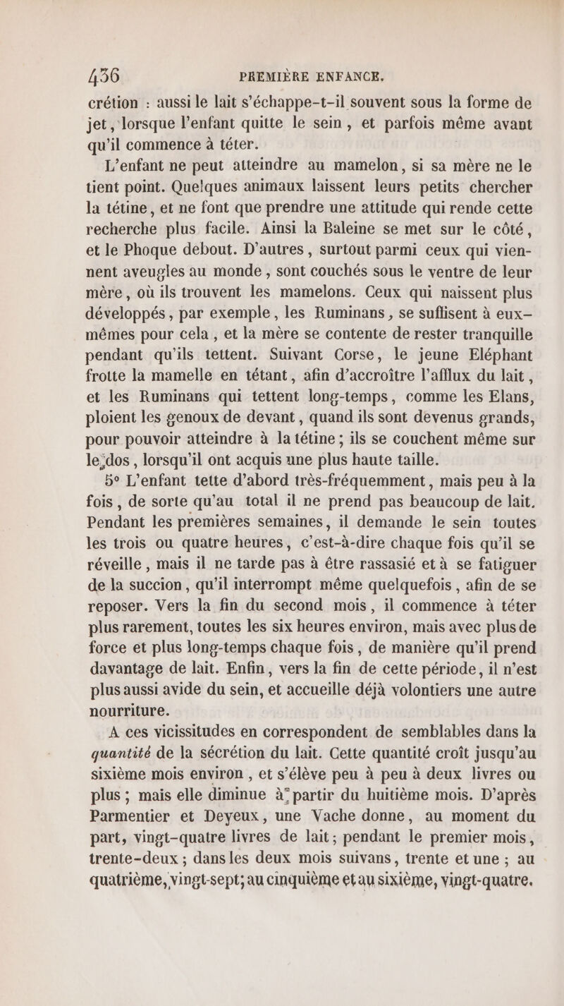 crétion : aussi le lait s’'échappe-t-il souvent sous la forme de jet , lorsque l'enfant quitte le sein, et parfois même avant qu'il commence à téter. L'enfant ne peut atteindre au mamelon, si sa mère ne le tient point. Quelques animaux laissent leurs petits chercher la tétine, et ne font que prendre une attitude qui rende cette recherche plus facile. Ainsi la Baleine se met sur le côté, et le Phoque debout. D’autres, surtout parmi ceux qui vien- nent aveugles au monde , sont couchés sous le ventre de leur mère, où ils trouvent les mamelons. Ceux qui naissent plus développés, par exemple, les Ruminans , se suflisent à eux- mêmes pour cela , et la mère se contente de rester tranquille pendant qu'ils tettent. Suivant Corse, le jeune Eléphant frotte la mamelle en tétant, afin d'accroître l’afflux du lait , et les Ruminans qui tettent long-temps, comme les Elans, ploient les genoux de devant, quand ils sont devenus grands, pour pouvoir atteindre à la tétine ; ils se couchent même sur le dos , lorsqu'il ont acquis une plus haute taille. 5° L'enfant tette d’abord très-fréquemment, mais peu à la fois , de sorte qu’au total il ne prend pas beaucoup de lait, Pendant les premières semaines, il demande le sein toutes les trois ou quatre heures, c’est-à-dire chaque fois qu’il se réveille , mais il ne tarde pas à être rassasié et à se fatiguer de la succion, qu'il interrompt même quelquefois , afin de se reposer. Vers la fin du second mois, il commence à téter plus rarement, toutes les six heures environ, mais avec plus de force et plus long-temps chaque fois, de manière qu’il prend davantage de lait. Enfin, vers la fin de cette période, il n’est plus aussi avide du sein, et accueille déjà volontiers une autre nourriture. À ces vicissitudes en correspondent de semblables dans la quantité de la sécrétion du lait. Cette quantité croît jusqu’au sixième mois environ , et s’élève peu à peu à deux livres ou plus ; mais elle dimmue à” partir du huitième mois. D’après Parmentier et Deyeux, une Vache donne, au moment du part, vingt-quatre livres de lait; pendant le premier mois, trente-deux ; dans les deux mois suivans, trente et une ; au quatrième, vingt-sept; au cinquième etau sixième, vingt-quatre.