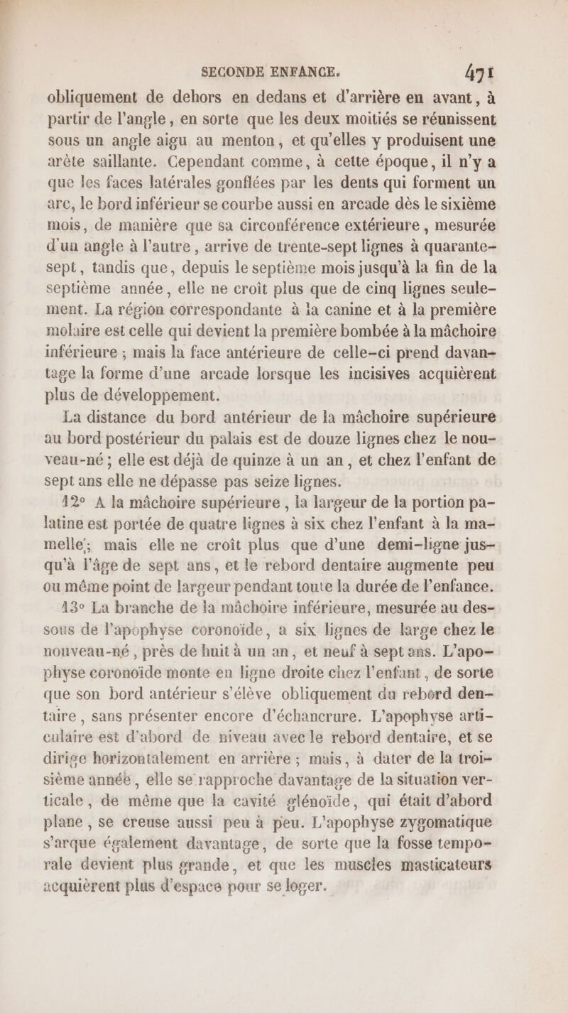 obliquement de dehors en dedans et d’arrière en avant, à partir de l’angle , en sorte que les deux moitiés se réunissent sous un angle aigu au menton, et qu'elles y produisent une arète saillante. Cependant comme, à cette époque, il n’y a que les faces latérales gonflées par les dents qui forment un arc, le bord inférieur se courbe aussi en arcade dès le sixième mois, de manière que sa circonférence extérieure , mesurée d'un angle à l’autre , arrive de trente-sept lignes à quarante- sept, tandis que, depuis le septième mois jusqu'à la fin de la septième année, elle ne croît plus que de cinq lignes seule- ment. La région correspondante à ia canine et à la première molaire est celle qui devient la première bombée à la mâchoire inférieure ; mais la face antérieure de celle-ci prend davan- tage la Fr d’une arcade lorsque les incisives ac quieaRé plus de développement. La distance du bord antérieur de la mâchoire supérieure au bord postérieur du palais est de douze lignes chez le nou- veau-né ; elle est déjà de quinze à un an, et chez l'enfant de sept ans elle ne dépasse pas seize lignes. 12° A la mâchoire supérieure , la largeur de la né dA pa- latine est portée de quatre lignes à six chez l'enfant à la ma- melle; mais elle ne croît plus que d’une demi-ligne jus- qu’à l’âge de sept ans, et le rebord dentaire augmente peu ou même point de largeur pendant toute la durée de l'enfance. 13° La branche de ia mâchoire inférieure, mesurée au des- sous de l’apophyse coronoide, a six lignes de large chez le nouveau-né , près de huit à un an, et neuf à sept ans. L’apo- physe coronoïde monte en ligne droite chez l'enfant, de sorte que son bord antérieur s'élève obliquement du reberd den- taire , sans présenter encore d’échancrure. L’apophyse arti- culaire est d'abord de niveau avec le rebord dentaire, et se dirige horizontalement en arrière ; muis, à dater de la troi- sième année, elle se rapproche davantage de la situation ver- ticale, de même que la cavité glénoïde, qui était d’abord plane , se creuse aussi peu à peu. L'apophyse zygomatique s’arque également davantage, de sorte que la fosse tempo- rale devient plus grande, et que les muscles masticateurs acquièrent plus d'espace pour se loger.