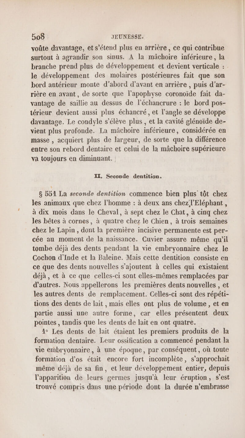 voûte davantage, et s'étend plus en arrière, ce qui contribue surtout à agrandir son sinus. À la mâchoire inférieure, la branche prend plus de développement et devient verticale : . le développement des molaires postérieures fait que son bord antérieur monte d’abord d'avant en arrière , puis d’ar- rière en avant, de sorte que l’apophyse coronoïde fait da- vantage de saillie au dessus de l’échancrure : le bord pos- térieur devient aussi plus échancré, et l’angle se développe davantage. Le condyle s'élève plus , et la cavité glénoïde de- vient plus profonde. La mâchoire inférieure, considérée en masse , acquiert plus de largeur, de sorte que la différence entre son rebord dentaire et celui de la mâchoire supérieure va toujours en diminuant. | IT, Seconde dentition. $ 551 La seconde dentition commence bien plus tôt chez les animaux que chez l’homme : à deux ans chez l'Eléphant, à dix mois dans le Cheval, à sept chez le Chat, à cinq chez les bêtes à cornes, à quatre chez le Chien, à trois semaines chez le Lapin , dont la première incisive permanente est per- cée au moment de la naissance. Cuvier assure même qu’il tombe déjà des dents pendant la vie embryonnaire chez le Cochon d'Inde et la Baleine. Mais cette dentition consiste en ce que des dents nouvelles s'ajoutent à celles qui existaient déjà , et à ce que celles-ci sont elles-mêmes remplacées par d’autres. Nous appellerons les premières dents nouvelles , et les autres dents de remplacement. Celles-ci sont des répéti- tions des dents de lait , mais elles ont plus de volume , et en partie aussi une autre forme, car elles présentent deux pointes , tandis que les dents de lait en ont quatre. î° Les dents de lait étaient les premiers produits de Îa formation dentaire. Leur ossification a commencé pendant la vie embryonnaire, à une époque, par conséquent, où toute formation d’os était encore fort mcomplète, s’approchait même déjà de sa fin, et leur développement entier, depuis l'apparition de leurs germes jusqu'à leur éruption, s’est trouvé compris dans une période dont la durée n’embrasse