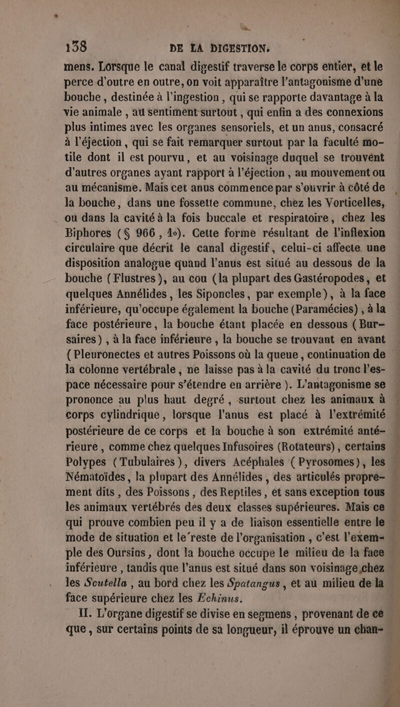 LR 138 _ DE LA DIGESTION, mens. Lorsque le canal digestif traverse le corps entier, et le perce d’outre en outre, on voit apparaître l’antagonisme d’une bouche , destinée à l’ingestion , qui se rapporte davantage à la vie animale , au sentiment surtout , qui enfin a des connexions plus intimes avec les organes sensoriels, et un anus, consacré à l'éjection , qui se fait remarquer surtout par la faculté mo- tile dont il est pourvu, et au voisinage duquel se trouvént d’autres organes ayant rapport à l’éjection , au mouvement ou au mécanisme. Mais cet anus commence par s'ouvrir à côté de là bouche, dans une fossette commune, chez les Vorticelles, . ou dans la cavité à la fois buccale et respiratoire, chez les Biphores (S 966 , 1). Cette forme résultant de l’inflexion circulaire que décrit le canal digestif, celui-ci affecte. une disposition analogue quand l’anus est situé au dessous de la bouche (Flustres }, au cou (la plupart des Gastéropodes, et quelques Annélides , les Siponcles, par exemple), à la face inférieure, qu’occupe également la bouche (Paramécies) , à la face postérieure, la bouche étant placée en dessous ( Bur- saires } , à la face inférieure , la bouche se trouvant en avant ( Pleuronectes et autres Poissons où la queue, continuation de la colonne vertébrale , ne laisse pas à la cavité du tronc l’es- pace nécessaire pour s’étendre en arrière ). L'antagonisme se prononce au plus haut degré , surtout chez les animaux à corps cylindrique, lorsque l'anus est placé à l'extrémité postérieure de ce corps et la bouche à son extrémité anté- rieure , comme chez quelques Infusoires (Rotateurs) , certains M Polypes (Tubulaires), divers Acéphales ( Pyrosomes), les . Nématoïdes, la plupart des Annélides , des articulés propre- ment dits , des Poissons , des Reptiles , et sans exception tous les animaux vertébrés des deux classes supérieures. Mais ce qui prouve combien peu il y a de liaison essentielle entre le« mode de situation et le’reste de l’organisation , c’est l'exem= ple des Oursins, dont la bouche occupe le milieu de la face inférieure , tandis que l'anus est situé dans son voisinage chez les Seutella , au bord chez les Spatangus , et au milieu de la face supérieure chez les Echinus. IT. L'organe digestif se divise en segmens , provenant de ce que , sur Certains points de sa longueur, il éprouve un chan-