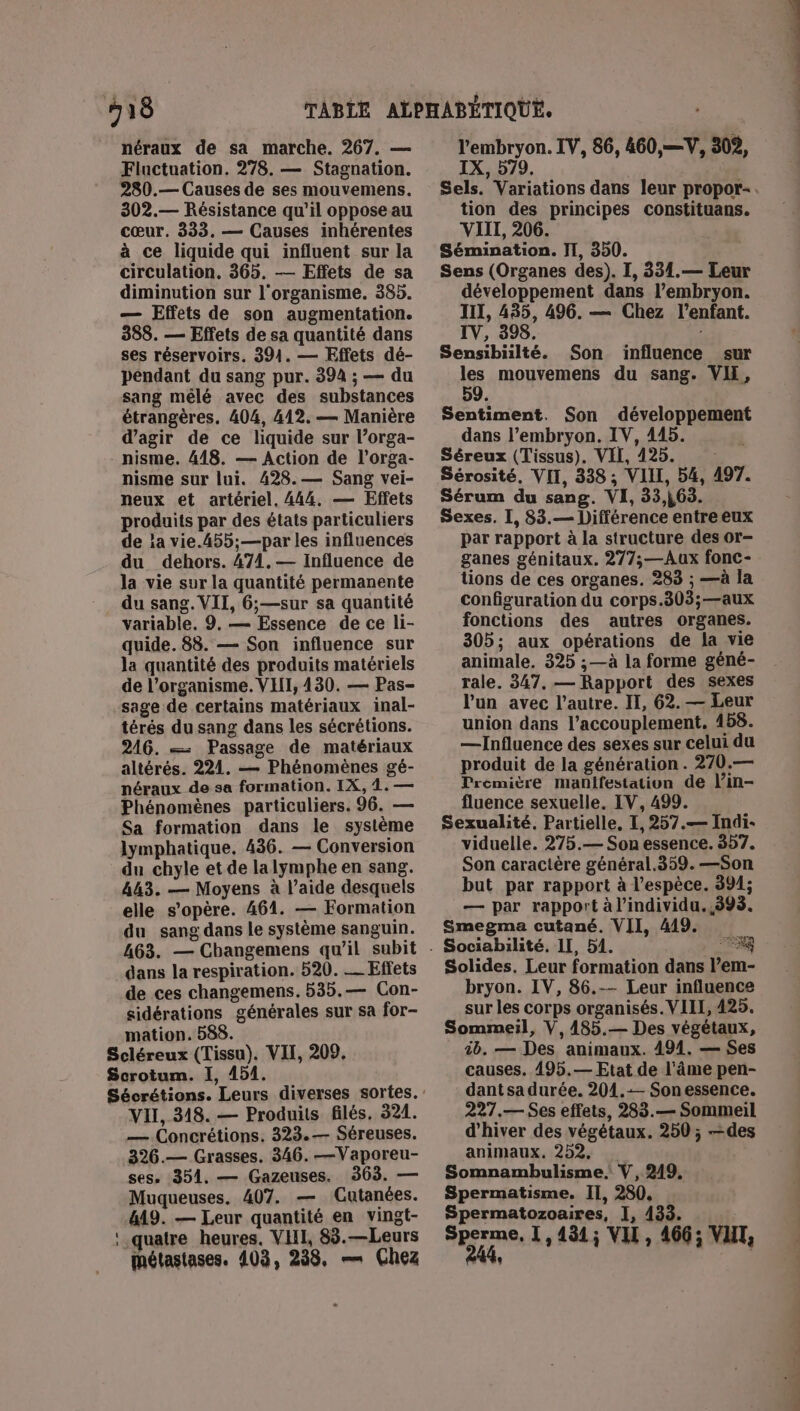 736 néraux de sa marche. 267. — Fluctuation. 278. — Stagnation. 280.— Causes de ses mouvemens. 302.— Résistance qu’il oppose au cœur. 333. — Causes inhérentes à ce liquide qui influent sur la circulation, 365. — Effets de sa diminution sur l'organisme. 385. — Effets de son augmentation. 388. — Effets de sa quantité dans ses réservoirs. 394. — Effets dé- pendant du sang pur. 394 ; — du sang mélé avec des substances étrangères, 404, 412. — Manière d'agir de ce liquide sur l’orga- nisme. 418. — Action de l’orga- nisme sur lui. 428.— Sang vei- neux et artériel. 444, — Effets produits par des états particuliers de ia vie.455;—par les influences du dehors. 471, — Influence de la vie sur la quantité permanente du sang. VII, 6;—sur sa quantité variable. 9. — Essence de ce li- quide. 88. — Son influence sur la quantité des produits matériels de l'organisme. VII, 430. — Pas- sage de certains matériaux inal- térés du sang dans les sécrétions. 246. — Passage de matériaux altérés. 221. — Phénomènes gé- néraux de sa formation. IX, 4. — Phénomènes particuliers. 96. — Sa formation dans le système lymphatique. 436. — Conversion du chyle et de lalymphe en sang. 443. — Moyens à l’aide desquels elle s'opère. 461. — Formation du sang dans le système sanguin. 463. — Changemens qu’il subit dans la respiration. 520. _ Effets de ces changemens. 535.— Con- sidérations générales sur sa for- mation. 588. l'embryon. IV, 86, 460,—V, 309, IX, 579. Sels. Variations dans leur propor- . tion des principes constituans. VIII, 206. Sémination. IT, 350. Sens (Organes des). I, 331.— Leur développement dans l'embryon. III, 485, 496. — Chez l'enfant. IV, 398 Sensibiilté. Son tente sur les mouvemens du sang. VH, Sentiment. Son RP LNGEENS dans l’embryon. IV, 445. Séreux (Tissus). VIT, 1%. Sérosité, VII, 338; VI, 54, 497. Sérum du sang. VI, 33 63. Sexes. I, 83. — Différence entre eux par rapport à la structure des or- ganes génitaux. 277;—Aux fonc- tions de ces organes. 283 ; —à la configuration du corps. 303; — aux fonctions des autres organes. 305; aux opérations de la vie animale. 325 ;—à la forme géné- rale. 347. — Rapport des sexes lun avec l’autre. I, 62. — Leur union dans l’accouplement. 158. — Influence des sexes sur celui du produit de la génération. 270.— Première ManNlfestation de l’in- fluence sexuelle. IV, 499. Sexualité, Partielle, L 257.— Indi- viduelle. 275.— Son essence. 357. Son caractère général. 359. —Son but par rapport à l’espèce. 391; — par rapport à l'individu. 393. Smegma cutané. VII, 419. Solides. Leur formation dans l’em- bryon. IV, 86.-- Leur influence sur les corps organisés. VIII, 425. Sommeil, V,185.— Des végétaux, id. — Des animaux. 491. — Ses causes. 495.— Etat de l'âme pen- dant sa durée. 201.-— Sonessence. Scléreux (Tissu). VII, 209. Sorotum. I, 4151. Sécrétions. Leurs diverses sortes. : VII, 318. — Produits filés. 321. —— Concrétions. 323.— Séreuses. 326.— Grasses. 346. —Vaporeu- 227.— Ses effets, 283.— Sommeil d'hiver des végétaux. 250 ; —des animaux. 252, Somnambulisme. V, 249, Spermatisme. Il, 280, Spermatozoaires, I, 433. sperneude 1,431; VIH, 466 ; VAT, ses. 351. — Gazeuses. 363. — Muqueuses. 407. — Cutanées. &amp;19. — Leur quantité en vingt- : quatre heures. VII, 85. —Leurs métastases. 103, 238, — Chez