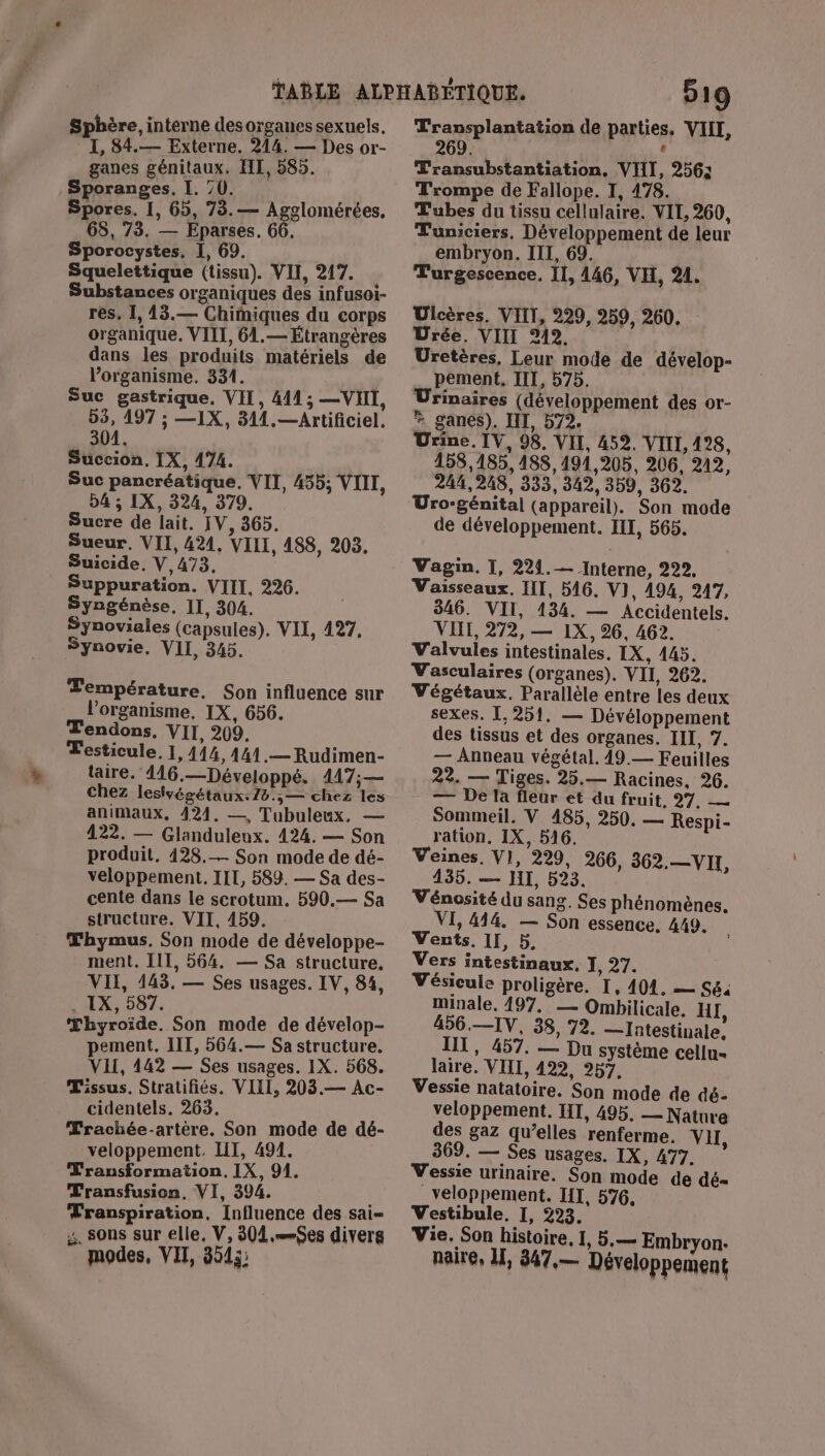 Sphère, interne desorganes sexuels, : I, 84.— Externe. 244. — Des or- ganes génitaux, III, 585. Sporanges, I. 70. Spores. I, 6b, 73.— Agslomérées, 68, 73. — Eparses. 66. Sporocystes. I, 69. Squelettique (tissu). VII, 217. Substances organiques des infusoi- res, I, 43.— Chimiques du corps organique. VIII, 61.— Étrangères dans les produits matériels de Vorganisme. 331. | Suc gastrique, VIX, 441 ; — VII, 93, 497 ; —I1X, 311.—Artificiel. 304. Succion, IX, 474. Suc pancréatique, VII, 455; VIII, 54; IX, 324, 379. Sucre de lait. IV, 365. Sueur., VII, 424, VIII, 488, 203. Suicide. V,473. Suppuration. VIII, 226. Syngénèse, II, 304. Synoviales (capsules). VIL, 427. Synovie, VII, 345. Température. Son influence sur l'organisme, IX, 656. Tendons, VII, 209. Testicule, 1,444, 441.— Rudimen- taire. 116.—Développé. 417; — Chez lesivégétaux:/8.;— chez les animaux, 424. —, Tubuleux, — 422. — Glanduleux. 424. — Son produit, 428. Son mode de dé- veloppement, IIT, 589. — Sa des- cente dans Le scrotum. 590.— Sa structure, VII, 459. Thymus, Son mode de développe- ment. III, 564. — Sa structure. VII, 143. — Ses usages. IV, 84, , 1X, 587. Thyroïde. Son mode de dévelop- pement. IIT, 564.— Sa structure. VII, 442 — Ses usages. IX. 568. Tissus. Stratifiés. VIII, 203.— Ac- cidentels. 263. Trachée-artére, Son mode de dé- veloppement. LIT, 491. Transformation. IX, 91. Transfusion, VI, 394. Franspiration, Influence des sai- 4. sons sur elle, V, 304,508 divers modes, VIT, 3543; 519 Transplantation de parties. VIII, 269. t Transubstantiation. VIII, 2563: Trompe de Fallope. I, 478. Tubes du tissu cellulaire. VIT, 260, Tuniciers, Développement de leur embryon. III, 69. Turgescence. Il, 146, VH, 21. Ulcères. VIIT, 229, 259, 260. Urée. VIII 242, Uretères, Leur mode de dévelop- pement. III, 575. Urinaires (développement des or- » ganes). III, 572. Urine. IV, 98. VII, 452. VIII 498, 158,185, 488, 194,205, 206, 212, 244,248, 333, 342, 359, 362. Uro-génital (appareil). Son mode de développement. III, 565. Vagin. I, 221.— Interne, 222, Vaisseaux. III, 546. V), 494, 247, 346. VII, 1434. — Accidentels. VII, 272, — 1X, 26, 462. Valvules intestinales. IX, 445. Vasculaires (organes). VII, 262. Végétaux. Parallèle entre les deux sexes. I, 251, — Dévéloppement des tissus et des organes. III, 7. — Anneau végétal. 49.— Feuilles 22. — Tiges. 25.— Racines. 26. — De Ta fleur et du fruit, 27, — Sommeil. V 485, 250. — Respi- ration, IX, 516. Veines, VI, 229, 266, 362.—VII, 435. — HI, 523. Vénosité du sang. Ses phénomènes. VI, 444. — Son essence. 449. Vents. II, 5. Vers intestinaux, 1,27. Vésicule proligère. I, 404. — Sé. minale, 197, — Ombilicale. HI, 456.—IV, 38, 72. —Intestinale; IL, 457. — Du système celln- laire. VIII, 422, 257. Vessie natatoire. Son mode de dé- veloppement. HI, 495. — Nature des gaz qu’elles renferme. VII, 369. — Ses usages. IX, 477. Vessie urinaire. Son mode de dé- _veloppement. HI, 576. Vestibule, I, 223. Vie. Son histoire, 1, 5, — Embryon. naire, M, 347,— Développement