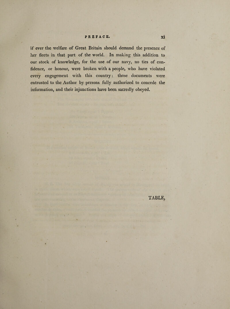 if ever the welfare of Great Britain should demand the presence of her fleets in that part of the world. In making this addition to our stock of knowledge, for the use of our navy, no ties of con¬ fidence, or honour, were broken with a people, who have violated every engagement with this country: those documents were entrusted to the Author by persons fully authorized to concede the information, and their injunctions have been sacredly obeyed. TABLE,