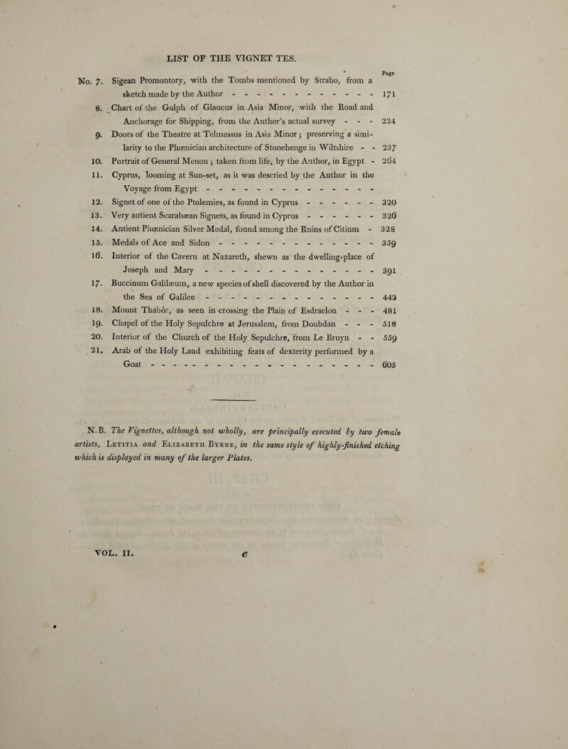 LIST OF THE VIGNET TES. No. 7. Sigean Promontory, with the Tombs mentioned by Strabo, from a sketch made by the Author - -- -- -- -- -- - 171 8. Chart of the Gulph of Glaucus in Asia Minor, with the Road and Anchorage for Shipping, from the Author’s actual survey - - - 224 9. Doors of the Theatre at Telmessus in Asia Minor; preserving a simi¬ larity to the Phoenician architecture of Stonehenge in Wiltshire - - 237 10. Portrait of General Menou taken from life, by the Author, in Egypt - 264 11. Cyprus, looming at Sun-set, as it was descried by the Author in the Voyage from Egypt - -- -- -- -- -- -- - 12. Signet of one of the Ptolemies, as found in Cyprus - -- -- -320 13. Very antient Scarabaean Signets, as found in Cyprus ------ 326 14. Antient Phoenician Silver Medal, found among the Ruins of Citium - 328 15. Medals of Ace and Sidon - -- -- -- -- -- -- 359 16. Interior of the Cavern at Nazareth, shewn as the dwelling-place of Joseph and Mary - - -- -- -- -- -- -- 391 17. Buccinum Galilaeum, a new species of shell discovered by the Author in the Sea of Galilee - -- -- -- -- -- -- - 442 18. Mount Thabor, as seen in crossing the Plain of Esdraelon - - - 481 19. Chapel of the Holy Sepulchre at Jerusalem, from Doubdan - - - 518 20. Interior of the Church of the Holy Sepulchre, from Le Bruyn - - 559 21. Arab of the Holy Land exhibiting feats of dexterity performed by a Goat - -- -- -- -- -- -- - -- -- - 605 artists, Letitia and Elizabeth Byrne, in the same style of highly-finished etching which is displayed in many of the larger Plates. VOL. II. e