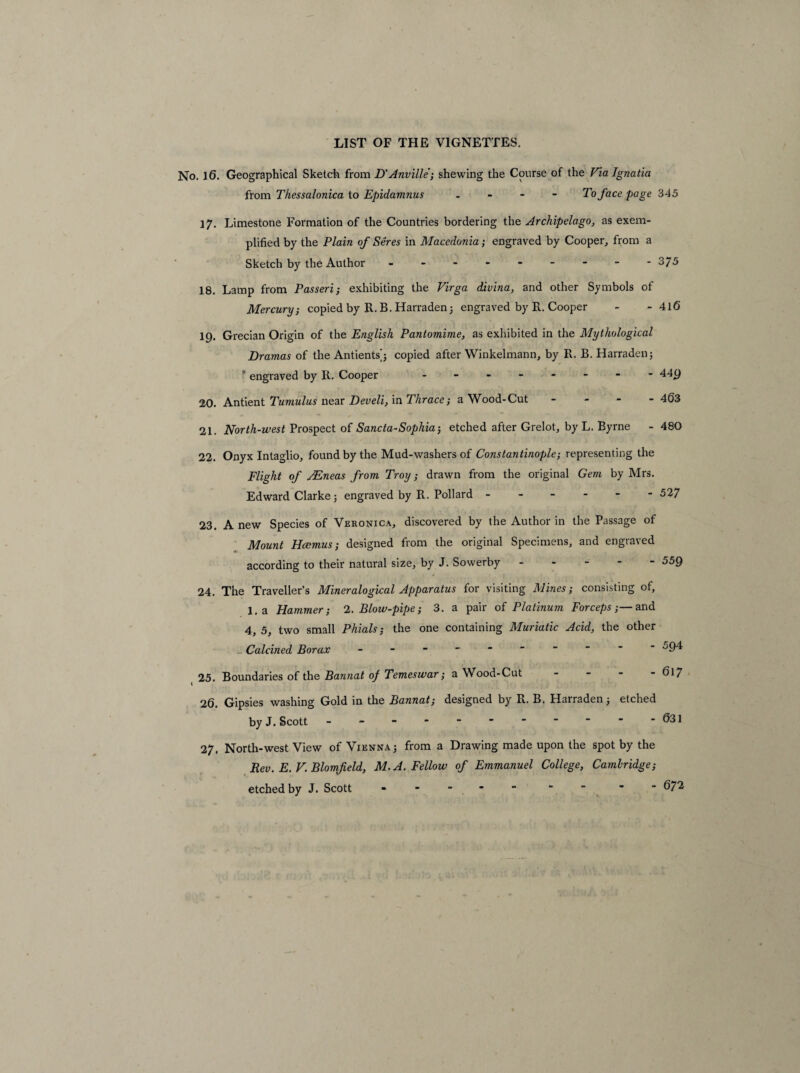 No. 16. Geographical Sketch from D'Anville; shewing the Course of the Via Ignatia from Thessalonica to Epidamnus - To face page 34 5 17. Limestone Formation of the Countries bordering the Archipelago, as exem¬ plified by the Plain of Seres in Macedonia; engraved by Cooper, from a Sketch by the Author - - - - - - - - -375 18. Lamp from Passeri; exhibiting the Virga divina, and other Symbols of Mercury, copied by R. B. Harradenj engraved by R. Cooper - - 410' 19. Grecian Origin of the English Pantomime, as exhibited in the Mythological Dramas of the Antients'j copied after Winkelmann, by R. B. Harradenj !* engraved by R. Cooper -------- 449 20. Antient Tumulus near Develi, in Thrace; a Wood-Cut - 463 21. North-west Prospect of Sancta-Sophia j etched after Grelot, by L. Byrne - 480 22. Onyx Intaglio, found by the Mud-washers of Constantinople; representing the Flight of /Eneas from Troy; drawn from the original Gem by Mrs. Edward Clarke j engraved by R. Pollard ------ 527 23. A new Species of Veronica, discovered by the Author in the Passage of Mount Hcemus; designed from the original Specimens, and engraved according to their natural size, by J. Sowerby ----- 559 24. The Traveller’s Mineralogical Apparatus for visiting Mines; consisting of, l.a Hammer; 2. Blow -pipe; 3. a pair of Platinum Forceps;—and 4, 5, two small Phials; the one containing Muriatic Acid, the other . Calcined Borax - -- -- -- -- - 594 25. Boundaries of the Bannat of Temeswar; a Wood-Cut - - - - 6\J 26. Gipsies washing Gold in the Bannat; designed by R. B. Harradenj etched by J. Scott - - - - -  - “   -631 27. North-west View of Vienna j from a Drawing made upon the spot by the Rev. E. V. Blomfeld, M. A. Fellow of Emmanuel College, Cambridge; etched by J. Scott - “  672
