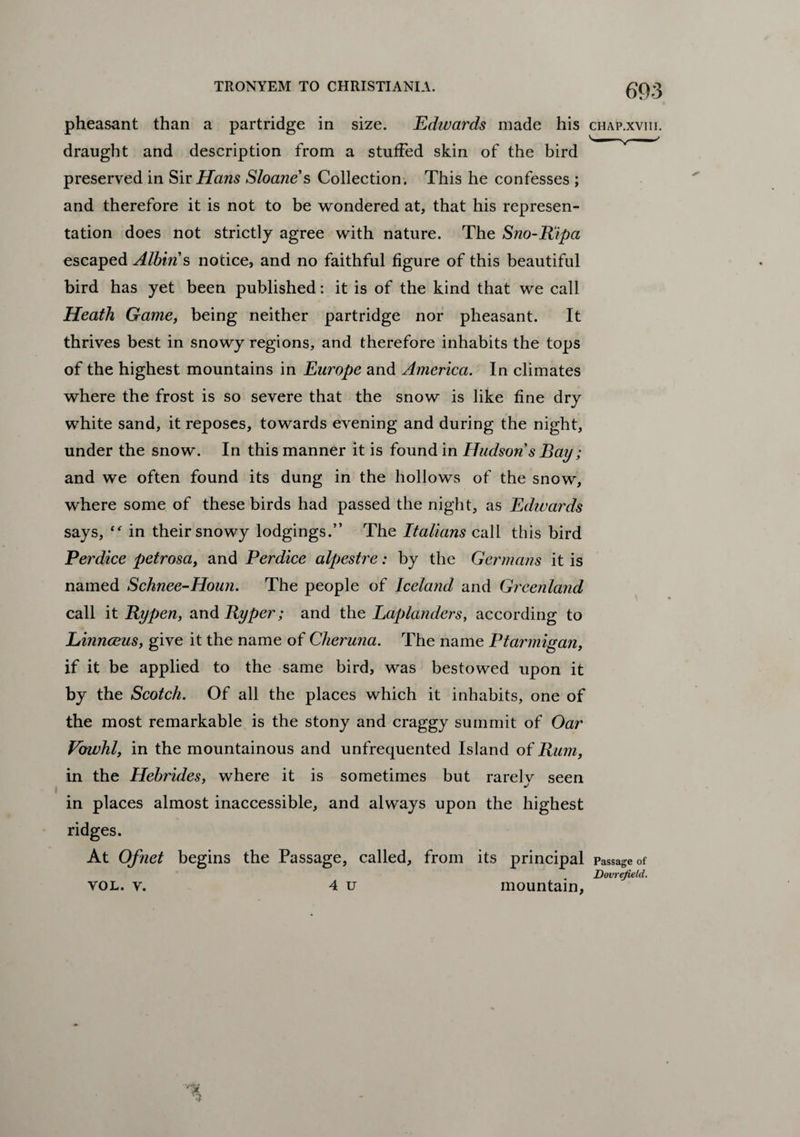 pheasant than a partridge in size. Edwards made his chap.xviii. draught and description from a stuffed skin of the bird preserved in Sir Hans Sloane's Collection. This he confesses ; and therefore it is not to be wondered at, that his represen¬ tation does not strictly agree with nature. The Sno-Ripa escaped Albin s notice, and no faithful figure of this beautiful bird has yet been published: it is of the kind that we call Heath Game, being neither partridge nor pheasant. It thrives best in snowy regions, and therefore inhabits the tops of the highest mountains in Europe and America. In climates where the frost is so severe that the snow is like fine dry white sand, it reposes, towards evening and during the night, under the snow. In this manner it is found in Hudson s Bay; and we often found its dung in the hollows of the snow, where some of these birds had passed the night, as Edwards says, <r in their snowy lodgings.” The Italians call this bird Perdice petrosa, and Perdice alpestre: by the Germans it is named Schnee-Houn. The people of Iceland and Greenland call it Rypen, and Ryper; and the Laplanders, according to Linnceus, give it the name of Cheruna. The name Ptarmigan, if it be applied to the same bird, was bestowed upon it by the Scotch. Of all the places which it inhabits, one of the most remarkable is the stony and craggy summit of Oar Vowhl, in the mountainous and unfrequented Island of Rum, in the Hebrides, where it is sometimes but rarelv seen in places almost inaccessible, and always upon the highest ridges. At Ofnet begins the Passage, called, from its principal passage of Dovrefield.