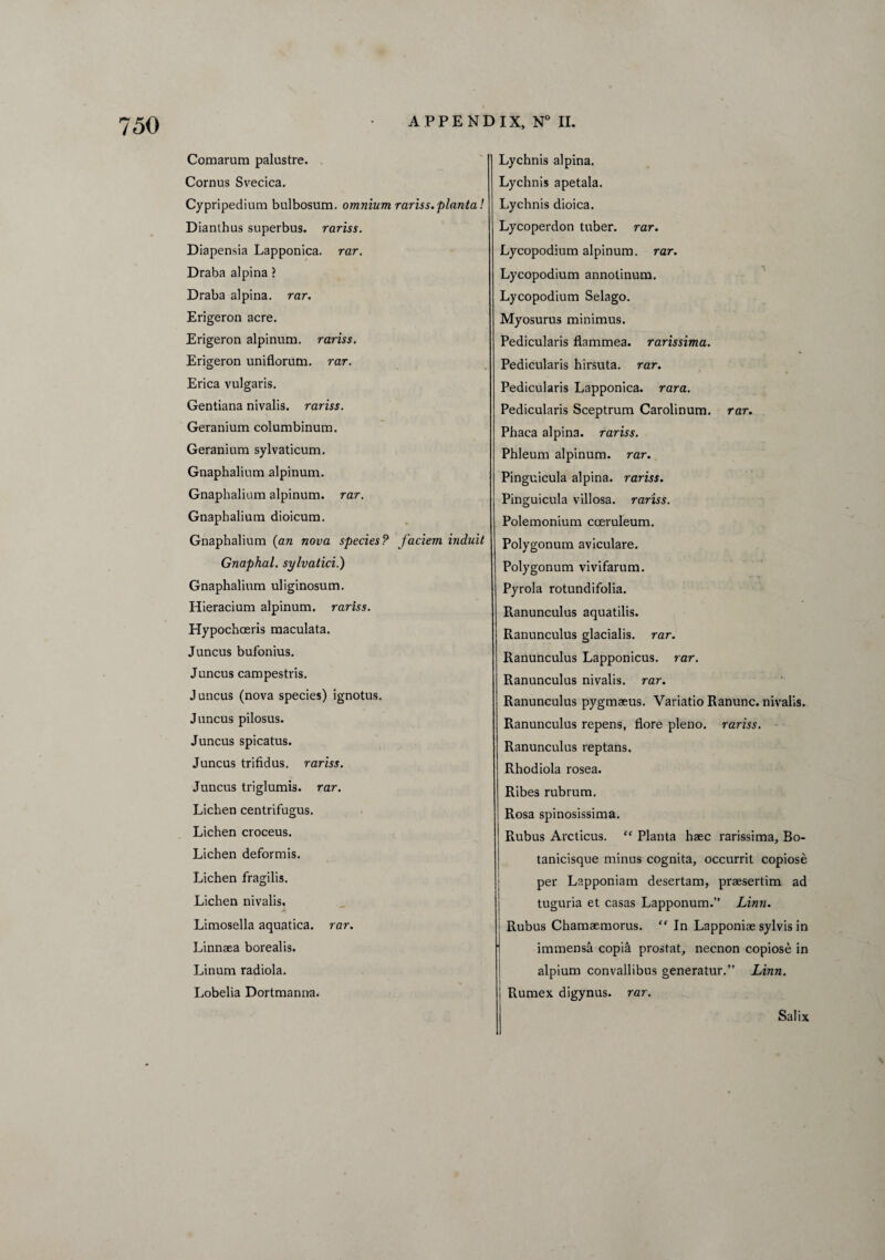 Comarum palustre. Cornus Svecica. Cypripedium bulbosum. omnium rariss. planta! Dianthus superbus. rariss. Diapensia Lapponica. rar. Draba alpina ? Draba alpina. rar. Erigeron acre. Erigeron alpinum. rariss. Erigeron uniflorum. rar. Erica vulgaris. Gentiana nivalis, rariss. Geranium columbinum. Geranium sylvaticum. Gnaphalium alpinum. Gnaphalium alpinum. rar. Gnaphalium dioicum. Gnaphalium (an nova species? faciem induit Gnaphal. sylvatici.) Gnaphalium uliginosum. Hieracium alpinum. rariss. Hypochoeris maculata. Juncus bufonius. Juncus campestris. Juncus (nova species) ignotus. Juncus pilosus. Juncus spicatus. Juncus trifidus. rariss. Juncus triglumis. rar. Lichen centrifugus. Lichen croceus. Lichen deformis. Lichen fragilis. Lichen nivalis. Limosella aquatica. rar. Linnaea borealis. Linum radiola. Lobelia Dortmanna. Lychnis alpina. Lychnis apetala. Lychnis dioica. Lycoperdon tuber, rar. Lycopodium alpinum. rar. Lycopodium annotinum. Lycopodium Selago. Myosurus minimus. Pedicularis flammea. rarissima. Pedicularis hirsuta. rar. Pedicularis Lapponica. rara. Pedicularis Sceptrum Carolinum. rar. Phaca alpina. rariss. Phleum alpinum. rar. Pinguicula alpina. rariss. Pinguicula villosa. rariss. Polemonium cceruleum. Polygonum aviculare. Polygonum vivifarum. Pyrola rotundifolia. Ranunculus aquatilis. Ranunculus glacialis. rar. Ranunculus Lapponicus. rar. Ranunculus nivalis, rar. Ranunculus pygmseus. Variatio Ranunc. nivalis. Ranunculus repens, flore pleno. rariss. Ranunculus reptans. Rhodiola rosea. Ribes rubrum. Rosa spinosissima. Rubus Arcticus. “ Planta haec rarissima, Bo- tanicisque minus cognita, occurrit copiose per Lapponiam desertam, praesertim ad tuguria et casas Lapponum.” Linn. Rubus Chamaemorus. “ In Lapponiae sylvis in immensa copia prostat, necnon copiose in alpium convallibus generatur.” Linn. Rumex digynus. rar. Salix \