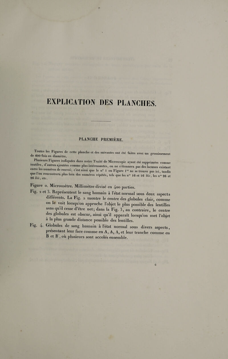 EXPLICATION DES PLANCHES. PLANCHE PREMIÈRE. Toutes les Figures de cette planche et des suivantes ont été faites avec un grossissement de 400 fois en diamètre. Plusieurs Figures indiquées dans notre Traité de Microscopie ayant été supprimées comme mutiles, d autres ajoutées comme plus intéressantes, on ne s’étonnera pas des lacunes existant entre les numéros de renvoi; c’est ainsi que le n» 1 ou Figure 1- ne se trouve pas ici, tandis que I on rencontrera plus loin des numéros répétés, tels que les n 16 et 16 bb, les 26 et 26 bis, etc. Figure O. Micromètre. Millimètre divisé en 4oo parties. Fig. 2 et 3. Représentent le sang humain à l’état normal sous deux aspects différents. La Fig. 2 montre le centre des globules clair, comme on le voit lorsqu’on approche l’objet le plus possible des lentilles sans quil cesse d’être net; dans la Fig. 3, au contraire, le centre des globules est obscur, ainsi qu’il apparaît lorsqu’on met l’objet à la plus grande distance possible des lentilles. Fig. 4- Globules de sang humain à l’état normal sous divers aspects, piésentant leur face comme en A, A, A, et leur tranche comme en B et B , ou plusieurs sont accolés ensemble. ü