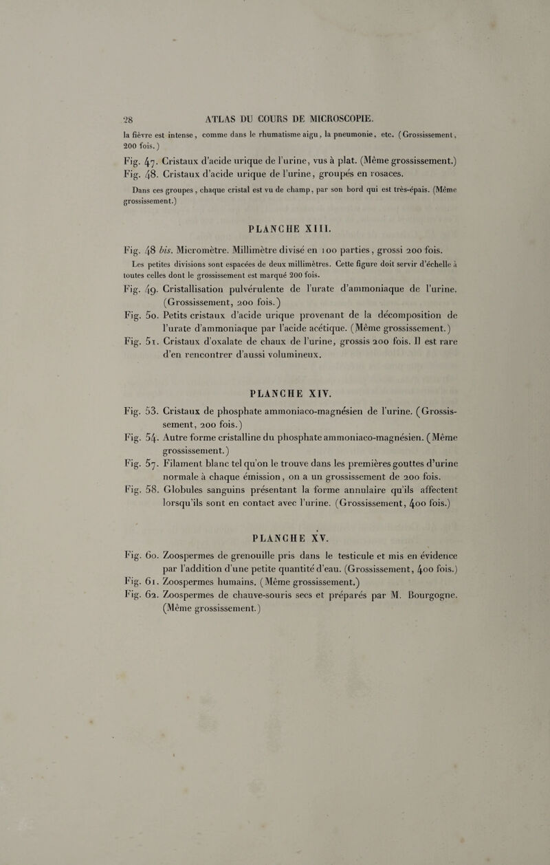 la fièvre est intense, comme dans le rhumatisme aigu, la pneumonie, etc. (Grossissement, 200 fois. ) Fig. 47* Cristaux d’acide urique de l’urine, vus à plat. (Même grossissement.) Fig. 48. Cristaux d’acide urique de l’urine, groupes en rosaces. Dans ces groupes , chaque cristal est vu de champ, par son hord qui est très-épais. (Même grossissement.) PLANCHE XIII. Fig. 48 bis. Micromètre. Millimètre divisé en loo parties, grossi 200 fois. Les petites divisions sont espacées de deux millimètres. Cette figure doit servir d’échelle à toutes celles dont le grossissement est marqué 200 fois. Fig. 49- Cristallisation pulvérulente de l’urate d’ammoniaque de l’urine. (Grossissement, 2.00 fois.) Fig. 5o. Petits cristaux d’acide urique provenant de la décomposition de l’urate d’ammoniaque par l’acide acétique. (Même grossissement.) Fig. 5i. Cristaux d’oxalate de chaux de l’urine, grossis 200 fois. Il est rare d’en rencontrer d’aussi volumineux. PLANCHE XIV. Fig. 53. Cristaux de phosphate ammoniaco-magnésien de l’urine. (Grossis¬ sement, 200 fois.) Fig. 54. Autre forme cristalline du phosphate ammoniaco-magnésien. (Même grossissement.) Fig. 57. Filament blanc tel qu’on le trouve dans les premières gouttes d’urine normale à chaque émission, on a un grossissement de 200 fois. Fig. 58. Globules sanguins présentant la forme annulaire qu’ils affectent lorsqu’ils sont en contact avec l’urine. (Grossissement, 4oo fois.) PLANCHE XV. P’ig. 60. Zoospermes de grenouille pris dans le testicule et mis en évidence par l’addition d’une petite quantité d’eau. (Grossissement, 4oo fois.) Pig. 61. Zoospermes humains. (Même grossissement.) Fig. 62. Zoospermes de chauve-souris secs et préparés par M. Bourgogne. (Même grossissement.)