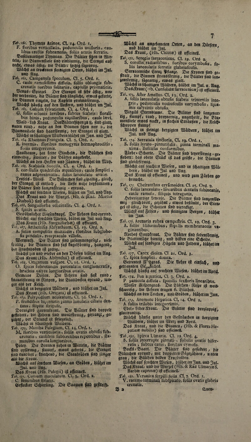 Tab. iöi. Thymus Acinos. CI. 14. Ord. 1. F. floribus verticillatis, pedunculis unifloris, cau- libus ere&is fubramolis, foliis acuiis ferratis. SBaglienartiger Shpmtan. Die «Blätter gßen in SBir/ tclo/ Die «Blumengiele ftnD einblumig, Die Stengel auf; recht, ettpaß ägig, Die SMättev fpifjig fageartig. äßächg an trorfenen getnigten Orten, blühet im 3ul- unD Slug. Tab. 162. Campanula fpeculum. CI. 5. Ord. 1. C. caule ramoliflimo ditFulö> foliis oblongis fub- crenatis Horibus lolitariis, caplulis prismaticis* S2enuß; Spiegel Ser Stengel ig fef>r ägig, um/ her oerbreitet, Die glatter gnD längliche, ettoaß geferbt, Die QMumen einzeln, Die Rapfein prtßmaformig. 58ächg häufig auf Den Slecfern, unb blühet im 3ul. Tab. 161. (jalium fylvadcum. Ci. 4. Ord. 1. G. foliis oftonis laevibus, fubtus l’cabris: florali- bus binis-> pedunculis capillaribus, caule laevi. SöalD < Sab Rraut. Diei93lätter!ft&en ju 8, ftnD glatt. Unten rauh / nahe an Den SMumen fthen nur 2, Die SBlumeugiele gitb haarfßrmtg, Der Stengel ig glatt. SBächft in fd>atttgen ^ÖälDern blühet im 3un. unD 3ul* Tab. 164 Rhamnus Frangula. CI. 5. Ord. 1. R. inermis, floribus monogynis hermaphroditis , fotiis integerfimis. ^aulbaum, hat feine Stacheln, Die SMüthen ftnD eintoeibtg, 3totttcr, Die SMatter ungeferhf. Sßächjf an Den äpeefen unD Sännen, blühet im Sftap. Tab. j6$. Scabiola Succila. Cl. 4, Ord. 1. S. corollulis quadrifidis ffiqualibus, caule fimplici, ramis adproximatis, foliis lanceolato ovacis. Seufelß*Slbbig- Die Sölümcben ftnD 4fpaltig, gleich. Der Stengel ig einfach , Die Siege nahe bepjammen , Die Blätter ftnD lanzettförmig - eprunb. üßäcbg auf feuchten liefen, blühet im 3ul. unbSIug. Daß Rraut uriD Die Sßurjel. (Hb. bc fRad. Morius Diaboli) ftnD offtctneU. Tab. 166. Sanguilbrba ofticinalis. Cl. 4. Ord. 1. S. fpicis ovatis. ©etobhnltcher SBiefcnfnopf. Die Siebten ftnD eprunb. SBiichlt auf feuchten liefen, blühet im 3fu|. unbSIug. S)a& Rraut (Hb, Sanguiforbae) ig officinell. Tot, 167. Arthemifia Abfynthium. Cl. 19. Ord. 2. A. foliis compolitis müiuiidis, floribus fubglobo- fis pendulis, rcceptaculo villofo. SBermutl). Die Spätrer ftnD jufammengefezt, Diel; fralttg, Die 33lumen ftnD fag fugclformig, hangcnD, D»v ftrucptooDen ig jotttg. Sßdchg pm unD tmebev an Den Dorfen blühet im Slug. Das Rraut (Hb. Abl'ynthii) ig officinell. Tab. 168. Origanum vulgäre. Ci. 14. Ord. i. O. fpicis lubrotundis paniculatis conglomeratis, brafteis catyce longioribus ovatis. ©emcine Dogen. Die Sichren fmD fag runD/ fnauelförmig in iKißpen, Die S3lattDetfen eprunD, lan» gcr alß Der Reich. äBäcpg in bergigten SöalDern, unD blühet im 3ul. Daß Rraut (Hb. Origam) ijl officinell. Tab. löy. Pulypodium aculeatum«. Cl. 24- Ord. r. P. frondibus bipmnatis pinnis lunulatis ciliato den- taus, ilipite ftrigoio. Donttgteß ^javrenfvaut. Die SMatter ftnD Doppelt gcfeDevtf Die gcDcrn fmD monDfßrmia, gefranjt, ge/ jahnt, Der Struncf ijt firiegelich. bßächft in fchattigett Sßaioent. Tab. 170. Mtntha Pulegium, Cl. 14. Ord. 1. JVI. Horibus verticnlatis, foliis ovatis obtufisfub- crenatis-) caulibus lbbtcretibusrepentibus, Ita- mimbus corolla longioribus. SJolep. Die S&iumen gehen in 3Bivfeln, Die Blatter ftnD epformtg, fitimpf, ettoafi geferbt, Die Stengel ftnD runDUgt, friechenD, Die StaubfaDen ftnD länger «Iß Die Rrone. abachft auf feuchten Sßtefen, an ©raben, blühetim 3ui. uud Slug. Daß Rraut (Hb. Pulegii) ig officinell. Tab. 171. Conium maculatum. Ci. 5. Ord. 2. C. feminibus Hriatis. ©egeefter Schierling. Die Söamcn gttb gereift. P== 7 Ußachg an ungebaueten Orten, an Den Dörfern unD blühet im 3ul. ' Daß Rraut, (Hb. Cicutce) ig officineU. Tab. 172. Sene.cio larracenicus. CI. 19. Ord 2. S. corollis radiantibus, floribusi corymbofis, fo¬ liis lanceolatis ferratis glabriufculis. Sarracenifche Creui ^Jganje. Die Rronen gnb ge* ftralt, bie Blumen graußfbvmig. Die Blätter ftnD lan* jenrbvmig, fägeartig, ettoaß glatt. SBächg in fdyattigen SßälDern, blühet im 3ul. u. Slug. DaßiRraut(Hb. Coniblidselarracenicce) jg officineU* Tab. 17?. After Amellus. Cl. 19. Ord. 2. A. foliis lanceolatis obtufis fcabris trinerviis inte- gns, pedunculis nudiufculis corymbofis, lqua- mis calycinis obtulis. 53irgilß Sternblume. Die Blätter gnD laujenar; tig, gumpf, raub, Drepneruig, ungetheilt, Die ®!u* mengiele etwaß naeft, in flachen Sträugen, Die Reich» fchuppen gumpf. 5>Dächg tn geinigt- bergigten SSälDern, blühet im 3ul. unD Slug. Tab. 174. vSerratula tinöoria. CI. 19. Ord. r. S. foliis lyrato - pinnatihdis, pinna terminali ma- xima-) llofculis conformibus. Särbe • Scharte. Die glätter ftnD leperfomtig. ge* ftcöert: Daß obere Stücf ig Daß gröge. Die S&iumen ftnD gieithfe-rmig. Sßächg auf reuchtcn liefen, unD in fchatttgen S3351; Dein, blühet int 3ul unD SJug. Daß Rraut ig officinell, unD toirD jum gärben Mt braucht.. Tab. 17s. Cbeiranthus eryftmoides. Cl. 15. Ord. 2. C. foliis lanceolato - linearibus dentatis fubincanis, caule ramolo, filiquis tetragonis. ^eDerigartige ^cpcoje. Die «Blätter gnb lanjenfor* mig gleichbveit, geahnt, ettoaß begäubt, DerSten/ gel igägig, Die Sdtotcen gnD oiereefigt. SBäütg auf Reifen / unD geinigten bergen, blühet im 3««* Tab. 176. Arenaria rubra campeftris. CI. 10. Ord. 3. A. foliis hlifornnbus, ftipulis membranaceis va- ginantibus. Üiotheß SauDfraut. Die «Blätter gnb fabenförmig. Die ’Blattanfäße häutig, unD btlben eine Scheibe. HBächg auf fanDigcn bügeln unD Selbem, blühetim Dui. Tab. 177. Carex dioica. Cl 21. Ord. 3. C. fpica limplici, dioica. ©etrenteß 3t^Dgraß. Die Slehre ig einfach, unD getrennten ©elW!vd)tß. «Sßächg häuggauf leuchten Sßiefen, blühet im Slprit. Tab. 178. Poa aquatica. Cl. 3. Ord. 2. P. panicula diffula ■> lpiculis fexfloris linearibus. SBatfer 0iifpengvaß. Die S5lütl)en.- 3iifpe ig n>eit» fchtoeigg, Die Sichren tragen 6. S51üthen. Sßächg an Den Reichen, unD©räben, blühetint^un. Tab. 170. Anemone Hepatica. CI. 14. Ord 1. A. foliis tnlobis integerrimis. €bel* ^eberRraut. Die Blätter gnb Dreplappig, glattranDig. Sßächg l)äugg unter Den ©egräueben tn bergigten ‘SÖälDern, blühet im 3Jfer$ unD Slpril. Daß Rraut, unD Die SHumcn, (Hb. & Flores He- paticce nobilis) ftnD officinell. Tab.180. Spirca LJlmaria. Cl. 12, Ord. 4. S. foliis interrupte pinnatH, foliolis ovatis bifer- ratis ? fubtus canis, floribus cymofis. «Bocfß/ S3aart. Die «Blätter gnb gegeDert, Die «Blättchen eprunD, mit DoppeltenSägejähnen, unten grau, Die tBlüthen bilDen JrugDolDen. Sßachft auf feuchten Sßiefcn. blühet im 3un. unD 3ul. Daß Rraut/ uud Die Sßurjel (Hb. & Rad UlmameR Barbce capnnae) tg ojficinell. Tab. 181. Vtronica ferpilli folia Cl. 2. Ord. 1. V. racemo terminali fubfpicatoj foliis ovatis glabris crenatis. SB 2 üuen*