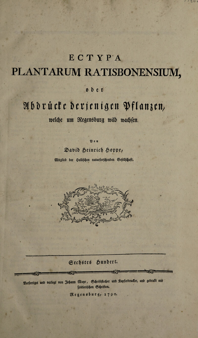 r E C T Y PA PLANTARUM RATISBONENSIUM, ■■ ’ ober §f6t»cöcCc bcrjcnigcn ' A welche um 3?egen$&utg miß wadjfeit. 3Jon 55atui> £eittncJj -öoppc/ S0?Uäliet> t>ec nafui:forfc$ent>en ©eftttfc$aff. 0 I T ©echtes £uiit>ert. » -L=!-—r&g! 33rtfcttiätf unb txcltät #cn 3of>ann unb S'upfecbrurfer, unb ätbtuPf mit 3citlecifc^m ©Reiften. SKegensburg, 1790.