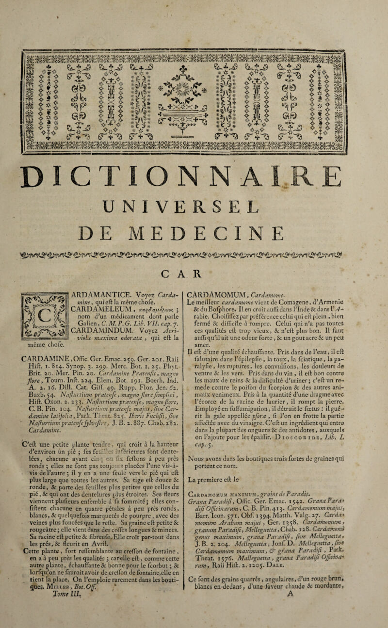 UNIVERSEL DE MEDECINE CAR ARDAMANTICE. Voyez Carda- mine, qui eft la même chofe. CARDAMELEUM, KctçJ'ct/j.tîteicç ; nom d’un médicament dont Galien, C. Al. P. G. Lib. VIL cap. 7. CARDAMINDUM. Voyez Acri- vioLi rnaxima odorata , qui eft la même chofe. CARDAMINE , Offic. Ger. Emac. 259. Ger. 201. Raii Hift. 1. 814. Synop. 3. 299. Merc. Bot. 1. 25. Phyt. Brit. 20. Mer. Pin. 20. Cardamine Pratenfiî, magno flore, Tourn. Inft. 224. Elem. Bot. 191. Boerh. Ind. A. 2. 16. Dill. Cat. Gi(f. 49. Rupp. Flor. Jen. 62. Buxb. 54. Nafturtium pratenfe, magno floreJïmplïci, Hift. Oxon. 2. 233. Nafturtium pratenfe, magno flore, C. B. Pin. 104. Nafturtium pratenfe majus, ftve Car- damine latijoüa, Parle. Theat. 825. Ikeris Fuchfii, fïve Nafturtium pratenfe fylveftre, J. B. 2.887. Cnab.2'82. Cardamine. C’eft une petite plante tendre , qui croît à la hauteur d’environ un pié ; fes feuilles inférieures font dente¬ lées, chacune ayant cinq ou fix feftons à peu près ronds ; elles ne font pas toujours placées l’une vis-à- vis de l’autre ; il y en a une feule vers le pié qui eft plus large que toutes les autres. Sa tige eft douce Sc ronde, Sc porte des feuilles plus petites que celles du pié, Sc qui ont des dentelures plus étroites. Ses fleurs viennent plufieurs enfemble à fa fommité; elles con- fiftent chacune en quatre pétales à peu près ronds, blancs, Sc quelquefois marquetés de pourpre , avec des veines plus foncées que le refte. Sa graine eft petite Sc rougeâtre; elle vient dans descoffes longues & minces. Sa racine eft petite Sc fibreufe. Elle croît par-tout dans les prés, 8c fleurit en Avril. Cette plante , fort reflemblante au creflon de fontaine , en a à peu près les qualités ; car elle eft , comme cette autre plante, échauffante & bonne pour le feorbut ; Sc lorfqu’on ne fauroit avoir de creflon de fontaine,elle en tient la place. On l’emploie rarement dans les bouti¬ ques. Miller, Bot.Off. Tome III, CARDÀMOMUM, Cardamome. Le meilleur cardamome vient de Comagene, d’Armenie &; du Bofphore. Il en croît aufli dans l’Inde Sc dans l’A¬ rabie. Choififlezpar préférence celui qui eft plein ,bien fermé Sc difficile à rompre. Celui qui n’a pas toutes ces qualités eft trop vieux, Sc n’eft plus bon. Il faut auiïi qu’il ait une odeur forte , Sc un goût acre Sc un peu amer. Il eft d’une qualité échauffante. Pris dans de l’eau, il eft falutaire dans l’épilepfie , la toux, la feiatique, la pa- ralyfie, les ruptures, les convulfions, les douleurs de ventre Sc les vers. Pris dans du vin , il eft bon contre les maux de reins Sc la difficulté d’uriner; c’eft un re- mede contre le poifon du feorpion Sc des autres ani¬ maux venimeux. Pris à la quantité d’une dragmeavec l’écorce de la racine de laurier, il rompt la pierre. Employé en fuffumigation, il détruit le fœtus : il gué¬ rit la gale appellée pfora , fi l’on en frotte la partie affeélée avec du vinaigre. C’eft un ingrédient qui entre dans la plupart des onguens Sc des antidotes, auxquels on l’ajoute pour les épaiflir. Dioscoride, Lib. I, cap. 5. Nous avons dans les boutiques trois fortes de graines qui portent ce nom. La première eft le Cardamomum maximum , grains de Paradis. Grana Paradift, Offic. Ger. Emac. 1542. Grana P ara* difi Offic in arum, C. B. Pin. 413. Car damomum majus, Barr. Icon. 571. Obf. 1394. Matth. Valg. 27. Carda* momum Arabum majus , Ger. 1358. Cardamomum , granum Paradift, Melleguetta, Chab. 128. Caraamomi genus maximum, grana Paradift, ftve Melleguetta, J. B. 2.204. Melleguetta, Jonf. D. Melleguetta, ftve Cardamomum maximum, & grana Paradift , Park. Theat. 1576. Malleguetta , grana Paradift Officina- rum, Raii Hift. 2.1205- Dale. Ce font des grains quarrés, angulaires, d’un rouge brun, blancs en-dedans, d’une faveur chaude 8c mordante, A